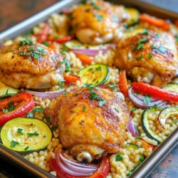 - 4 chicken thighs, bone-in and skin-on - 3 tablespoons harissa paste - 2 tablespoons olive oil I love using chicken thighs for this dish. They stay juicy and tender. The skin adds crispiness and flavor. Harissa paste brings warmth and spice. It’s a North African blend with peppers and spices. Olive oil keeps everything moist and adds richness. - 1 red bell pepper, sliced - 1 zucchini, sliced - 1 red onion, cut into wedges The veggies are colorful and tasty. Red bell pepper adds sweetness. Zucchini gives a nice texture. Red onion brings a sharp bite. Roasting them with the chicken makes them soft and full of flavor. - 1 cup couscous - 1 ½ cups chicken broth - Salt and pepper to taste Couscous is a quick and easy grain. It cooks fast and soaks up flavors well. Using chicken broth instead of water adds depth. Just a pinch of salt and pepper enhances everything. This dish is all about balance, and these ingredients do just that. - Preheat the oven to 425°F (220°C). - In a bowl, mix the harissa paste, olive oil, smoked paprika, lemon zest, lemon juice, salt, and pepper. This is your marinade. - Coat the chicken thighs with the marinade. Make sure they are fully covered. - For the best flavor, let them marinate for at least 30 minutes. You can also marinate them overnight in the fridge. - Take a large sheet pan and arrange the marinated chicken thighs skin side up. - Surround the chicken with sliced red bell pepper, zucchini, and red onion. Drizzle a bit of olive oil over the veggies and season with salt and pepper. - Place the sheet pan in the oven and roast for about 30-35 minutes. The chicken should reach 165°F (75°C) and have crispy skin. - While the chicken roasts, boil 1 ½ cups of chicken broth in a saucepan. - After boiling, remove from heat and stir in 1 cup of couscous. Cover and let it sit for about 5 minutes until fluffy. - Fluff the couscous with a fork and add salt and pepper to taste. Marinating your chicken overnight makes a big difference. It allows flavors to soak in deeply. If you’re in a hurry, let it marinate for at least 30 minutes. To enhance flavor, add a pinch of salt and fresh herbs like thyme or oregano to the marinade. This will create a more complex taste. To ensure crispy chicken skin, pat the chicken dry before marinating. This helps the skin crisp up nicely in the oven. Arrange the chicken thighs skin-side up on the sheet pan. For perfect vegetable roasting, cut the veggies into even sizes. This helps them cook at the same rate. Don’t crowd the pan; give each piece room to roast. For a beautiful presentation, serve the chicken over the fluffy couscous. Arrange the roasted veggies around the chicken for color. Garnish the dish with fresh parsley for a pop of green. You can also add lemon wedges on the side for an extra zesty touch. {{image_2}} You can switch the chicken thighs for other meats. Try using bone-in chicken breasts or even pork chops. These options will still taste great with harissa. If you prefer plant-based protein, use firm tofu or chickpeas. Both options soak up flavors well. For vegetables, use what you have at home. Sweet potatoes or carrots work well. You can also try broccoli or asparagus for a different taste. Don't be afraid to mix and match based on your preference. You can change the spice blend to fit your taste. Instead of harissa, you can use curry paste or a mix of cumin and coriander. These spices will give your dish a new twist. To add sweetness, consider adding honey or maple syrup. A pinch of cayenne pepper or chili flakes can bring more heat. Adjust these spices based on how spicy you like your food. If you're looking for gluten-free options, replace couscous with quinoa or rice. Both are great substitutes and work well with the chicken. For low-carb diets, you can skip the grains altogether. Serve the chicken and veggies over a bed of leafy greens. This keeps your meal light while still being delicious. To keep your sheet-pan harissa chicken fresh, store leftovers in an airtight container. Place the container in the fridge within two hours of cooking. This helps keep the chicken moist and safe to eat. If you want to freeze it, let the chicken cool first. Wrap it tightly in plastic wrap and then place it in a freezer bag. This prevents freezer burn and keeps flavors intact. For the best taste, reheat in the oven. Preheat your oven to 350°F (175°C). Place the chicken and veggies on a baking sheet. Heat for about 15-20 minutes or until warmed through. This method keeps the skin crispy. If you're short on time, use the microwave. Place chicken and couscous in a microwave-safe dish. Heat for 2-3 minutes, stirring halfway through. This is quick but may not keep the skin crispy. In the fridge, your leftovers can last up to four days. After that, the quality may drop. In the freezer, they can stay good for about three months. Just remember to label your bags with the date. This way, you know when to use them. Enjoy those tasty flavors even after a few days! To make harissa from scratch, you need simple ingredients. Here’s what you’ll need: - 2 red bell peppers, roasted and peeled - 2-3 dried red chilies, soaked in hot water - 3 cloves garlic, minced - 2 teaspoons cumin seeds - 1 teaspoon coriander seeds - 2 tablespoons olive oil - Salt to taste First, blend the roasted bell peppers, soaked chilies, and minced garlic in a food processor. Toast the cumin and coriander seeds in a pan until fragrant. Add the seeds to the blender. Pour in the olive oil and add salt. Blend until smooth. Adjust seasoning as needed. This homemade harissa is spicy, smoky, and full of flavor. Yes, you can use boneless chicken thighs. They cook faster than bone-in thighs. You should reduce the cooking time by about 10 minutes. Check the chicken's internal temperature. It should reach 165°F (75°C) for safety. This change will still yield juicy and flavorful chicken. Boneless thighs are great for a quick meal. You can serve many tasty sides with sheet-pan harissa chicken. Here are a few suggestions: - A fresh green salad with lemon vinaigrette - Roasted sweet potatoes for sweetness - Grilled asparagus or green beans - A yogurt sauce to cool the spice - Pita bread for dipping These options will balance the flavors and enhance your meal. Enjoy experimenting with different sides! In this post, we explored how to make delicious harissa chicken with veggies and couscous. We covered every step—from marinating the chicken to roasting it perfectly. I shared helpful tips for flavor and cooking techniques to ensure the best results. You can adapt the dish with different ingredients to fit your taste. This meal is not just tasty; it’s also easy to store and reheat. Enjoy this recipe and feel free to be creative with it!