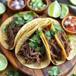 - 2.5 lbs chuck roast, trimmed and cut into large chunks - 1 tablespoon olive oil - 2-3 chipotle peppers in adobo sauce, minced - 4 cloves garlic, minced - 1 small onion, chopped - 1 tablespoon ground cumin - 1 tablespoon dried oregano - 1 teaspoon black pepper - 1 teaspoon salt - 1/2 cup beef broth - 1/4 cup lime juice - Fresh cilantro, chopped (for garnish) - Corn tortillas I love using chuck roast for this recipe. It has a nice balance of fat and meat. This gives the tacos great flavor and tenderness. Searing the meat first enhances the taste. The olive oil helps brown the beef nicely. Chipotle peppers in adobo sauce bring a fun kick. They add smokiness and heat. I like to mince them well to spread the flavor. Garlic and onion add layers of taste. They make the base of our spice mix. For spices, I always use cumin and oregano. They work well together. Cumin gives warmth, while oregano adds a fresh note. Don’t forget the salt and black pepper. They enhance all the flavors in the dish. The liquids are key to keeping the beef moist. Beef broth adds richness. Lime juice brings a bright, zesty flavor. Fresh cilantro is a must for garnish. It adds freshness to each bite. Finally, warm corn tortillas help hold all the goodness together. Gather these ingredients, and you’re on your way to making delicious Slow Cooker Barbacoa Beef Tacos! First, I heat olive oil in a large skillet. This should be over medium-high heat. I take the chunks of chuck roast and sear them until they are brown on all sides. This takes about 4 to 5 minutes. Once done, I remove the beef from the skillet and set it aside. This step adds a rich flavor to the meat. Next, I move to the slow cooker. I add minced garlic and chopped onion into the slow cooker. Then, I mix in the chipotle peppers, ground cumin, dried oregano, black pepper, and salt. I stir everything together to combine the spices well. This spice mix creates a tasty base for the beef. Now, I layer the seared beef chunks on top of the spice mixture. I pour beef broth and lime juice over the meat. This step ensures the beef will be juicy and flavorful. I cover the slow cooker and set it to low for 8 hours or high for 4 hours. I want the meat to be tender and easy to shred. After cooking, I remove the beef, shred it using two forks, and return it to the cooker. This gives each bite a burst of flavor with the juices. To get the best flavor, sear the meat first. This step locks in juices. Heat olive oil in a skillet over medium-high heat. Sear the beef until browned on all sides. It takes about 4 to 5 minutes. This adds a rich, deep taste. To balance spice levels, start with fewer chipotle peppers. You can always add more later. Taste the mix before cooking. This way, you can adjust the heat to your liking. Adding lime juice brightens the dish too. It cuts through the richness and enhances the flavor. For a great presentation, serve the tacos on a rustic wooden board. Add lime wedges and bowls of chopped onions on the side. This lets guests customize their tacos. Use fresh cilantro as a garnish for color and taste. Pair the tacos with sides like black beans or corn salad. A cool drink like agua fresca or a light beer works well too. These choices balance the flavors and enhance the meal. One common mistake is overcooking the meat. This can make it dry and tough. Keep an eye on the cooking time. If using the high setting, aim for about 4 hours. Another mistake is not mixing the ingredients properly. Be sure to blend the spices, garlic, and onion well before adding the beef. This ensures every bite is full of flavor. {{image_2}} You can change the cut of beef for your tacos. While chuck roast is great, brisket or round can work too. These cuts will give you a different flavor and texture. If you want less heat, try using poblano or Anaheim peppers instead of chipotle. They add a nice smoky taste without being too spicy. Get creative with how you serve barbacoa. You can make taco bowls by adding rice, beans, and cheese under the beef. Or try burritos by wrapping the beef in a large tortilla with your favorite toppings. Think about adding salsa, cheese, or even sour cream to change things up. Don’t have a slow cooker? Use an Instant Pot to cook faster. Just adjust the time to about 60 minutes on high pressure. You can also make barbacoa on the stove. Sear the meat in a skillet and then simmer it in a pot for about two hours. This way, you can enjoy tasty tacos in less time. Store leftover barbacoa beef in airtight containers. Glass or plastic containers work well. Make sure to cool the beef before sealing. Place the containers in the fridge. Consume leftovers within three to four days for the best taste. Reheat barbacoa beef in a skillet over medium heat. This method helps keep the beef juicy. If you like, add a splash of beef broth to keep it moist. Stir it often for even heating. You can also use a microwave. Heat in short bursts, stirring in between. This keeps the texture nice. You can freeze barbacoa beef for later use. Place it in freezer-safe bags or containers. Remove as much air as possible to prevent freezer burn. It can last for up to three months. To thaw, move it to the fridge overnight. Reheat it in a skillet or microwave as mentioned above. Enjoy the same great flavors even after freezing! To make these tasty tacos, follow these steps: 1. Sear the Meat: First, you heat olive oil in a skillet. Then, add the chuck roast chunks. Cook them until they are brown on all sides, about 4-5 minutes. Once done, set them aside. 2. Prepare the Spice Mix: In your slow cooker, mix minced garlic, chopped onion, chipotle peppers, cumin, oregano, black pepper, and salt together. 3. Add the Beef: Place your seared beef chunks on top of the spice mix. 4. Combine with Liquids: Pour beef broth and lime juice over the meat. Make sure the beef gets covered well. 5. Slow Cook: Cover your slow cooker. Set it to low for 8 hours or high for 4 hours. Your goal is tender meat that shreds easily. 6. Shred the Beef: After cooking, take the beef out and shred it with two forks. Mix it back into the juices for extra flavor. 7. Heat Tortillas: Warm corn tortillas in a dry skillet for about 30 seconds on each side. 8. Assemble Tacos: Put a portion of barbacoa beef into each tortilla. Garnish with cilantro and enjoy with your favorite toppings. Cooking barbacoa in a slow cooker takes about 8 hours on low or 4 hours on high. I recommend using the low setting for the best flavor and texture. The meat becomes very tender and easy to shred. Yes, you can use chicken instead of beef for barbacoa. Just remember, chicken cooks faster. Use boneless chicken thighs for the best result. Cook it on low for 4-5 hours or on high for 2-3 hours. The spices will still give it great flavor. Adjust the amount of liquid, as chicken tends to release more juices than beef. This blog post covered the essentials for making Slow Cooker Barbacoa Beef Tacos. We discussed key ingredients, like chuck roast and chipotle peppers, and outlined clear steps to prepare and cook the dish. I shared tips for perfecting flavors and avoiding common mistakes. Whether you want to adjust the recipe or store leftovers, you now have all the info you need. Enjoy creating your tasty tacos and mix in your own style to make it unique! Happy cooking!