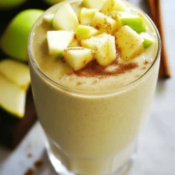 - Apple: I recommend using a medium-sized, crisp apple like a Fuji or Honeycrisp. These apples add a sweet and tart flavor. Make sure to core and chop it for easy blending. - Protein Powder: A vanilla protein powder works best. It adds flavor without overpowering the smoothie. Look for one with low sugar and high protein content for the best results. - Sweetener Options: You can choose between honey and maple syrup. Honey gives a floral taste, while maple syrup adds a rich, earthy flavor. Use one tablespoon to sweeten your smoothie to your liking. - Protein content per serving: This smoothie contains about 20 grams of protein if you use one scoop of protein powder. It’s excellent for muscle recovery and energy. - Caloric breakdown: Each serving has around 250 calories. It comes from the fruits, milk, and protein powder, making it a balanced choice. - Dietary considerations: This smoothie is easily made vegan by using plant-based protein powder and maple syrup. It is also gluten-free, making it a great option for many diets. To get started, prep your apples and bananas. For the apple, wash it well. Then, core it and chop it into small pieces. This helps your blender work faster. For the banana, simply peel it and break it into chunks. This makes blending easier. The order of blending is also key. Start with the almond milk. This helps to create a base. Then, add the chopped apple and banana. Next, include the protein powder and almond butter. Finally, sprinkle in the cinnamon. This order ensures the ingredients mix well. For a smooth consistency, use high speed on your blender. Blend for about 30 seconds. If you notice lumps, stop and scrape down the sides. Blend again until it’s creamy. To avoid a lumpy texture, always blend the soft fruits first. Adding ice cubes later helps chill the smoothie. This way, you get a refreshing drink without lumps. For a great presentation, pour your smoothie into a tall glass. You can also use two smaller glasses for sharing. Garnish with a sprinkle of cinnamon on top. Add a few apple slices on the side for a nice touch. Serve it with a straw for easy sipping. To make your Apple Cinnamon Protein Smoothie even better, try adding leafy greens. Spinach or kale blends well and adds nutrients without changing the taste. You get extra vitamins and minerals with each sip. You can also swap out almond butter for other nut butters. Peanut butter or cashew butter are great choices. Each one will give a new twist to the flavor. Experiment to see which you like best. Eating apples offers many advantages. They are full of fiber and can help with digestion. Apples also provide antioxidants, which can boost your immune system. Cinnamon has its own health perks too. It can help lower blood sugar levels and has anti-inflammatory properties. Combining these two ingredients makes this smoothie a smart choice. Adding protein is key, especially after a workout. It helps rebuild muscles and keeps you feeling full longer. The protein powder in this smoothie supports your recovery and fuels your next workout. {{image_2}} You can use different milk types in your smoothie. Almond milk is a great start. It is light and creamy. Coconut milk adds a tropical taste and creaminess. Soy milk packs in protein. Oat milk is thick and adds a nice sweetness. Each milk changes the taste and texture. Dairy milk is rich and smooth but may not suit everyone. Non-dairy milks are often lower in calories and fat. This makes them popular for many diets. You can switch flavors with the seasons. In autumn, try adding pumpkin spice. It gives a warm touch to your smoothie. You will feel cozy while sipping. In summer, add pineapple for a tropical twist. The pineapple brightens the taste and pairs well with apple. Seasonal ingredients can make your smoothie more fun. Protein is key in this smoothie. You can choose plant-based protein powders or whey. Plant-based options are great for vegans. They offer fiber and nutrients too. Whey protein is popular for its rich flavor and quick absorption. You can also use yogurt as a protein source. Yogurt adds creaminess and probiotics for gut health. Each option brings unique benefits to your drink. To keep your Apple Cinnamon Protein Smoothie fresh, store it in the fridge. Place the smoothie in an airtight container. This helps prevent it from absorbing other smells. Drink it within 24 hours for the best taste. If you have leftovers, shake the container before drinking. This mixes the ingredients again. If you notice separation, it’s normal. Just give it a good shake! You can also freeze this smoothie for later. Pour the smoothie into ice cube trays or small containers. Leave some space at the top for expansion. Freeze it for up to three months. When you’re ready to enjoy it, take out the cubes or container. Let it thaw in the fridge overnight. If you're in a hurry, you can blend it straight from the freezer. Add a splash of almond milk to help with blending. This keeps the texture smooth and creamy. Can I use frozen fruit in this recipe? Yes, you can use frozen fruit. It adds a nice chill. Just remember to adjust the ice cubes. If you skip them, the smoothie stays thick and creamy. How can I make this smoothie dairy-free? To make it dairy-free, use almond milk or coconut milk. Both give great flavor. They also keep the smoothie light and tasty. If you prefer, try oat milk for a different twist. Is this smoothie suitable for kids? Absolutely! This smoothie is kid-friendly. It has sweetness from the banana and apple. The protein helps keep them full. Plus, they can help make it. It’s fun and easy! What to do if the smoothie is too thick or too thin? If your smoothie is too thick, add a splash of milk. Blend again until you reach your desired consistency. If it’s too thin, add more fruit or ice. That will help thicken it up. How to enhance the flavor if needed? To boost flavor, add more cinnamon. You can also try a dash of vanilla extract. If it needs sweetness, mix in a bit more honey or maple syrup. Taste as you go for the best result. This blog post covered how to make a delicious smoothie packed with nutrition. We explored key ingredients like apples and protein powder, highlighted preparation methods, and shared tips for the best blending. I emphasized health benefits, creative variations, and storage tricks to keep your smoothie fresh. Remember, smoothies can be adjusted to suit any taste or dietary need. With these ideas, you can create a drink that is not only tasty but beneficial for your health. Enjoy experimenting with your blends!