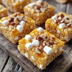 The key to great Pumpkin Spice Rice Krispie Treats is having all the right ingredients. Here’s what you need: - 4 cups Rice Krispies cereal - 1 cup mini marshmallows - 1/2 cup unsalted butter - 1/2 cup pumpkin puree - 1 teaspoon pumpkin pie spice - 1/2 teaspoon vanilla extract - 1/4 teaspoon salt - 1/2 cup white chocolate chips (optional) - 1/4 cup chopped pecans (for garnish, optional) Each ingredient adds a special touch. The Rice Krispies give a nice crunch. The mini marshmallows provide sweetness and stickiness. Butter adds richness, while pumpkin puree offers a smooth texture and fall flavor. Pumpkin pie spice brings warmth and spice notes, making each bite cozy. Vanilla extract enhances the overall taste and salt balances the sweetness. White chocolate chips add a creamy layer, while pecans offer a delightful crunch when used as a garnish. These ingredients blend perfectly to create a comforting and tasty treat, perfect for fall snacking. Start by greasing a 9x13 inch baking dish with butter. You can also line it with parchment paper. This step helps the treats come out easily after cooling. In a large pot, melt 1/2 cup of unsalted butter over medium heat. Once the butter is melted, add 1 cup of mini marshmallows. Stir constantly until the marshmallows melt and become smooth. This may take a few minutes. Next, stir in 1/2 cup of pumpkin puree, 1 teaspoon of pumpkin pie spice, 1/2 teaspoon of vanilla extract, and 1/4 teaspoon of salt. Mix these ingredients well. After that, remove the pot from the heat. Gently fold in 4 cups of Rice Krispies cereal. If you want, add 1/2 cup of white chocolate chips as you mix. Pour the mixture into your prepared baking dish. Use a spatula or your hands to press it down firmly. This helps create an even texture. Let the treats cool at room temperature for about 30 minutes before cutting them into squares. Enjoy your tasty fall snack! To get the best texture in your treats, press down firmly. This helps them stick together. If you don’t press hard enough, they will fall apart. After you press the mixture, let it cool for about 30 minutes. This cooling time makes cutting them easier. If you cut them too early, they may squish. You can make these treats even better by adding white chocolate chips. They add a sweet and creamy taste. You can also mix in nuts like pecans for crunch. Topping the treats with chopped pecans gives a nice look too. Feel free to get creative with other toppings that you love. Having the right tools makes cooking easier. Use a large pot for melting butter and marshmallows. A sturdy spatula helps you mix and press the ingredients. A 9x13 inch baking dish is best for this recipe. If you line it with parchment paper, your treats will come out easily. {{image_2}} If you want a gluten-free treat, swap Rice Krispies for gluten-free cereals. Brands like Crispy Rice work well. They give you that same crunch and sweetness. Just check the label to be sure. You can change the flavor by adding spices or extracts. For a twist, try adding cinnamon or nutmeg. A splash of maple extract adds a fall touch too. Mix and match to find your favorite! To make these treats vegan, use dairy-free butter and marshmallows. There are many good brands today that offer vegan options. This way, everyone can enjoy this tasty snack without worry. To keep your Pumpkin Spice Rice Krispie Treats fresh, store them in an airtight container. This helps to keep moisture out and keeps them soft. You may also wrap the treats in plastic wrap before placing them in the container. This extra layer adds protection and keeps them from drying out. At room temperature, these treats last about 3 days. If you place them in the fridge, they can stay fresh for up to a week. Just make sure to seal them well. The cold can make them firmer, but they will still taste great. You can freeze these treats for longer storage. First, cut them into squares. Then, wrap each square in plastic wrap. Place the wrapped treats in a freezer-safe bag or container. They can last up to 2 months in the freezer. To thaw, simply leave them at room temperature for a few hours. Enjoy them as a tasty treat anytime! Pumpkin Spice Rice Krispie Treats stay fresh for about a week. Store them in an airtight container at room temperature. This keeps them soft and tasty. If you want to keep them longer, you can refrigerate them. Just make sure to wrap them well. They can last up to two weeks in the fridge. Always check for any signs of spoilage before eating. Yes, you can! If you want a twist, try using Cornflakes or Cheerios. These cereals will still give you that crunchy texture. You can even use gluten-free cereals if you need them. Just remember to adjust the amount of marshmallows if the cereal is bigger or smaller. To reduce stickiness, make sure to grease your hands and the bowl with butter. This helps keep the mix from sticking. You can also add a little more cereal to the mix. This balances the sticky marshmallow and makes it easier to handle. Mixing quickly helps too, so you don’t let the marshmallows cool down too much. This blog post shared a simple recipe for Pumpkin Spice Rice Krispie Treats. You learned about essential ingredients, step-by-step instructions, and handy tips. From achieving the perfect texture to creative variations, you now have the tools to make these treats. Remember to store them well to keep them fresh. Experimenting with flavors can make your treats even better. Enjoy making this fun fall favorite and share your results with friends!
