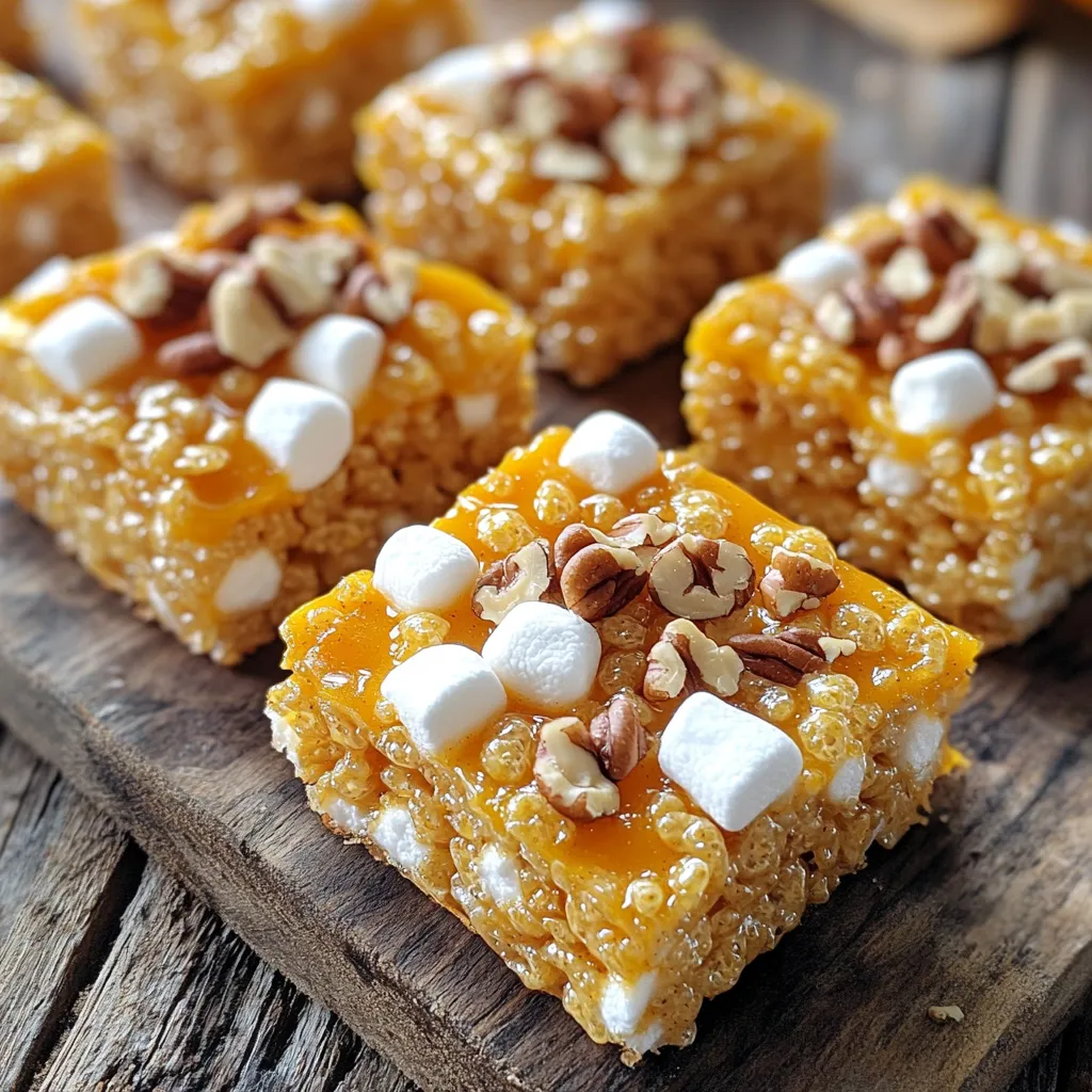 The key to great Pumpkin Spice Rice Krispie Treats is having all the right ingredients. Here’s what you need: - 4 cups Rice Krispies cereal - 1 cup mini marshmallows - 1/2 cup unsalted butter - 1/2 cup pumpkin puree - 1 teaspoon pumpkin pie spice - 1/2 teaspoon vanilla extract - 1/4 teaspoon salt - 1/2 cup white chocolate chips (optional) - 1/4 cup chopped pecans (for garnish, optional) Each ingredient adds a special touch. The Rice Krispies give a nice crunch. The mini marshmallows provide sweetness and stickiness. Butter adds richness, while pumpkin puree offers a smooth texture and fall flavor. Pumpkin pie spice brings warmth and spice notes, making each bite cozy. Vanilla extract enhances the overall taste and salt balances the sweetness. White chocolate chips add a creamy layer, while pecans offer a delightful crunch when used as a garnish. These ingredients blend perfectly to create a comforting and tasty treat, perfect for fall snacking. Start by greasing a 9x13 inch baking dish with butter. You can also line it with parchment paper. This step helps the treats come out easily after cooling. In a large pot, melt 1/2 cup of unsalted butter over medium heat. Once the butter is melted, add 1 cup of mini marshmallows. Stir constantly until the marshmallows melt and become smooth. This may take a few minutes. Next, stir in 1/2 cup of pumpkin puree, 1 teaspoon of pumpkin pie spice, 1/2 teaspoon of vanilla extract, and 1/4 teaspoon of salt. Mix these ingredients well. After that, remove the pot from the heat. Gently fold in 4 cups of Rice Krispies cereal. If you want, add 1/2 cup of white chocolate chips as you mix. Pour the mixture into your prepared baking dish. Use a spatula or your hands to press it down firmly. This helps create an even texture. Let the treats cool at room temperature for about 30 minutes before cutting them into squares. Enjoy your tasty fall snack! To get the best texture in your treats, press down firmly. This helps them stick together. If you don’t press hard enough, they will fall apart. After you press the mixture, let it cool for about 30 minutes. This cooling time makes cutting them easier. If you cut them too early, they may squish. You can make these treats even better by adding white chocolate chips. They add a sweet and creamy taste. You can also mix in nuts like pecans for crunch. Topping the treats with chopped pecans gives a nice look too. Feel free to get creative with other toppings that you love. Having the right tools makes cooking easier. Use a large pot for melting butter and marshmallows. A sturdy spatula helps you mix and press the ingredients. A 9x13 inch baking dish is best for this recipe. If you line it with parchment paper, your treats will come out easily. {{image_2}} If you want a gluten-free treat, swap Rice Krispies for gluten-free cereals. Brands like Crispy Rice work well. They give you that same crunch and sweetness. Just check the label to be sure. You can change the flavor by adding spices or extracts. For a twist, try adding cinnamon or nutmeg. A splash of maple extract adds a fall touch too. Mix and match to find your favorite! To make these treats vegan, use dairy-free butter and marshmallows. There are many good brands today that offer vegan options. This way, everyone can enjoy this tasty snack without worry. To keep your Pumpkin Spice Rice Krispie Treats fresh, store them in an airtight container. This helps to keep moisture out and keeps them soft. You may also wrap the treats in plastic wrap before placing them in the container. This extra layer adds protection and keeps them from drying out. At room temperature, these treats last about 3 days. If you place them in the fridge, they can stay fresh for up to a week. Just make sure to seal them well. The cold can make them firmer, but they will still taste great. You can freeze these treats for longer storage. First, cut them into squares. Then, wrap each square in plastic wrap. Place the wrapped treats in a freezer-safe bag or container. They can last up to 2 months in the freezer. To thaw, simply leave them at room temperature for a few hours. Enjoy them as a tasty treat anytime! Pumpkin Spice Rice Krispie Treats stay fresh for about a week. Store them in an airtight container at room temperature. This keeps them soft and tasty. If you want to keep them longer, you can refrigerate them. Just make sure to wrap them well. They can last up to two weeks in the fridge. Always check for any signs of spoilage before eating. Yes, you can! If you want a twist, try using Cornflakes or Cheerios. These cereals will still give you that crunchy texture. You can even use gluten-free cereals if you need them. Just remember to adjust the amount of marshmallows if the cereal is bigger or smaller. To reduce stickiness, make sure to grease your hands and the bowl with butter. This helps keep the mix from sticking. You can also add a little more cereal to the mix. This balances the sticky marshmallow and makes it easier to handle. Mixing quickly helps too, so you don’t let the marshmallows cool down too much. This blog post shared a simple recipe for Pumpkin Spice Rice Krispie Treats. You learned about essential ingredients, step-by-step instructions, and handy tips. From achieving the perfect texture to creative variations, you now have the tools to make these treats. Remember to store them well to keep them fresh. Experimenting with flavors can make your treats even better. Enjoy making this fun fall favorite and share your results with friends!