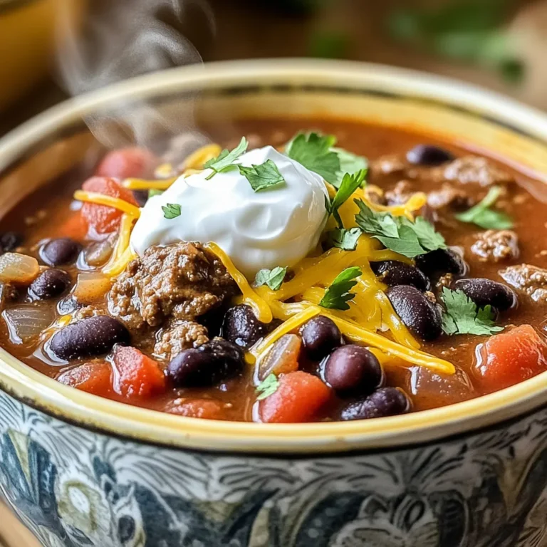 For this tasty beef black bean chili, you will need: - 1.5 lbs ground beef - 1 can (15 oz) black beans, rinsed and drained - 1 can (15 oz) kidney beans, rinsed and drained - 1 can (28 oz) diced tomatoes (with juice) - 1 medium onion, chopped - 2 cloves garlic, minced - 1 red bell pepper, diced - 2 tablespoons chili powder - 1 tablespoon cumin - 1 teaspoon smoked paprika - 1 teaspoon oregano - ½ teaspoon cayenne pepper (optional, for heat) - 1 cup beef broth - Salt and pepper to taste - 2 tablespoons olive oil - Fresh cilantro, chopped (for garnish) - Sour cream (for serving, optional) - Shredded cheese (for serving, optional) You can swap ingredients based on what you have. Here are some ideas: - Use ground turkey or chicken instead of beef for a lighter option. - Canned beans can be mixed, so use pinto or navy beans if you prefer. - If you lack fresh garlic, garlic powder works in a pinch. - For a vegetarian chili, omit the beef and add more beans or lentils. - You can use vegetable broth instead of beef broth for a meat-free taste. Fresh ingredients make a big difference in flavor. Fresh veggies add crunch and brightness. They also keep the chili rich and hearty. Always choose good-quality canned tomatoes and beans. Rinsing the beans helps to reduce sodium. Fresh herbs like cilantro add a burst of flavor, making each bite delicious. When you use fresh, you create a meal that's good for the body and soul. Start by heating olive oil in a large skillet over medium heat. Add chopped onion and minced garlic. Sauté until the onion becomes soft and clear, which takes about 3-4 minutes. Next, add the ground beef to the skillet. Cook until it turns brown, breaking it apart with a spatula. This should take about 5-7 minutes. Once cooked, drain any excess fat from the beef. This step helps keep your chili from being too greasy. Now it's time to bring everything together. Transfer the cooked beef mixture into the slow cooker. Add the diced tomatoes, black beans, and kidney beans. Don't forget the diced red bell pepper! Next, sprinkle in the chili powder, cumin, smoked paprika, oregano, and cayenne pepper if you want some heat. Pour in the beef broth and stir everything well. Make sure the ingredients are mixed evenly. Lastly, season with salt and pepper to taste. Cover the slow cooker with its lid. Set it to low for 6-8 hours or high for 3-4 hours. About 30 minutes before it's done, stir the chili. Check the seasoning and adjust salt and pepper if needed. When it’s ready, serve hot. Garnish with fresh cilantro and add a dollop of sour cream and shredded cheese if you like. Enjoy your hearty chili! To boost the taste of your slow cooker beef black bean chili, start with fresh herbs. Fresh cilantro on top brightens the dish. You can also add lime juice before serving. This adds a nice zing. Use good quality beef broth for a rich base. If you want more depth, try adding a dash of soy sauce or Worcestershire sauce. For the best flavor, brown the beef and sauté the onion and garlic first. This step adds a nice depth. Let the chili cook low and slow. This melds the flavors together, making it more delicious. Stir the chili about halfway through cooking. This helps everything mix well and taste great. Adjust seasonings before serving to suit your taste. Serve your chili with warm cornbread or crusty bread. Both will soak up the rich broth. You might also add a side of rice for a filling meal. For toppings, consider shredded cheese and sour cream. They add creaminess and balance the heat. A simple salad can help cut through the heaviness, too. Enjoy your meal with friends and family for a fun time! {{image_2}} You can easily make this chili meatless. Swap the ground beef for plant-based crumbles or lentils. Use vegetable broth instead of beef broth for extra flavor. Black beans and kidney beans still shine in a vegetarian chili. Add more veggies like zucchini or corn for texture. This way, you keep the hearty feel without meat. If you love heat, add more cayenne pepper or diced jalapeños to the mix. You can also try adding a few dashes of hot sauce for an extra kick. If you want smoke, use chipotle peppers in adobo sauce. This will give you deep flavor with a fiery twist. Just remember, start small and taste as you go. You can always add more heat! While black and kidney beans are great, feel free to mix in other types. Pinto beans add creaminess, while cannellini beans bring a different texture. You could even use chickpeas for a unique taste. Experiment with what you have on hand. Each bean will give the chili its own special flair and character. To keep your slow cooker beef black bean chili fresh, store it in an airtight container. Let it cool to room temperature before sealing it. This step prevents moisture buildup and keeps flavors intact. Place the container in the fridge if you plan to eat it within a few days. It will stay good for about 3 to 4 days. When you are ready to eat the chili, reheat it gently. You can use a microwave or a pot on the stove. If using the microwave, transfer a portion to a bowl. Heat it for about 2-3 minutes, stirring halfway through. On the stove, heat over medium-low heat. Stir often to avoid burning. Make sure it’s hot all the way through before serving. For long-term storage, freezing is your best friend. Divide the chili into portions and place them in freezer-safe bags or containers. Remove as much air as possible to avoid freezer burn. Label each bag with the date. This chili can last up to 3 months in the freezer. To thaw, place it in the fridge overnight or use the microwave. Reheat it well before enjoying. Yes, you can use frozen beef. Just thaw it first. I suggest planning ahead. You can defrost it overnight in the fridge. If you're in a hurry, you can use the microwave too. Once thawed, cook it in the skillet as usual. Make sure to brown it well before adding it to the slow cooker. This step adds great flavor to the chili. To tone down the heat, skip the cayenne pepper. You can also add more beans or tomatoes. This will help balance the spice. Another option is to serve sour cream on the side. It cools the chili and adds creaminess. You can even add a bit of sugar to cut the heat if needed. Just taste and adjust until it suits your palate. Many sides work well with this chili. Here are some of my favorites: - Cornbread: Its sweetness complements the chili. - Rice: A scoop of rice soaks up the flavors well. - Tortilla chips: Perfect for dipping and crunch. - Salad: A fresh green salad adds a nice contrast. - Avocado: Creamy avocado slices enhance the taste. Feel free to mix and match these sides to find your favorite combo! Using fresh ingredients gives your chili the best taste. Prepping beef and veggies correctly is key. Follow the cooking steps for great flavor. Remember to experiment with substitutions and variations. This way, you can make it your own. Proper storage keeps it tasty for later. I hope these tips help you create a chili you'll enjoy. Food should be fun, flavorful, and easy to make. Dive in and start cooking!