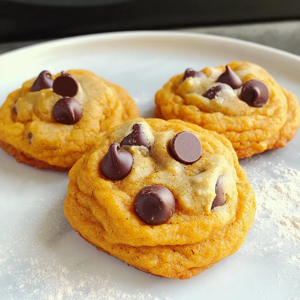 To make these tasty cookies, gather the following essential ingredients: - 1 cup canned pumpkin puree - 1 cup brown sugar, packed - 1/2 cup granulated sugar - 1/2 cup unsalted butter, softened - 1 large egg - 1 teaspoon vanilla extract - 2 cups all-purpose flour - 1 teaspoon baking soda - 1 teaspoon baking powder - 1 teaspoon ground cinnamon - 1/2 teaspoon ground nutmeg - 1/2 teaspoon ground ginger - 1/2 teaspoon salt - 1 cup semi-sweet chocolate chips These ingredients work together to create a soft and chewy cookie. The canned pumpkin puree adds moisture and flavor, making them perfect for fall. The sugars give the cookies a nice sweetness. Butter helps them stay soft, while the egg binds all the ingredients. If you're looking to switch things up, consider these optional ingredients: - Gluten-free flour blend - Vegan butter and flaxseed - Different types of chocolate chips Using gluten-free flour makes the cookies safe for those with gluten issues. Vegan butter and flaxseed can make a tasty vegan option. You can also try dark chocolate or white chocolate chips for a fun twist. These variations keep the recipe fresh and exciting! - Preheat oven and prepare baking sheet: Start by setting your oven to 350°F (175°C). Line a baking sheet with parchment paper. This keeps the cookies from sticking and makes cleanup easy. - Creaming the butter and sugars: In a large bowl, add 1/2 cup of softened unsalted butter, 1 cup of packed brown sugar, and 1/2 cup of granulated sugar. Mix them together until the mixture is smooth and fluffy. This step is key for soft cookies. - Mixing in pumpkin, egg, and vanilla: Next, add 1 cup of canned pumpkin puree, 1 large egg, and 1 teaspoon of vanilla extract to the bowl. Blend these ingredients well until they are fully combined. The pumpkin adds moisture and flavor. - Whisking flour and spices: In another bowl, whisk together 2 cups of all-purpose flour, 1 teaspoon of baking soda, 1 teaspoon of baking powder, 1 teaspoon of ground cinnamon, 1/2 teaspoon of ground nutmeg, 1/2 teaspoon of ground ginger, and 1/2 teaspoon of salt. These spices give the cookies that warm fall flavor. - Gradually adding dry to wet ingredients: Slowly mix the dry ingredients into the pumpkin mixture. Stir gently until just combined. Be careful not to overmix; this keeps the cookies tender. - Incorporating chocolate chips: Finally, fold in 1 cup of semi-sweet chocolate chips. Make sure they are evenly distributed throughout the dough for a sweet surprise in every bite. - Portioning dough onto the baking sheet: Using a tablespoon or cookie scoop, drop rounded balls of dough onto your prepared baking sheet. Leave space between each cookie to allow for spreading. - Baking time and temperature: Place the baking sheet in the oven. Bake for 12 to 15 minutes. The edges should turn lightly golden, while the middle stays soft. - Cooling instructions for best texture: Once baked, remove the cookies from the oven. Let them cool on the baking sheet for 5 minutes. Then, transfer them to a wire rack to cool completely. This step helps achieve that perfect chewy texture. To get the best cookie texture, avoid overmixing the dough. When you mix too much, the cookies can turn out tough. Mix just until the flour disappears. This makes your cookies soft and chewy. You can also adjust the bake time to get a chewier cookie. Bake for 12 minutes for softer cookies. If you want a firmer cookie, bake for 15 minutes. Keep an eye on the edges, they should be golden while the middle stays soft. You can replace sugars for different sweetness levels. For a less sweet cookie, use less brown sugar. You can also swap granulated sugar for coconut sugar. This change adds a lovely caramel flavor. Using pumpkin pie spice can make things easier. Instead of separate spices like cinnamon and nutmeg, use one teaspoon of pumpkin pie spice. It saves time and still gives great flavor. You can add nuts or dried fruits to boost flavor. Chopped walnuts or pecans give a nice crunch. Dried cranberries or raisins add sweetness and chewiness. Drizzling melted chocolate on top after baking brings extra richness. Just melt some chocolate chips and use a spoon to drizzle it over the warm cookies. This adds a fun touch and makes them look fancy! {{image_2}} To make gluten-free chocolate chip pumpkin cookies, you can use a gluten-free flour blend. Look for a blend that includes xanthan gum for better texture. Coconut flour or almond flour can also work, but you may need to adjust the liquid in the recipe. Baking time may change slightly. Start by checking the cookies at 10 minutes. They may take a minute or two longer to bake. Watch for a golden edge and soft center to know they are done. For vegan chocolate chip pumpkin cookies, swap the egg with a flaxseed or chia seed mixture. Mix one tablespoon of ground flaxseed with three tablespoons of water. Let it sit for five minutes to thicken. Use vegan butter instead of regular butter to keep the recipe dairy-free. Flavor and texture can still shine. The pumpkin keeps these cookies moist and soft. You won’t miss the egg at all! Want to spice up your cookies? Adding a pinch of cayenne pepper gives a nice heat. It pairs well with the sweet pumpkin flavor. You can also experiment with different spice blends. Try using pumpkin pie spice instead of separate spices for a quick option. Cardamom or allspice can add depth to the flavor, making your cookies unique and delightful! To keep your cookies fresh, store them at room temperature. Use an airtight container to lock in moisture. This method helps your cookies stay soft and chewy. If you live in a humid area, refrigeration can help. However, it may make them a bit firm. Freezing cookie dough is a great way to save time. First, scoop the dough into balls and place them on a baking sheet. Freeze them for about an hour until solid. Then, transfer the dough balls to a freezer bag. They can last up to three months in the freezer. To bake frozen cookies, preheat your oven and bake straight from the freezer. Add a couple of extra minutes to the baking time. Homemade chocolate chip pumpkin cookies can last about one week at room temperature. If stored in the fridge, they may last a bit longer. Look for signs of spoilage, like a dry or hard texture. If your cookies smell off or have visible mold, it's best to toss them. Yes, you can use fresh pumpkin! Fresh pumpkin gives your cookies a bright flavor. To prepare fresh pumpkin, start by cutting it in half. Remove the seeds and stringy bits. Roast the halves in the oven at 400°F (200°C) for about 45 minutes or until soft. Let it cool, then scoop out the flesh and mash it until smooth. You’ll need about 1 cup of this puree for your cookies. Fresh pumpkin may have more moisture than canned, so be ready to adjust the flour slightly if the dough seems too wet. To avoid cakey cookies, you can change your ingredient amounts. Use less flour and more butter for a chewier cookie. You can also reduce the baking powder and baking soda. These changes will help create a denser texture. Remember to mix just until combined to avoid overworking the dough. The less you mix, the less air gets in, which helps keep the cookies chewy. Decorating chocolate chip pumpkin cookies can be fun! A simple glaze made from powdered sugar and milk works well. Mix 1 cup of powdered sugar with 2 tablespoons of milk until smooth. Drizzle it over the cooled cookies for a sweet touch. You can also sprinkle some cinnamon or nutmeg on top for extra flavor. If you want a richer treat, melt some chocolate chips and drizzle them over the cookies too. Add some chopped nuts for crunch and a festive look! These chocolate chip pumpkin cookies are easy and fun to make. You learned about the essential and optional ingredients needed for variety. The step-by-step instructions guide you well from dough prep to baking. You now have handy tips to enhance texture and flavor. Remember, storing and freezing cookies properly keeps them fresh longer. Experiment with different spices and variations to find your perfect cookie. Enjoy baking and sharing these treats with friends or family!