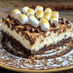 - 1 ½ cups graham cracker crumbs - ½ cup unsweetened cocoa powder - ½ cup unsalted butter, melted - 2 tablespoons granulated sugar - 1 (8 oz) package cream cheese, softened - 1 cup powdered sugar - 1 teaspoon vanilla extract - 1 cup heavy cream, cold - 1 cup mini marshmallows - ½ cup chocolate chips The first step in making these no-bake s'mores cheesecake bars is gathering your main ingredients. You need graham cracker crumbs, cocoa powder, and unsalted butter for a tasty crust. Mix these with granulated sugar for sweetness. For the filling, you will need cream cheese, powdered sugar, and vanilla extract. These provide a creamy texture and flavor. Then, whip up some heavy cream to add lightness. Mini marshmallows and chocolate chips bring in that classic s’mores taste. - additional mini marshmallows - extra chocolate chips - graham cracker crumbs for garnish Once you finish your bars, you can top them with even more goodies! Add extra mini marshmallows and chocolate chips for a fun look. Sprinkling graham cracker crumbs on top adds texture too. These toppings make your bars more appealing and delicious. - Combine 1 ½ cups of graham cracker crumbs, ½ cup of cocoa powder, ½ cup of melted unsalted butter, and 2 tablespoons of granulated sugar in a bowl. - Mix until the mixture is crumbly and well combined. - Press this crumb mixture firmly into the bottom of an 8x8 inch baking dish to form the crust. - Refrigerate the crust for about 30 minutes to set. - In a large bowl, beat 1 (8 oz) package of softened cream cheese with a hand mixer until smooth. - Gradually add in 1 cup of powdered sugar and 1 teaspoon of vanilla extract, mixing until everything is well integrated. - In another bowl, whip 1 cup of cold heavy cream until stiff peaks form. - Gently fold the whipped cream into the cream cheese mixture until fully combined. - Remove the crust from the refrigerator and spread half of the cheesecake mixture on top. - Sprinkle 1 cup of mini marshmallows and ½ cup of chocolate chips evenly over this layer. - Add the second half of the cheesecake mixture on top and spread it evenly. - Top with the remaining ½ cup of mini marshmallows, pressing them down slightly. - Chill the entire dish in the refrigerator for at least 4 hours or until set. - Once set, cut into bars and serve. For a fun twist, use a kitchen torch to lightly toast the top marshmallows before serving. - Tips for whipping heavy cream: Start with cold heavy cream. Use a clean bowl and beaters. Whip on medium speed. Stop when stiff peaks form. This creates a light and airy texture. - How to achieve a smooth cream cheese mixture: Soften cream cheese at room temperature. Beat with a hand mixer until creamy. Gradually add powdered sugar and vanilla. Mix until fully combined and smooth. - Best practices for toasting marshmallows: Use a kitchen torch for even toasting. Hold it about 2 inches from the marshmallows. Move in a circular motion for uniform color. Toast until golden brown for the best flavor. - Safety tips for using a kitchen torch: Always use the torch away from flammable items. Keep a fire extinguisher nearby. Make sure your hands are steady when using the flame. Follow the manufacturer's guidelines for safe use. - Presentation ideas for serving: Serve each bar on decorative plates. Sprinkle extra chocolate chips or graham cracker crumbs around. Place a single toasted mini marshmallow on top for flair. - Pairing with drinks or other desserts: Serve with cold milk, hot cocoa, or coffee. These bars also go well with light fruit salads or vanilla ice cream. This adds contrast to the sweet and rich flavor of the bars. {{image_2}} You can change the flavor of your No-Bake S’mores Cheesecake Bars easily. Adding peanut butter to the filling gives a rich twist. Just mix in half a cup of smooth peanut butter when you blend the cream cheese. It tastes great with the chocolate and marshmallows. Another fun idea is to swap chocolate chips for butterscotch chips. This gives a sweet and buttery taste. Just replace the chocolate chips with butterscotch in the recipe. Your bars will have a new exciting flavor that everyone will love. If you need gluten-free bars, use gluten-free graham cracker crumbs. You can find these at most stores. They work just as well in the crust, keeping the tasty texture. For a dairy-free option, look for non-dairy cream cheese and heavy cream. Brands like Tofutti and Silk offer great choices. You can still enjoy the creamy filling without dairy. The taste remains delicious and satisfying. You can serve these bars in different ways. Convert them into No-Bake S'mores Cheesecake Cups. Just layer the crust and filling in small cups. This makes a fun treat for parties or gatherings. Another idea is to use the filling in a layered dessert. Alternate layers of cheesecake filling and toppings in a big dish. This way, everyone can scoop their own portion. It’s a great way to share the joy of S’mores in a new style. To keep your No-Bake S’mores Cheesecake Bars fresh, store them in the fridge. Place the bars in an airtight container. They will last for about five days. If you have more leftovers, freeze them for longer storage. Wrap each bar tightly in plastic wrap. Then, place the wrapped bars in a freezer-safe bag. They can stay frozen for up to three months. When you're ready to enjoy your frozen bars, you need to thaw them first. Take them out of the freezer and let them sit in the fridge overnight. This will make them soft and easy to slice. If you want to add some flair, you can reassemble or garnish after storage. Top with extra mini marshmallows or a drizzle of chocolate. For a fun twist, use a kitchen torch to toast the marshmallows before serving. This adds a warm, campfire flavor to each bite. Yes, you can make these bars ahead of time. They keep well in the fridge for up to five days. Make sure to cover them tightly to keep them fresh. This makes them a great treat for parties or gatherings. If you want a lighter version, you can use coconut cream or almond milk. Both options work well and still give a nice texture. Coconut cream adds a subtle flavor while almond milk keeps it light. One common mistake is overmixing the cream cheese. This can make the filling too runny. Also, be sure to fold in the whipped cream gently to keep it fluffy. Finally, don’t skip chilling the bars long enough. This step is key for a perfect set. Absolutely! Using flavored marshmallows, like strawberry or mint, can add fun twists. You can also swap regular chocolate chips for white or butterscotch chips. Experimenting with flavors can make your bars unique and exciting! You learned how to make delicious no-bake s'mores cheesecake bars. We covered main ingredients, step-by-step instructions, and storage info. Plus, I shared tips for perfect results and fun flavor variations. Making these bars is easy and fun. You can enjoy them as a sweet treat or impress guests. Remember, the key lies in chilling and enjoying with friends. I hope you try out this recipe and make it your own!