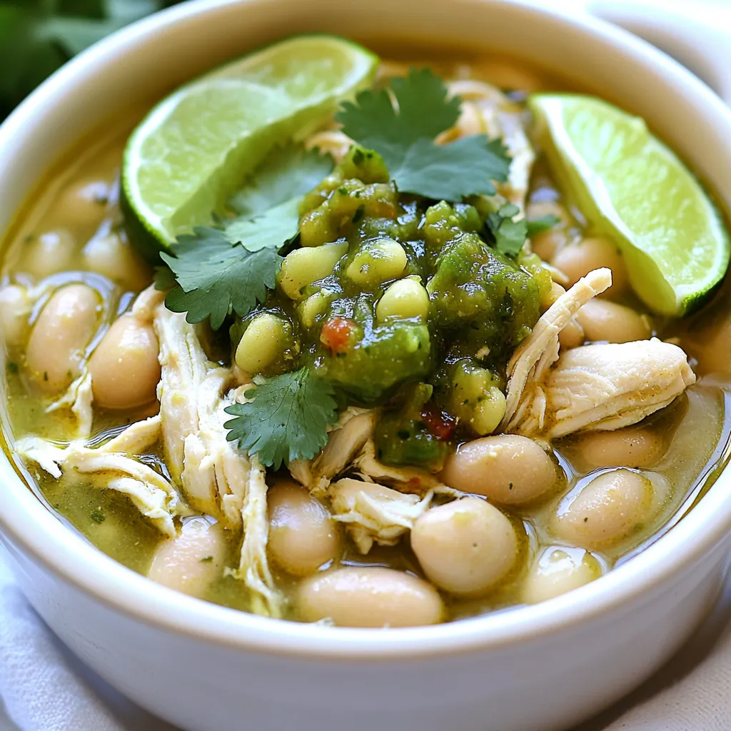 - 1.5 lbs boneless, skinless chicken breasts - 2 cups green salsa (preferably tomatillo salsa) - 1 can (15 oz) cannellini beans, drained and rinsed - 1 can (4 oz) diced green chiles - 1 medium onion, chopped - 3 cloves garlic, minced - 2 cups chicken broth The main ingredients bring a lot of flavor. The chicken is the star here. I love using boneless, skinless breasts because they cook well and shred easily. Green salsa adds a fresh taste. I prefer tomatillo salsa for its bright notes. Cannellini beans give creaminess, while diced green chiles add a mild kick. Onions and garlic round out the base, bringing depth to the dish. - 1 teaspoon ground cumin - 1 teaspoon chili powder - ½ teaspoon smoked paprika - Salt and pepper to taste Spices are key to making this chili shine. Ground cumin adds warmth, while chili powder brings a slight heat. Smoked paprika gives a nice depth and richness. Don't forget salt and pepper; they help balance all the flavors. I recommend tasting as you go. Adjust them based on your preference. - ½ cup fresh cilantro, chopped (for garnish) - Lime wedges (for serving) Garnish elevates the dish. Fresh cilantro adds a pop of color and brightness. It contrasts with the rich chili beautifully. Lime wedges are a must! A squeeze of lime just before eating brightens the flavor. Serve your chili in bowls, and let guests choose their garnishes. This way, everyone can enjoy it their way. Start by placing the chicken breasts at the bottom of your slow cooker. This helps the chicken cook evenly. You can use boneless, skinless chicken breasts for best results. They stay tender and soak up all the flavors. When choosing chicken cuts, look for fresh, high-quality meat. If you want a richer flavor, try using thighs. They are juicier and add depth to your chili. In a large bowl, combine the green salsa, diced green chiles, chopped onion, and minced garlic. Pour in the chicken broth, and add the ground cumin, chili powder, and smoked paprika. Don’t forget to sprinkle in some salt and pepper. Mix well until all the ingredients blend together. The balance of seasoning is key. This mix gives your chili the right kick and depth of flavor. You have two options for cooking: low or high heat. If you cook on low, set it for 6 to 7 hours. For high heat, go for 3 to 4 hours. Both methods will cook your chicken through and make it tender. Check the chicken to make sure it’s cooked. When done, take it out and shred it with two forks. Return the shredded chicken to the slow cooker. Add the rinsed cannellini beans and stir. Cook for an extra 20 to 30 minutes on low. This heats the beans and blends the flavors. To make your Slow Cooker White Chicken Chili Verde shine, adjust the seasoning to your taste. Start with salt and pepper. If you want more heat, add jalapeños or cayenne pepper. These simple changes can make a big difference. If you prefer a milder dish, use less chili powder. You can also swap the green salsa for a milder version. Shredding chicken can be easy. After cooking, take the chicken out with tongs. Use two forks to pull it apart. This method works best when the chicken is hot. For faster shredding, use a stand mixer. Just put the chicken in the mixer bowl and turn it on low. In seconds, you’ll have perfectly shredded chicken. Add-ins can make your chili unique. Try corn for sweetness or bell peppers for crunch. You can also stir in some spinach for extra greens. For serving, consider pairing it with rice or tortillas. This adds texture and makes the meal more filling. Don’t forget garnishes like fresh cilantro and lime wedges. They brighten up the dish and add fresh flavor. {{image_2}} You can swap the chicken in this recipe for turkey or pork. Both meats work well and offer different flavors. Turkey gives a leaner option, while pork adds richness. If you want a vegetarian dish, try using jackfruit or lentils. These options still provide protein and absorb the chili's great flavors. The type of salsa you choose can change the whole dish. You might want to try different salsas, like tomatillo or green chili salsa. Each will give the chili a unique taste. If you want to make your own verde salsa, blend fresh tomatillos, jalapeños, garlic, and cilantro. This homemade option lets you control the heat and flavor. Cannellini beans are great, but feel free to try other beans, too. Black beans or pinto beans can add different textures. If you want a heartier meal, consider adding grains like quinoa or brown rice. They make the chili more filling and add a nice bite. To keep your Slow Cooker White Chicken Chili Verde fresh, store it in the fridge. Use airtight containers. Glass or plastic containers work best. Make sure to let the chili cool before sealing. This helps avoid moisture buildup. It will stay fresh for up to four days. Freezing your chili is a great way to save it for later. First, let it cool completely. Then, pour it into freezer-safe bags or containers. Remove as much air as possible. This helps prevent freezer burn. You can freeze it for up to three months. When you're ready to eat, thaw it in the fridge overnight. Reheat it on the stove or in the microwave. Stir often to ensure it heats evenly. In the fridge, your chili can last for about four days. In the freezer, it can last up to three months. Always check for signs of spoilage. If you see any off smells, strange colors, or mold, it’s best to throw it away. Keeping your chili fresh is key to enjoying every bite! Yes, you can use frozen chicken breasts. If you do, adjust the cooking time. When using frozen chicken, cook it on high for 5-6 hours. If you prefer to cook it on low, plan for 8-9 hours. The chicken will still become tender. However, it may have a slightly different texture. Shredding might take a bit more effort, but it will still taste great. To add heat, use spicy green salsa. You can also add fresh jalapeños. Chop them finely and mix them in with the other ingredients. Another option is to sprinkle in cayenne pepper or crushed red pepper flakes during cooking. Start with a little and taste as you go. This way, you can find the perfect spice level for your taste buds. This chili pairs well with many sides. Consider serving it with warm tortillas or cornbread. Both add a nice touch to the meal. For a fresh side, a simple green salad works well too. As for drinks, try a light beer or a citrusy soda. Both complement the flavors in the chili nicely. If you like wine, a chilled white wine can also be a great choice. In this post, we explored the key ingredients for Slow Cooker White Chicken Chili Verde, including chicken, salsa, and spices. I shared step-by-step instructions for easy preparation and cooking. You learned tips for enhancing flavor, shredding chicken, and customizing the recipe. Plus, I covered variations, storage tips, and answered common questions. Now, you have all the tools to make a delicious chili. Enjoy creating this tasty dish and share it with others!