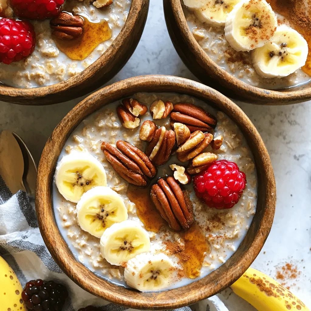 To make Maple Pecan Slow Cooker Oatmeal, you need these main items: - 1 cup steel-cut oats - 4 cups water - 1 cup unsweetened almond milk (or any milk of your choice) - 1/2 cup chopped pecans - 1/3 cup pure maple syrup - 1 teaspoon vanilla extract - 1/2 teaspoon ground cinnamon - Pinch of salt These ingredients blend well to create a rich and creamy oatmeal. Steel-cut oats give the dish a hearty texture. Almond milk adds a nice creaminess, while maple syrup brings a sweet touch. You can make your oatmeal even better with these tasty toppings: - Fresh fruits like sliced bananas or berries - Extra chopped pecans for crunch - A drizzle of maple syrup for extra sweetness Adding these toppings can elevate your breakfast and make it more fun. If you want to change things up, here are some easy swaps: - Use rolled oats instead of steel-cut oats for a quicker cook time. - Swap almond milk for any milk you prefer, like oat or cow's milk. - Use honey or agave syrup instead of maple syrup for a different flavor. These substitutions keep the spirit of the dish while allowing you to customize it to your taste. First, grab your slow cooker and ensure it's clean. Add 1 cup of steel-cut oats into the pot. Pour in 4 cups of water and 1 cup of unsweetened almond milk. Stir it well so everything mixes together. This step helps the oats cook evenly and absorb the liquid nicely. Next, it's time to add flavor. Toss in 1/2 cup of chopped pecans. Then, drizzle in 1/3 cup of pure maple syrup for sweetness. Add 1 teaspoon of vanilla extract for a nice aroma. Sprinkle in 1/2 teaspoon of ground cinnamon and a pinch of salt. Stir again to make sure all ingredients are blended well. Now, cover the slow cooker with its lid. Set it to low heat. Let it cook for 6 to 8 hours. This slow cooking makes the oats soft and creamy. When time is up, stir the oatmeal well. If it looks too thick, add a splash of almond milk to thin it out. Serve warm in bowls, garnished with fresh fruits and extra pecans if you like. A drizzle of maple syrup adds extra sweetness too! To get the perfect oatmeal, start with steel-cut oats. They give a chewy texture. Use a mix of water and almond milk for creaminess. If the oatmeal is too thick, add more almond milk after cooking. Stir it well to blend. The right timing is key. Cook it on low for 6-8 hours. This lets the oats absorb all the flavors. Want to boost the flavor? Try adding a pinch of salt. This helps balance the sweetness of maple syrup. You can also mix in fresh fruits like sliced bananas or berries. They add color and freshness. A bit of nutmeg can give it a warm spice. For a crunchy finish, sprinkle more pecans on top before serving. Slow cookers are great for this dish. Make sure to mix all the ingredients well before cooking. Always cover your slow cooker. This keeps the heat in and cooks evenly. If you're short on time, you can prep the night before. Just put everything in the pot and refrigerate. In the morning, set the cooker on low. Enjoy a warm breakfast ready for you! {{image_2}} You can change the taste of your Maple Pecan Slow Cooker Oatmeal easily. Try adding fresh fruits like sliced bananas or berries. They add sweetness and color. You can also mix in spices like nutmeg or ginger for warmth. For a richer flavor, consider adding cocoa powder or even a spoon of peanut butter. Each choice adds a fun twist to the dish. This recipe is great for many diets. To make it gluten-free, ensure your oats are certified gluten-free. For a vegan option, use almond milk or any plant-based milk. You can also swap maple syrup for agave nectar or another sweetener. These changes help meet your needs while keeping the dish tasty. Serve your oatmeal warm in bowls. Top it with extra pecans for crunch and sprinkle some cinnamon on top. For added sweetness, drizzle more maple syrup over the oatmeal. You can also add a dollop of yogurt or a scoop of nut butter. These toppings not only look great but also enhance the flavors. Enjoy this cozy breakfast any day of the week! Once you finish your Maple Pecan Slow Cooker Oatmeal, store the leftovers properly. Let the oatmeal cool to room temperature. Then, place it in an airtight container. This keeps it fresh and tasty. Store the container in the fridge. It will last for about 4 to 5 days. If you want to keep it longer, consider freezing it. When you’re ready to enjoy the leftovers, reheating is simple. Scoop out the oatmeal into a bowl. Add a little almond milk or water to keep it moist. Then, heat it in the microwave for 1-2 minutes. Stir the oatmeal halfway through to ensure even heating. If you prefer, you can reheat it on the stove over low heat. Stir frequently until it warms up. Freezing the oatmeal is a great option for meal prep. Start by letting the oatmeal cool completely. Then, divide it into portions. Use freezer-safe containers or bags. Label each bag with the date. You can freeze it for up to 3 months. When you want a quick breakfast, take a portion out and let it thaw in the fridge overnight. Reheat as mentioned above, and enjoy! Yes, you can use rolled oats. They cook faster than steel-cut oats. This will change the texture. Rolled oats will be softer and creamier. Reduce cooking time to about 4-5 hours. To make oatmeal less thick, add more liquid. You can use almond milk or water. Stir in a splash at a time. Keep mixing until you reach your desired consistency. Yes, you can prepare it overnight. Just set your slow cooker on low. The oatmeal will cook while you sleep. It will be ready for breakfast when you wake up. If you don’t have maple syrup, try honey or agave nectar. You could use brown sugar as well. Each sweetener will give a different taste. Adjust the amount based on your preference. You can make delicious maple pecan oatmeal with simple steps. We covered key ingredients, cooking instructions, and helpful tips. You learned about flavor variations and how to adjust for diets. Proper storage ensures your leftovers stay tasty. This oatmeal is easy to prepare and endlessly customizable. Now, you can enjoy a warm, comforting bowl any time. Remember, experimenting with flavors can make this dish even better. Enjoy your cooking and make it your own!