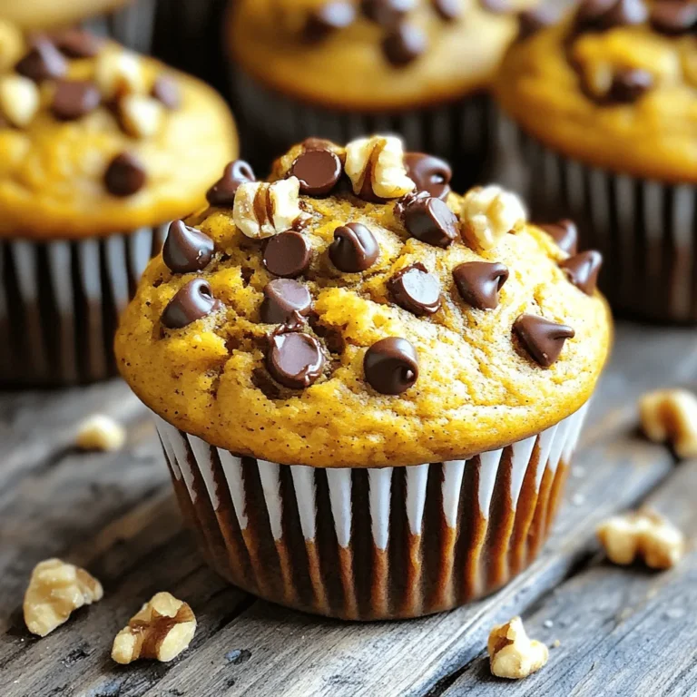 To make these chocolate chip pumpkin muffins, gather the following items: - 1 ½ cups all-purpose flour - 1 cup canned pumpkin puree - ½ cup brown sugar, packed - ½ cup granulated sugar - ½ cup vegetable oil - 2 large eggs - 1 teaspoon vanilla extract - 1 teaspoon baking soda - ½ teaspoon baking powder - ½ teaspoon salt - 1 teaspoon ground cinnamon - ½ teaspoon ground nutmeg - ½ cup semi-sweet chocolate chips - ¼ cup chopped walnuts (optional) If you want to swap some ingredients, here are some ideas: - Flour: You can use whole wheat flour for a healthier option. - Pumpkin Puree: If you don’t have canned, you can use homemade puree. Just cook and blend fresh pumpkin. - Sugars: You can replace brown sugar with coconut sugar for a lighter flavor. - Oils: Applesauce can replace vegetable oil for a lower fat option. - Eggs: Use flaxseed meal mixed with water for a vegan choice. - Chocolate Chips: Dark chocolate or white chocolate chips work great too. Each muffin will give you energy and flavor. Here’s a rough idea of the nutrition: - Calories: About 180 - Protein: 3 grams - Fat: 8 grams - Carbohydrates: 27 grams - Fiber: 1 gram - Sugar: 10 grams These muffins are a tasty treat, packed with flavor and a bit of sweetness. Enjoy baking! 1. Start by preheating your oven to 350°F (175°C). This warms the oven for even baking. 2. Line a muffin tin with paper liners or spray it with non-stick spray. This helps the muffins release easily. 3. In a large bowl, whisk together the flour, baking soda, baking powder, salt, cinnamon, and nutmeg. Mix well to blend the dry ingredients. 4. In another bowl, combine pumpkin puree, brown sugar, granulated sugar, vegetable oil, eggs, and vanilla extract. Stir until the mix is smooth and creamy. 5. Gradually add the dry mix to the wet mix. Stir gently until just combined. Avoid overmixing to keep the muffins light. 6. Fold in the semi-sweet chocolate chips. If you like, add chopped walnuts for extra crunch. 7. Divide the batter evenly among the muffin cups. Fill each cup about ¾ full. This allows room for rising. 8. Place the muffin tin in the oven and bake for 18 to 20 minutes. Check for doneness by inserting a toothpick. It should come out clean. 9. After baking, let the muffins cool in the tin for 5 minutes. This helps them firm up. 10. Carefully transfer the muffins to a wire rack to cool completely. Serve warm, or store them for later. Enjoy with coffee or tea for a cozy treat! To bake the best chocolate chip pumpkin muffins, follow these tips: - Measure Ingredients Accurately: Use measuring cups and spoons. This helps get the right balance of flavors. - Don’t Overmix the Batter: Gently stir the wet and dry ingredients together. Overmixing can lead to tough muffins. - Use Room Temperature Ingredients: Let eggs and pumpkin puree sit out. This helps create a smoother batter. - Fill Muffin Cups Correctly: Fill each cup about ¾ full. This allows enough room for rising without spilling over. Avoid these common pitfalls when making your muffins: - Skipping the Baking Powder: This can make your muffins dense. Always check your ingredients list. - Using Cold Ingredients: Cold ingredients can affect the batter’s texture. Let them warm to room temp first. - Not Checking the Oven Temperature: An oven thermometer can help. Accurate temperatures give you the best rise. - Opening the Oven Door Too Soon: Keep the door closed until the muffins are nearly done. This prevents them from sinking. For that soft, bakery-style texture, try these steps: - Incorporate Air: Whip your wet ingredients well. This adds air, making the muffins light. - Add a Touch of Sour Cream or Yogurt: This gives moisture and richness. Add about ¼ cup to your wet mix for extra fluffiness. - Top with Sugar Before Baking: Sprinkle a bit of sugar on top before baking. This creates a nice crust and adds sweetness. - Cool Properly: Let your muffins cool in the tin for 5 minutes. Then, transfer them to a wire rack to cool completely. This helps keep them soft. {{image_2}} You can boost your muffins with fun add-ins. Chopped walnuts add a nice crunch. Mix in ¼ cup of walnuts if you like. You can also add dried fruits. Raisins or dried cranberries work well. Use about ½ cup of your choice. These mix-ins give your muffins more flavor and texture. Want to make gluten-free muffins? Swap the all-purpose flour for a gluten-free blend. Look for a blend that works for baking. Most blends include xanthan gum, which helps with texture. You may need to adjust the baking time slightly. Keep an eye on your muffins as they bake. To make vegan muffins, replace the eggs with flax eggs. Mix 1 tablespoon of ground flaxseed with 2.5 tablespoons of water. Let it sit for about 5 minutes until it thickens. Also, substitute the vegetable oil with applesauce or melted coconut oil. This keeps your muffins moist and tasty. Vegan chocolate chips can replace regular ones, too. Enjoy these adaptations for a plant-based treat! To keep your chocolate chip pumpkin muffins fresh, store them in an airtight container. Make sure to let them cool completely first. If you stack them, place parchment paper between layers to avoid sticking. Store them at room temperature for up to three days. For longer storage, consider freezing them. Freezing muffins is a great way to save some for later. First, let the muffins cool completely. Then, wrap each muffin tightly in plastic wrap. Place the wrapped muffins in a freezer-safe bag or container. They can last in the freezer for up to three months. When you're ready to enjoy, just thaw them at room temperature. To bring back that fresh-baked taste, reheat your muffins. You can use a microwave for quick warming. Heat each muffin for about 15-20 seconds. If you prefer a crispy top, use an oven. Preheat it to 350°F (175°C) and heat for about 5-10 minutes. Enjoy your muffins warm for the best flavor! Yes, you can use fresh pumpkin. First, cook the pumpkin until soft. Then, mash it well. You need 1 cup of fresh pumpkin puree. Fresh pumpkin gives a vibrant taste but may need more time to prepare. To check if muffins are done, insert a toothpick in the center. If it comes out clean, they are ready. You can also lightly press the top. It should spring back. If it leaves a dent, bake a few more minutes. To keep muffins moist, store them in an airtight container. You can also wrap them in plastic wrap. Adding a slice of bread keeps them fresh longer. For quick bites, freeze them in a zip-top bag. Just thaw before eating! In this post, we covered important ingredients, baking steps, and expert tips for muffins. You learned how to make them perfect every time. Remember to try substitutions for dietary needs. Explore variations to keep things fun, and use our tips to store and reheat your muffins. With these insights, you can enjoy bakery-style muffins at home. The best part? You can experiment and make them your own. Happy baking!