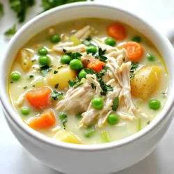 - 2 cups cooked chicken, shredded - 4 cups low-sodium chicken broth - 1 cup carrots, diced - 1 cup celery, diced - 1 cup frozen peas - 1 cup potatoes, diced (Yukon Gold or Russet) - 1 medium onion, diced - 3 cloves garlic, minced - 1 teaspoon dried thyme - 1 teaspoon dried rosemary - 1 teaspoon onion powder - 1 teaspoon garlic powder - Salt and pepper to taste - 1 cup heavy cream - 1/4 cup all-purpose flour (for thickening) - 1/2 cup frozen corn - Fresh parsley, chopped (for garnish) In this comforting slow cooker chicken pot pie soup, the main ingredients are all about flavor and warmth. The cooked chicken adds protein and heartiness. I love using low-sodium chicken broth as a base. It keeps the soup light but still full of chicken flavor. The diced carrots and celery give a nice crunch, while the frozen peas add a pop of color. I recommend using Yukon Gold or Russet potatoes because they hold up well in the slow cooker. Next, the seasoning! Dried thyme and rosemary bring a lovely aroma to the soup. Onion and garlic powders deepen the taste without overpowering. I always adjust the salt and pepper to my liking. For a creamy finish, I use heavy cream. It makes the soup rich and smooth. If you want it thicker, try adding all-purpose flour. It really helps make the soup more filling. Lastly, you can add frozen corn for extra sweetness. Fresh parsley makes a great garnish, adding color and freshness. This soup is a wonderful way to gather flavors and create a dish that feels like a warm hug. - First, shred the cooked chicken. This adds great texture to the soup. - Next, dice the vegetables. You'll need carrots, celery, potatoes, onion, and garlic. - In your slow cooker, combine the shredded chicken, chicken broth, and all the diced veggies. - Don't forget to add the frozen peas and corn. These add sweetness and color. - Season with salt and pepper to taste. This step is key for flavor. - Cover the slow cooker and set it to low for 6-7 hours or high for 3-4 hours. Cook until the vegetables are tender and the flavors meld together. - If you want a thicker soup, mix the all-purpose flour with a bit of water. This forms a slurry. Stir it into the soup about 30 minutes before the end of cooking. - About 15 minutes before serving, stir in the heavy cream. This creates a rich, creamy texture. - Taste the soup one last time. Adjust the seasoning if needed. Enjoy every comforting bite! To boost the taste of your soup, adjust your seasonings. You can add more thyme and rosemary for a stronger flavor. A pinch of paprika adds warmth and a hint of spice. If you like a bit of heat, try adding a dash of cayenne pepper. Consider adding more vegetables to make the soup heartier. You might add green beans, mushrooms, or bell peppers. These add color and nutrition. Feel free to mix and match based on what you have at home. To thicken the soup, use a simple trick. In a small bowl, mix all-purpose flour with water to make a slurry. Stir this into the soup about 30 minutes before the end of cooking. This makes your soup creamy and rich. To ensure your vegetables are tender, cut them into small, even pieces. This helps them cook at the same rate. Stir the soup occasionally to help it heat evenly. For sides, crusty bread or biscuits pair perfectly with the soup. They soak up the broth and make each bite delightful. A simple green salad can also add freshness to the meal. For presentation, ladle the soup into bowls. Top with fresh parsley for a pop of color. This makes the dish look inviting and fresh, ready to be enjoyed. {{image_2}} If you want to make this soup healthier, consider using low-fat cream. You can swap heavy cream for half-and-half or a light cream. This change cuts calories without losing much flavor. Another option is to make a vegetable-only version. Use vegetable broth instead of chicken broth. Replace the chicken with your favorite veggies like mushrooms or zucchini. This swap makes a tasty and filling soup while being plant-based. You can switch proteins easily. If you have turkey, use it instead of chicken. This works great if you have leftovers from a holiday meal. The flavor stays rich and hearty. You can also use fresh ingredients instead of frozen ones. Fresh carrots, peas, and corn can add a nice crunch. Just chop them up and toss them in the slow cooker. This small change can brighten up your dish. Spices can change the taste of your soup. Try adding paprika or cayenne for a kick. A little bit of curry powder can give it a warm flavor, too. Adding fresh herbs like basil or dill can also enhance the taste. Stir them in right before serving. This keeps the herbs vibrant and fresh. The extra touch makes the soup even more inviting. To keep your Slow Cooker Chicken Pot Pie Soup fresh, store leftovers in an airtight container. Make sure it cools down before sealing. This soup stays good in the fridge for about three to four days. If you want to enjoy it longer, consider freezing it. To freeze the soup, let it cool completely first. Then, pour it into freezer-safe bags or containers. Leave some space at the top for expansion. This soup can last in the freezer for up to three months. When you're ready to eat, take it out and thaw it overnight in the fridge. You can also thaw it in the microwave if you're short on time. To reheat, you have two simple options. For the microwave, pour a bowl of soup and heat for about 2-3 minutes, stirring halfway. On the stove, pour the soup into a pot and heat over medium heat. Stir often until it’s hot. If the soup is too thick, add a splash of broth or water to reach your desired consistency. Yes, you can use raw chicken. It is safe as long as you cook it to the right temperature. The chicken should reach 165°F (75°C) to be safe. To keep it tender, add enough liquid to the pot. This helps cook the chicken evenly. To make this soup gluten-free, skip the all-purpose flour. You can use cornstarch or arrowroot powder instead. Mix one tablespoon of cornstarch with two tablespoons of cold water. Stir this into the soup near the end of cooking. It will help thicken the soup without gluten. Yes, you can easily make this soup vegetarian. Use vegetable broth instead of chicken broth. Replace the chicken with cooked lentils or chickpeas for protein. You can also add more vegetables like mushrooms or zucchini. This keeps the soup hearty and satisfying. This blog covered a simple, delicious chicken soup recipe using fresh ingredients. We discussed key components like chicken, vegetables, and seasonings. I shared tips on enhancing flavors and achieving the right texture. You learned about variations to suit different diets and how to store leftovers properly. In my view, making this soup is an easy way to enjoy a warm meal. You can adapt it to fit your tastes and preferences. Dive in and experiment with it! Your next comfort food awaits.