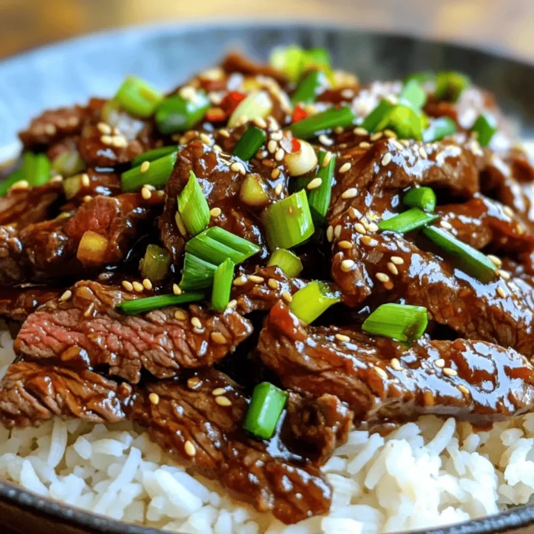 - 1 lb flank steak - 1/2 cup soy sauce - 1/4 cup brown sugar - 1 tablespoon sesame oil - 4 cloves garlic, minced - 1 inch ginger, grated - 2 tablespoons cornstarch - 3 tablespoons vegetable oil, divided - 1 cup green onions, chopped (white and green parts separated) - 1/2 teaspoon red pepper flakes (adjust to taste) To make Mongolian beef, you need fresh and quality ingredients. The flank steak is the star of the dish. It is tender and slices well. The soy sauce gives a rich flavor. Brown sugar adds sweetness, balancing the saltiness. Sesame oil adds a nice nutty touch. Garlic and ginger boost the taste with their unique aromas. Green onions provide color and freshness. Red pepper flakes bring a bit of heat. - Recommended cooking oils: vegetable oil for high heat - Equipment and tools required: large skillet or wok, cutting board, sharp knife, mixing bowl - Importance of cornstarch in preparation: Cornstarch helps tenderize the beef. It also creates a nice glaze when cooked. Toss the beef in cornstarch before cooking. This step makes a big difference in texture. It keeps the beef juicy and flavorful. To slice flank steak against the grain, start by placing the steak on a cutting board. Look for the lines in the meat; these are the grain lines. Use a sharp knife to cut across those lines, not with them. This helps keep the meat tender. Next, sprinkle the sliced beef with cornstarch in a bowl. Toss it well to coat each piece. Cornstarch helps the beef stay tender and gives a nice crust when cooked. Let the beef rest for about 15 minutes. This step is key for flavor and texture. Heat a large skillet or wok over medium-high heat. Add 2 tablespoons of vegetable oil. Once hot, add the beef in a single layer. Sear it for 1-2 minutes. The beef should brown but not fully cook. Remove it from the skillet and set aside. In the same skillet, add the last tablespoon of vegetable oil. Sauté the white parts of the green onions, minced garlic, and grated ginger for about 30 seconds. This step fills your kitchen with amazing aromas. Now, add the soy sauce, brown sugar, sesame oil, and red pepper flakes. Stir everything together and let it simmer gently. Return the seared beef to the skillet with any juices. Stir well to coat the beef in sauce. Cook for an additional 2-3 minutes. This makes sure the beef is cooked through and the sauce thickens slightly. Toss in the green parts of the chopped green onions before turning off the heat. This adds a fresh touch to the dish. Serve your Mongolian beef over a bed of cooked rice or noodles. Both choices soak up the savory sauce perfectly. For a nice touch, garnish with extra green onions. This adds color and flavor, making your dish look and taste amazing. To get the best flavor from your Mongolian beef, balance is key. Adjust the soy sauce and brown sugar levels to suit your taste. If you like it saltier, add more soy sauce. For sweetness, increase the brown sugar. High heat is vital for stir frying. It helps sear the beef quickly, locking in juices. A hot pan also makes the veggies crisp and bright. Besides cornstarch, you can use baking soda to tenderize beef. Just sprinkle it on and let it sit for 15 minutes. Rinse it off before cooking. Marinating the beef can also help. Use soy sauce, ginger, and garlic for flavor. Let it sit for at least 30 minutes. This adds taste while making the beef softer. One common mistake is overcooking the beef. It should be just browned, not fully cooked. This keeps it juicy and tender. Another mistake is skipping the resting step. Let the beef rest after cooking. This allows juices to redistribute. You’ll get a more flavorful bite every time. {{image_2}} Traditional Mongolian beef uses fresh and simple ingredients. You need flank steak, soy sauce, and brown sugar. The dish is all about balance. The sweetness of brown sugar meets the salty soy sauce. I like to keep it classic by using fresh garlic and ginger. These aromatics give the dish depth and warmth. When you cook the beef, aim for high heat. This helps to sear the meat quickly and keep it tender. If you want a change, try using different proteins. Chicken works great in this dish. Simply slice it thin and follow the same steps. Tofu is another good choice, especially for a vegetarian option. Firm tofu absorbs flavors well and adds protein. You can also use a mix of vegetables. Bell peppers and broccoli add color and crunch. They make the dish more vibrant and healthy. Want to spice things up? You can easily adjust the heat. Start with half a teaspoon of red pepper flakes. This gives a mild kick. If you like it hotter, add more flakes. You can also use fresh chili peppers. Slice them thin and toss them in with the beef. For less heat, skip the red pepper flakes altogether. Your dish should fit your taste perfectly. To keep your Mongolian beef stir fry fresh, store it in an airtight container. Allow it to cool first. This helps prevent moisture buildup. Place it in the fridge within two hours after cooking. For best results, consume it within three days. - Use airtight containers - Cool before sealing - Refrigerate within two hours Keeping the beef and sauce separate can also help. This way, the beef stays tender and the sauce does not make it soggy. Freezing Mongolian beef is easy. First, let it cool completely. Then, transfer it to a freezer-safe bag or container. Remove as much air as possible. This stops freezer burn and keeps flavors intact. - Cool completely - Use freezer-safe bags or containers - Remove excess air When you are ready to eat, thaw it in the fridge overnight. Reheat in a pan over medium heat. Add a splash of water or broth to keep it moist. In the fridge, Mongolian beef stir fry lasts about three days. If you freeze it, it can last up to three months. After that, it may lose flavor and texture. Always check for signs of spoilage before eating. You can enjoy Mongolian Beef Stir Fry with several tasty sides. Here are some great options: - Steamed Rice: White or brown rice works well to soak up the sauce. - Noodles: Lo mein or udon noodles add a nice twist. - Stir-Fried Vegetables: Broccoli, bell peppers, and snap peas pair nicely. - Spring Rolls: These crispy treats add a fun crunch to your meal. - Asian Slaw: A fresh, tangy slaw can balance the savory beef. These sides create a delicious meal full of flavor and texture. Yes, you can easily add heat to Mongolian Beef Stir Fry. Here are some ideas: - Red Pepper Flakes: Increase the amount to make it hotter. - Chili Paste: Add a spoonful of chili paste for a spicy kick. - Szechuan Peppercorns: This adds a unique flavor with heat. - Fresh Chilis: Slice fresh chilis and toss them in while cooking. Feel free to adjust the spice to match your taste buds. Mongolian Beef and Chinese Beef have some similarities but also key differences. - Cooking Style: Mongolian Beef is often sweeter, thanks to brown sugar. - Sauce Base: It uses soy sauce and sesame oil, while other Chinese dishes vary. - Ingredients: Mongolian Beef emphasizes flank steak and green onions. Both dishes share stir-fry techniques, making them both delicious and popular. Mongolian beef stir fry is a delightful dish with simple steps. We explored key ingredients, cooking tools, and methods for a tasty meal. Remember to slice the beef right and use cornstarch for the best texture. Don't skip resting the meat or you'll end up with a tough stir fry. Feel free to try different proteins and spice levels to suit your taste. With these tips, you can whip up a dish impressing anyone. Enjoy your culinary adventure with Mongolian beef stir fry!