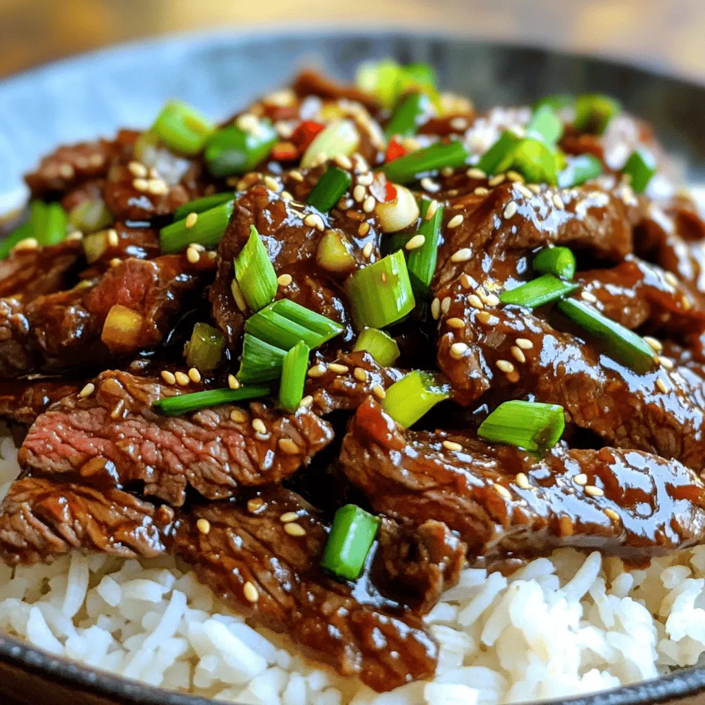- 1 lb flank steak - 1/2 cup soy sauce - 1/4 cup brown sugar - 1 tablespoon sesame oil - 4 cloves garlic, minced - 1 inch ginger, grated - 2 tablespoons cornstarch - 3 tablespoons vegetable oil, divided - 1 cup green onions, chopped (white and green parts separated) - 1/2 teaspoon red pepper flakes (adjust to taste) To make Mongolian beef, you need fresh and quality ingredients. The flank steak is the star of the dish. It is tender and slices well. The soy sauce gives a rich flavor. Brown sugar adds sweetness, balancing the saltiness. Sesame oil adds a nice nutty touch. Garlic and ginger boost the taste with their unique aromas. Green onions provide color and freshness. Red pepper flakes bring a bit of heat. - Recommended cooking oils: vegetable oil for high heat - Equipment and tools required: large skillet or wok, cutting board, sharp knife, mixing bowl - Importance of cornstarch in preparation: Cornstarch helps tenderize the beef. It also creates a nice glaze when cooked. Toss the beef in cornstarch before cooking. This step makes a big difference in texture. It keeps the beef juicy and flavorful. To slice flank steak against the grain, start by placing the steak on a cutting board. Look for the lines in the meat; these are the grain lines. Use a sharp knife to cut across those lines, not with them. This helps keep the meat tender. Next, sprinkle the sliced beef with cornstarch in a bowl. Toss it well to coat each piece. Cornstarch helps the beef stay tender and gives a nice crust when cooked. Let the beef rest for about 15 minutes. This step is key for flavor and texture. Heat a large skillet or wok over medium-high heat. Add 2 tablespoons of vegetable oil. Once hot, add the beef in a single layer. Sear it for 1-2 minutes. The beef should brown but not fully cook. Remove it from the skillet and set aside. In the same skillet, add the last tablespoon of vegetable oil. Sauté the white parts of the green onions, minced garlic, and grated ginger for about 30 seconds. This step fills your kitchen with amazing aromas. Now, add the soy sauce, brown sugar, sesame oil, and red pepper flakes. Stir everything together and let it simmer gently. Return the seared beef to the skillet with any juices. Stir well to coat the beef in sauce. Cook for an additional 2-3 minutes. This makes sure the beef is cooked through and the sauce thickens slightly. Toss in the green parts of the chopped green onions before turning off the heat. This adds a fresh touch to the dish. Serve your Mongolian beef over a bed of cooked rice or noodles. Both choices soak up the savory sauce perfectly. For a nice touch, garnish with extra green onions. This adds color and flavor, making your dish look and taste amazing. To get the best flavor from your Mongolian beef, balance is key. Adjust the soy sauce and brown sugar levels to suit your taste. If you like it saltier, add more soy sauce. For sweetness, increase the brown sugar. High heat is vital for stir frying. It helps sear the beef quickly, locking in juices. A hot pan also makes the veggies crisp and bright. Besides cornstarch, you can use baking soda to tenderize beef. Just sprinkle it on and let it sit for 15 minutes. Rinse it off before cooking. Marinating the beef can also help. Use soy sauce, ginger, and garlic for flavor. Let it sit for at least 30 minutes. This adds taste while making the beef softer. One common mistake is overcooking the beef. It should be just browned, not fully cooked. This keeps it juicy and tender. Another mistake is skipping the resting step. Let the beef rest after cooking. This allows juices to redistribute. You’ll get a more flavorful bite every time. {{image_2}} Traditional Mongolian beef uses fresh and simple ingredients. You need flank steak, soy sauce, and brown sugar. The dish is all about balance. The sweetness of brown sugar meets the salty soy sauce. I like to keep it classic by using fresh garlic and ginger. These aromatics give the dish depth and warmth. When you cook the beef, aim for high heat. This helps to sear the meat quickly and keep it tender. If you want a change, try using different proteins. Chicken works great in this dish. Simply slice it thin and follow the same steps. Tofu is another good choice, especially for a vegetarian option. Firm tofu absorbs flavors well and adds protein. You can also use a mix of vegetables. Bell peppers and broccoli add color and crunch. They make the dish more vibrant and healthy. Want to spice things up? You can easily adjust the heat. Start with half a teaspoon of red pepper flakes. This gives a mild kick. If you like it hotter, add more flakes. You can also use fresh chili peppers. Slice them thin and toss them in with the beef. For less heat, skip the red pepper flakes altogether. Your dish should fit your taste perfectly. To keep your Mongolian beef stir fry fresh, store it in an airtight container. Allow it to cool first. This helps prevent moisture buildup. Place it in the fridge within two hours after cooking. For best results, consume it within three days. - Use airtight containers - Cool before sealing - Refrigerate within two hours Keeping the beef and sauce separate can also help. This way, the beef stays tender and the sauce does not make it soggy. Freezing Mongolian beef is easy. First, let it cool completely. Then, transfer it to a freezer-safe bag or container. Remove as much air as possible. This stops freezer burn and keeps flavors intact. - Cool completely - Use freezer-safe bags or containers - Remove excess air When you are ready to eat, thaw it in the fridge overnight. Reheat in a pan over medium heat. Add a splash of water or broth to keep it moist. In the fridge, Mongolian beef stir fry lasts about three days. If you freeze it, it can last up to three months. After that, it may lose flavor and texture. Always check for signs of spoilage before eating. You can enjoy Mongolian Beef Stir Fry with several tasty sides. Here are some great options: - Steamed Rice: White or brown rice works well to soak up the sauce. - Noodles: Lo mein or udon noodles add a nice twist. - Stir-Fried Vegetables: Broccoli, bell peppers, and snap peas pair nicely. - Spring Rolls: These crispy treats add a fun crunch to your meal. - Asian Slaw: A fresh, tangy slaw can balance the savory beef. These sides create a delicious meal full of flavor and texture. Yes, you can easily add heat to Mongolian Beef Stir Fry. Here are some ideas: - Red Pepper Flakes: Increase the amount to make it hotter. - Chili Paste: Add a spoonful of chili paste for a spicy kick. - Szechuan Peppercorns: This adds a unique flavor with heat. - Fresh Chilis: Slice fresh chilis and toss them in while cooking. Feel free to adjust the spice to match your taste buds. Mongolian Beef and Chinese Beef have some similarities but also key differences. - Cooking Style: Mongolian Beef is often sweeter, thanks to brown sugar. - Sauce Base: It uses soy sauce and sesame oil, while other Chinese dishes vary. - Ingredients: Mongolian Beef emphasizes flank steak and green onions. Both dishes share stir-fry techniques, making them both delicious and popular. Mongolian beef stir fry is a delightful dish with simple steps. We explored key ingredients, cooking tools, and methods for a tasty meal. Remember to slice the beef right and use cornstarch for the best texture. Don't skip resting the meat or you'll end up with a tough stir fry. Feel free to try different proteins and spice levels to suit your taste. With these tips, you can whip up a dish impressing anyone. Enjoy your culinary adventure with Mongolian beef stir fry!
