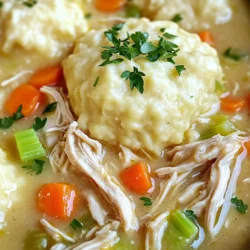 For this dish, you need 2 lbs of boneless, skinless chicken breasts. This cut is perfect because it stays tender. You also need 4 cups of low-sodium chicken broth. Using low-sodium broth helps control the salt. Next, gather some fresh veggies. You will need: - 1 cup carrots, diced - 1 cup celery, diced - 1 medium onion, chopped - 3 cloves garlic, minced These vegetables add great flavor and texture. They create a warm and hearty base for your meal. Now, let’s talk about the dumplings. You will need: - 2 cups all-purpose flour - 1 tablespoon baking powder - 1/2 teaspoon baking soda - 1/4 cup butter, melted - 1 cup milk The flour and baking powder create the dumpling structure. The butter and milk keep them moist and fluffy. Don’t forget to add 1/2 teaspoon salt for taste! This combination of chicken, broth, vegetables, and dumplings makes a perfect comfort meal. Enjoy creating this dish that warms the heart! Start by placing 2 lbs of boneless, skinless chicken breasts in your slow cooker. Season the chicken with 1 teaspoon salt, 1/2 teaspoon black pepper, 1 teaspoon dried thyme, and 1 teaspoon dried parsley. This mix adds great flavor. Make sure each piece is well coated. Next, chop 1 medium onion, 1 cup of carrots, and 1 cup of celery. Dice these veggies and pour them over the chicken. Then, mince 3 cloves of garlic and sprinkle that in too. Pour 4 cups of low-sodium chicken broth over everything. Add a can of cream of chicken soup. Give it a gentle stir to blend all the flavors. In a medium bowl, whisk together 2 cups of all-purpose flour, 1 tablespoon of baking powder, and 1/2 teaspoon of baking soda. Add a pinch of salt for taste. Stir in 1/4 cup of melted butter and 1 cup of milk. Mix until it's just combined; don't overdo it. This batter creates fluffy dumplings. Once the cooking time is up, remove the chicken from the slow cooker. Shred the chicken using two forks and return it to the pot. Stir in 2 cups of frozen peas. Drop spoonfuls of the dumpling batter evenly over the top. Cover and cook on high for another 30-40 minutes. The dumplings should be fluffy and cooked through. Serve hot, garnished with 1/2 cup of fresh parsley for a bright finish. For the best flavor, use boneless, skinless chicken breasts. They cook well in the slow cooker. You can also use thighs for more richness. Chicken thighs add great taste and stay moist. If you prefer white meat, stick to breasts. They shred nicely and soak up the broth. To avoid soggy dumplings, don’t stir them too much. Drop spoonfuls of the batter on top of the mixture. Make sure the lid stays on while they cook. This traps steam and helps them rise. Cook the dumplings on high for the last 30 to 40 minutes. This ensures they stay fluffy and light. Add fresh herbs for a flavor boost. Try thyme, rosemary, or bay leaves. Use fresh garlic instead of minced for a punchier taste. You can also add a splash of lemon juice. This brightens and enhances the dish. For extra creaminess, mix in some sour cream before serving. Enjoy experimenting with spices and herbs to find your favorite mix! {{image_2}} You can make this dish lighter if you want. Use skinless chicken thighs instead of breasts. They add flavor and stay moist. Swap out cream of chicken soup for a homemade version or a low-fat option. You can also use whole wheat flour in the dumplings for extra fiber. Feel free to change the veggies. Instead of carrots and celery, use green beans or corn. You can even add spinach for a healthy twist. For the broth, try vegetable broth for a vegetarian version. If you don't have fresh herbs, dried ones work just fine. Want to switch things up? Add spices like paprika or cayenne for a kick. For a savory note, toss in some bay leaves while cooking. You can also add different herbs, like rosemary or oregano, for a fresh taste. Experiment with adding a splash of lemon juice for brightness. To store leftovers, let the chicken and dumplings cool down. Then, place them in airtight containers. You can keep them in the fridge for up to 3 days. Make sure to seal the containers well to keep out air. You can freeze chicken and dumplings for later. First, cool them completely. Then, scoop portions into freezer-safe bags. Remove as much air as possible before sealing. You can freeze them for up to 3 months. Just label the bags with the date for easy tracking. When you're ready to eat, take the chicken and dumplings out of the fridge or freezer. If frozen, let them thaw overnight in the fridge. To reheat, place them in a pot over low heat. Stir often until everything is warm. You can also use a microwave. Heat in short bursts, stirring in between, until hot. Enjoy your meal just like the first time! Yes, you can use frozen chicken. Just place the frozen chicken breasts in the slow cooker. You may need to cook it a bit longer, about 7-8 hours on low. The slow cooker will safely cook it through. Just make sure it reaches a safe temperature of 165°F. To make gluten-free dumplings, swap all-purpose flour for gluten-free flour. You can use a blend made for baking. Follow the same steps for mixing the dough. Keep an eye on the dumplings, as they may cook faster. Chicken and dumplings pair well with a simple green salad or steamed veggies. You can also serve warm bread rolls. It adds a nice touch and helps soak up the tasty broth. Consider a fruit salad for a sweet side, too. In this post, we explored how to make chicken and dumplings. We covered the main ingredients like chicken, veggies, and dumpling mix. I walked you through easy steps to prepare and cook everything. We shared tips for the best chicken cuts and how to avoid soggy dumplings. You can also try healthier swaps and store your leftovers properly. With these insights, enjoy a warm bowl of comfort food anytime. I hope you find joy in making this classic dish with your own twist!