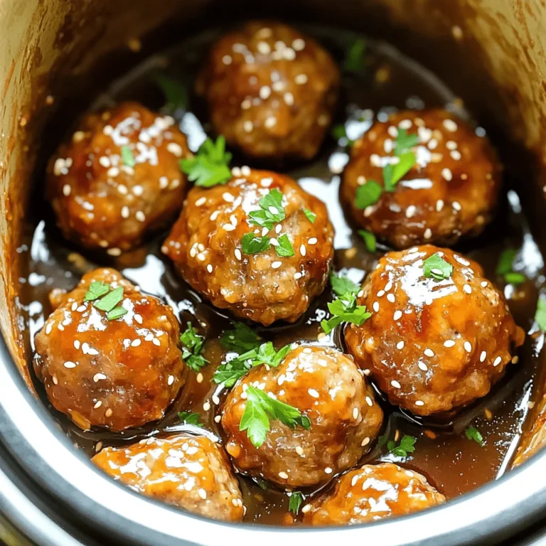 - 1 pound ground beef (or a mix of beef and pork) - 1/2 cup breadcrumbs - 1/4 cup grated Parmesan cheese - 1 large egg - 2 cloves garlic, minced - 1/4 cup green onions, finely chopped - 1 teaspoon dried oregano - Salt and pepper to taste The base for these meatballs is simple yet flavorful. Ground beef gives richness. A mix of beef and pork adds depth. Breadcrumbs keep them juicy. Parmesan cheese adds a nice salty kick. The egg binds it all together. Garlic brings a bold taste. Green onions add a fresh crunch. Dried oregano rounds out the flavor. Don’t forget the salt and pepper for seasoning! - 1/4 cup honey - 1/4 cup soy sauce - 1 tablespoon apple cider vinegar - 1 teaspoon sesame oil - 1 tablespoon cornstarch mixed with 2 tablespoons water (for thickening) This sauce is the star of the dish. Honey gives sweetness. Soy sauce adds savory depth. Apple cider vinegar adds tang. Sesame oil provides a nutty flavor. Cornstarch helps thicken it for a perfect glaze. Together, these ingredients make the meatballs shine. - Sesame seeds - Chopped parsley Garnishes can elevate your dish. Sesame seeds add crunch and style. Chopped parsley gives a fresh pop of color. They make your meatballs look even more appetizing. Plus, it’s a great way to impress your family or guests! To make the meatballs, start by mixing the ingredients. In a large bowl, combine: - 1 pound ground beef (or a mix of beef and pork) - 1/2 cup breadcrumbs - 1/4 cup grated Parmesan cheese - 1 large egg - 2 cloves garlic, minced - 1/4 cup green onions, finely chopped - 1 teaspoon dried oregano - Salt and pepper to taste Use your hands or a spoon to mix well. You want each part to blend together. Make sure the garlic and herbs are spread out. After mixing, form small meatballs. Each should be about 1 inch in size. This size helps them cook evenly. Place the meatballs in the slow cooker as you form them. Next, arrange the meatballs in the slow cooker. It’s okay if they touch; just make sure they fit. Now, prepare the honey garlic sauce in a separate bowl. Whisk together: - 1/4 cup honey - 1/4 cup soy sauce - 1 tablespoon apple cider vinegar - 1 teaspoon sesame oil Once your sauce is ready, pour it evenly over the meatballs. This step adds a nice flavor as they cook. For cooking, you have two options: low or high. If you set your cooker to low, let it run for 6-8 hours. If you choose high, cook for 3-4 hours. The meatballs should be tender and fully cooked when done. To thicken the sauce before serving, use cornstarch. Mix 1 tablespoon of cornstarch with 2 tablespoons of water. Stir this mix into the sauce about 30 minutes before you serve. This will give your dish a nice texture. Taste the sauce and adjust the seasoning if needed. To avoid dry meatballs, use a mix of beef and pork. The pork adds fat, which keeps the meatballs juicy. Also, don't skip the egg; it binds the meat together. Breadcrumbs are key too. They soak up moisture and help with texture. You can adjust seasoning by adding spices like paprika or chili powder. These add warmth and depth. Fresh herbs, like parsley or basil, boost flavor, too. Just chop them finely and mix them in for a fresh taste. Choose the low setting for the best results. Cooking for 6-8 hours lets flavors meld perfectly. If you’re short on time, the high setting works in 3-4 hours. To keep the meatballs tender, add enough sauce to cover them. This keeps them moist while cooking. {{image_2}} You can change the flavor of honey garlic meatballs in fun ways. Try swapping the soy sauce for teriyaki sauce for a sweeter taste. You can also add unique spices like ginger or chili flakes to give it a kick. If you want to mix things up, you can use different ground meats. Ground turkey or chicken works well too. Each meat brings its own flavor and texture. Don't be afraid to experiment and find your favorite! While the slow cooker is easy, you have other options. You can oven-bake the meatballs for a crispy outside. Just preheat your oven to 400°F and bake for about 20 minutes. This method gives you a different texture. Stovetop cooking is another choice. Brown the meatballs in a skillet, then add the sauce. Cover and simmer until cooked through. This method is quicker and still very tasty. Serving ideas for honey garlic meatballs are endless. You can pair them with rice or noodles for a filling meal. They also work great in sliders, making a fun party dish. Try serving them with steamed veggies or a fresh salad to balance out the sweetness. You can even use leftovers in a wrap for lunch the next day. Enjoy getting creative with your meals! After you enjoy your honey garlic meatballs, you might have some left. To store them, let the meatballs cool first. Then, place them in an airtight container. Make sure to keep the sauce with the meatballs. This keeps them moist. In the fridge, these meatballs last about 3 to 4 days. Use them for quick meals or snacks. You can enjoy them cold, but I prefer them warm. If you want to save them for later, freezing is a great option. To freeze, place the meatballs on a baking sheet. Make sure they are not touching. Freeze them for about 1 to 2 hours until solid. Once frozen, transfer the meatballs to a freezer-safe bag. Remove as much air as you can. They can stay in the freezer for up to 3 months. To reheat, take the meatballs out of the freezer and let them thaw in the fridge overnight. You can also reheat them straight from frozen. Just add them to a slow cooker with some sauce on low heat until warm. Batch cooking is a smart way to have meals ready. You can make a big batch of honey garlic meatballs. This gives you quick meals for the week. Incorporate the meatballs into your meal plan. They work well with rice, pasta, or even in sandwiches. You can also add them to salads for a tasty protein boost. This makes mealtime easy and fun! Honey garlic meatballs last about 3 to 4 days in the fridge. Make sure to store them in an airtight container. This keeps them fresh and tasty for your next meal. You can also reheat them in the microwave or on the stove. Just ensure they reach a safe temperature before eating. Yes, you can make honey garlic meatballs ahead of time! Prepare them and place them in the slow cooker. You can also form the meatballs and freeze them. If you freeze them, keep them in a single layer. Once frozen, transfer to a bag. You can cook them straight from frozen, but add an extra hour to the cooking time. If you need a substitute for honey, try maple syrup or agave nectar. Both will add sweetness to your meatballs. You can also use brown sugar mixed with a bit of water. This gives a similar flavor to honey. Adjust the amount based on how sweet you want the dish. This blog post covered how to make delicious honey garlic meatballs. We discussed key ingredients like ground beef, breadcrumbs, and honey. You learned step-by-step instructions, cooking tips, and variations to try. Remember to store leftovers properly for future meals. In the end, you can enjoy these meatballs in many ways. Whether as a quick dinner or meal prep option, they are tasty and easy. Now, you are ready to cook up a storm!