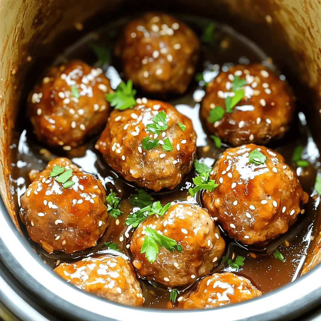 - 1 pound ground beef (or a mix of beef and pork) - 1/2 cup breadcrumbs - 1/4 cup grated Parmesan cheese - 1 large egg - 2 cloves garlic, minced - 1/4 cup green onions, finely chopped - 1 teaspoon dried oregano - Salt and pepper to taste The base for these meatballs is simple yet flavorful. Ground beef gives richness. A mix of beef and pork adds depth. Breadcrumbs keep them juicy. Parmesan cheese adds a nice salty kick. The egg binds it all together. Garlic brings a bold taste. Green onions add a fresh crunch. Dried oregano rounds out the flavor. Don’t forget the salt and pepper for seasoning! - 1/4 cup honey - 1/4 cup soy sauce - 1 tablespoon apple cider vinegar - 1 teaspoon sesame oil - 1 tablespoon cornstarch mixed with 2 tablespoons water (for thickening) This sauce is the star of the dish. Honey gives sweetness. Soy sauce adds savory depth. Apple cider vinegar adds tang. Sesame oil provides a nutty flavor. Cornstarch helps thicken it for a perfect glaze. Together, these ingredients make the meatballs shine. - Sesame seeds - Chopped parsley Garnishes can elevate your dish. Sesame seeds add crunch and style. Chopped parsley gives a fresh pop of color. They make your meatballs look even more appetizing. Plus, it’s a great way to impress your family or guests! To make the meatballs, start by mixing the ingredients. In a large bowl, combine: - 1 pound ground beef (or a mix of beef and pork) - 1/2 cup breadcrumbs - 1/4 cup grated Parmesan cheese - 1 large egg - 2 cloves garlic, minced - 1/4 cup green onions, finely chopped - 1 teaspoon dried oregano - Salt and pepper to taste Use your hands or a spoon to mix well. You want each part to blend together. Make sure the garlic and herbs are spread out. After mixing, form small meatballs. Each should be about 1 inch in size. This size helps them cook evenly. Place the meatballs in the slow cooker as you form them. Next, arrange the meatballs in the slow cooker. It’s okay if they touch; just make sure they fit. Now, prepare the honey garlic sauce in a separate bowl. Whisk together: - 1/4 cup honey - 1/4 cup soy sauce - 1 tablespoon apple cider vinegar - 1 teaspoon sesame oil Once your sauce is ready, pour it evenly over the meatballs. This step adds a nice flavor as they cook. For cooking, you have two options: low or high. If you set your cooker to low, let it run for 6-8 hours. If you choose high, cook for 3-4 hours. The meatballs should be tender and fully cooked when done. To thicken the sauce before serving, use cornstarch. Mix 1 tablespoon of cornstarch with 2 tablespoons of water. Stir this mix into the sauce about 30 minutes before you serve. This will give your dish a nice texture. Taste the sauce and adjust the seasoning if needed. To avoid dry meatballs, use a mix of beef and pork. The pork adds fat, which keeps the meatballs juicy. Also, don't skip the egg; it binds the meat together. Breadcrumbs are key too. They soak up moisture and help with texture. You can adjust seasoning by adding spices like paprika or chili powder. These add warmth and depth. Fresh herbs, like parsley or basil, boost flavor, too. Just chop them finely and mix them in for a fresh taste. Choose the low setting for the best results. Cooking for 6-8 hours lets flavors meld perfectly. If you’re short on time, the high setting works in 3-4 hours. To keep the meatballs tender, add enough sauce to cover them. This keeps them moist while cooking. {{image_2}} You can change the flavor of honey garlic meatballs in fun ways. Try swapping the soy sauce for teriyaki sauce for a sweeter taste. You can also add unique spices like ginger or chili flakes to give it a kick. If you want to mix things up, you can use different ground meats. Ground turkey or chicken works well too. Each meat brings its own flavor and texture. Don't be afraid to experiment and find your favorite! While the slow cooker is easy, you have other options. You can oven-bake the meatballs for a crispy outside. Just preheat your oven to 400°F and bake for about 20 minutes. This method gives you a different texture. Stovetop cooking is another choice. Brown the meatballs in a skillet, then add the sauce. Cover and simmer until cooked through. This method is quicker and still very tasty. Serving ideas for honey garlic meatballs are endless. You can pair them with rice or noodles for a filling meal. They also work great in sliders, making a fun party dish. Try serving them with steamed veggies or a fresh salad to balance out the sweetness. You can even use leftovers in a wrap for lunch the next day. Enjoy getting creative with your meals! After you enjoy your honey garlic meatballs, you might have some left. To store them, let the meatballs cool first. Then, place them in an airtight container. Make sure to keep the sauce with the meatballs. This keeps them moist. In the fridge, these meatballs last about 3 to 4 days. Use them for quick meals or snacks. You can enjoy them cold, but I prefer them warm. If you want to save them for later, freezing is a great option. To freeze, place the meatballs on a baking sheet. Make sure they are not touching. Freeze them for about 1 to 2 hours until solid. Once frozen, transfer the meatballs to a freezer-safe bag. Remove as much air as you can. They can stay in the freezer for up to 3 months. To reheat, take the meatballs out of the freezer and let them thaw in the fridge overnight. You can also reheat them straight from frozen. Just add them to a slow cooker with some sauce on low heat until warm. Batch cooking is a smart way to have meals ready. You can make a big batch of honey garlic meatballs. This gives you quick meals for the week. Incorporate the meatballs into your meal plan. They work well with rice, pasta, or even in sandwiches. You can also add them to salads for a tasty protein boost. This makes mealtime easy and fun! Honey garlic meatballs last about 3 to 4 days in the fridge. Make sure to store them in an airtight container. This keeps them fresh and tasty for your next meal. You can also reheat them in the microwave or on the stove. Just ensure they reach a safe temperature before eating. Yes, you can make honey garlic meatballs ahead of time! Prepare them and place them in the slow cooker. You can also form the meatballs and freeze them. If you freeze them, keep them in a single layer. Once frozen, transfer to a bag. You can cook them straight from frozen, but add an extra hour to the cooking time. If you need a substitute for honey, try maple syrup or agave nectar. Both will add sweetness to your meatballs. You can also use brown sugar mixed with a bit of water. This gives a similar flavor to honey. Adjust the amount based on how sweet you want the dish. This blog post covered how to make delicious honey garlic meatballs. We discussed key ingredients like ground beef, breadcrumbs, and honey. You learned step-by-step instructions, cooking tips, and variations to try. Remember to store leftovers properly for future meals. In the end, you can enjoy these meatballs in many ways. Whether as a quick dinner or meal prep option, they are tasty and easy. Now, you are ready to cook up a storm!
