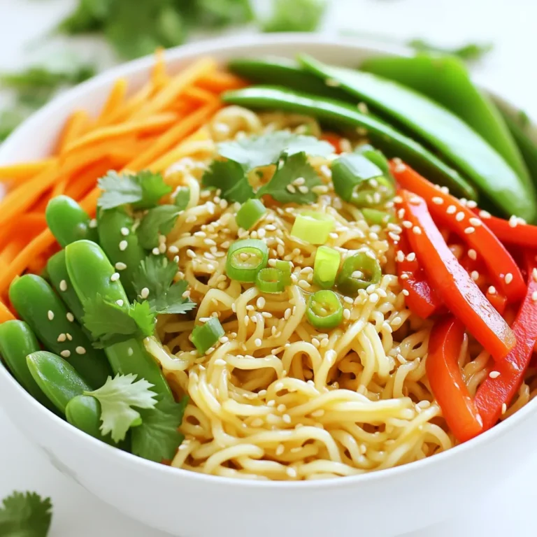 To make Minute Sesame Ginger Noodle Bowls, gather the following ingredients: - 8 oz rice noodles - 2 tablespoons sesame oil - 1 tablespoon fresh ginger, minced - 2 cloves garlic, minced - 1 red bell pepper, thinly sliced - 1 cup snap peas, trimmed - 1 carrot, julienned - 3 green onions, chopped - ¼ cup soy sauce (or tamari for gluten-free) - 1 tablespoon honey or maple syrup - 1 tablespoon rice vinegar - 1 tablespoon sesame seeds - Fresh cilantro for garnish - Crushed red pepper flakes (optional) You can customize this dish with extra veggies or proteins. Try adding broccoli or zucchini for more crunch. For a protein boost, toss in some cooked chicken, shrimp, or tofu. This way, you can make the dish fit your taste and needs while keeping it quick and tasty! 1. Start by boiling water in a pot. 2. Add 8 oz of rice noodles. Cook them for 4-6 minutes. 3. Once tender, drain the noodles. 4. Rinse them under cold water. This stops the cooking. 5. To avoid overcooking, set a timer. Always check the noodles early. 1. In a small bowl, mix together: - ¼ cup soy sauce (or tamari for gluten-free) - 1 tablespoon honey (or maple syrup) - 1 tablespoon rice vinegar - 2 tablespoons sesame oil 2. Whisk until smooth. You can taste and adjust sweetness as you like. Add more honey for sweetness. 1. Heat a little sesame oil in a large skillet over medium heat. 2. Add 1 tablespoon minced ginger and 2 cloves minced garlic. Sauté for 1 minute. 3. Next, add: - 1 red bell pepper, thinly sliced - 1 cup snap peas, trimmed - 1 carrot, julienned 4. Stir-fry for 3-4 minutes. Cook until the veggies are tender but still crisp. 1. In the skillet, stir in the drained noodles. 2. Pour the sauce over the noodles. Toss everything well. 3. Cook for another 2 minutes. This helps the noodles soak in the sauce. 1. Remove the skillet from heat. 2. Fold in: - 3 chopped green onions - 1 tablespoon sesame seeds 3. Top with fresh cilantro. For some heat, add crushed red pepper flakes. 4. Serve in bowls for a lovely presentation. To get the best noodles, start with boiling water. Ensure the water is rolling before adding the rice noodles. Cook them for 4-6 minutes. This time may vary based on the brand. Drain the noodles and rinse them under cold water. This stops cooking and keeps them firm. Common mistakes include overcooking the noodles or not rinsing them. Overcooked noodles can turn mushy. Rinsing helps remove extra starch, which can cause sticking. You can boost flavors by adding spices. Try a dash of garlic powder or onion powder. For a fresh twist, add lime juice or fresh herbs. To make the dish spicier, add crushed red pepper flakes or sriracha. If you prefer a sweeter taste, mix in more honey or maple syrup. Adjust these to fit your taste. For cooking, use a large pot or a deep skillet. A non-stick pan works well for sautéing. This helps avoid sticking and makes cleanup easy. You'll need a colander to drain the noodles. A whisk is great for mixing the sauce evenly. A sharp knife and cutting board will help you prep the veggies easily. {{image_2}} You can easily add protein to your noodle bowl. Here are some great options: - Tofu: Use firm tofu, cut into cubes. Cook for about 5-7 minutes until golden. - Chicken: Slice chicken breast thinly. Cook for about 6-8 minutes until no longer pink. - Shrimp: Use peeled shrimp and cook for about 3-4 minutes until they turn pink. Adding these proteins boosts the dish's flavor and makes it heartier. Adjust cooking times based on your protein choice for best results. To make this dish plant-based, you can skip the meat entirely. Use tofu or add more veggies. Here are some swaps: - Replace honey with maple syrup for a vegan option. - Use tamari instead of soy sauce for a gluten-free vegan sauce. These small changes keep the flavors strong while making the dish suitable for all diets. If you're looking for gluten-free options, don’t worry! You can still enjoy this dish: - Use rice noodles or zucchini noodles as a base. - Swap soy sauce with tamari, which is gluten-free. Make sure to read labels on sauces and noodles to avoid gluten. This way, you ensure a safe and tasty meal for everyone. To keep your Minute Sesame Ginger Noodle Bowls fresh, follow these tips: - Cool First: Let the noodles cool to room temperature before storing. - Use Airtight Containers: Store the leftovers in clean, airtight containers. This helps keep them fresh. - Wrap Well: If you use plastic wrap, press it tightly against the food to reduce air exposure. When you're ready to enjoy your leftovers, try these methods: - Stovetop: Heat a little sesame oil in a pan over medium heat. Add the noodles. Stir gently until warmed. This keeps the noodles from getting mushy. - Microwave: Place the noodles in a microwave-safe dish. Add a splash of water and cover. Heat in short bursts, checking often. This helps keep the noodles soft. To enjoy your dish at its best, pay attention to these time frames: - Refrigerate: Store leftover noodle bowls in the fridge for up to three days. - Signs of Spoilage: If the noodles smell sour or have a slimy texture, discard them. Freshness is key for taste and safety. Yes, you can use different noodles. Soba noodles work well for a nutty taste. Udon noodles are thick and chewy, adding a nice texture. You might try egg noodles, too, if you want something rich. Just remember to adjust cooking times based on the noodle type you choose. Always check the package for cooking instructions. To add heat, try crushed red pepper flakes. Start with a pinch and add more to taste. You can also use fresh chili peppers for a fresh kick. Sriracha or chili oil are great options, too. Just mix them into the sauce before you combine it with the noodles. You control the spice level! Yes, you can prep this dish ahead of time. Cook the noodles and store them in the fridge for up to three days. Keep the sauce in a separate container. This way, it stays fresh. Chop the veggies and store them in an airtight bag. When you're ready to eat, just heat everything together in a pan. It’s quick and easy! This guide covered all the key steps to make a flavorful noodle dish. You learned about the ingredients, cooking techniques, and how to customize flavors. With tips for storage and reheating, your leftovers will stay tasty. Remember, feel free to experiment with proteins and spices to fit your taste. Enjoy creating and sharing this dish with friends and family!