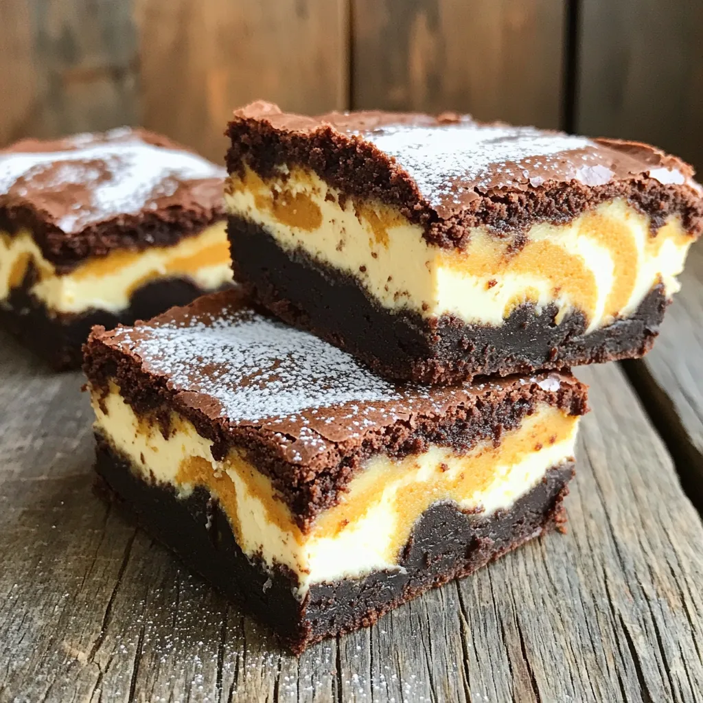 - 1 cup unsalted butter (2 sticks) - 1 cup granulated sugar - 1 cup brown sugar, packed - 4 large eggs - 1 teaspoon vanilla extract - 1 cup all-purpose flour - 1 cup unsweetened cocoa powder - 1/2 teaspoon baking powder - 1/4 teaspoon salt - 8 oz cream cheese, softened - 1/3 cup granulated sugar - 1/4 cup pumpkin puree - 1 teaspoon pumpkin pie spice - 1 egg To make these brownies, you need both the main ingredients and the cream cheese swirl mix. The butter gives the brownies a rich base. The sugars add sweetness and moisture. Eggs help bind everything and create a fluffy texture. Vanilla adds a nice flavor that blends well. For the cream cheese swirl, the softened cream cheese is key. It creates a smooth, creamy layer. Pumpkin puree brings in that fall flavor, and the pumpkin pie spice adds warmth. One egg in the swirl helps it set just right. Gather all these ingredients before you start. This will make the process smooth and fun! - Preheat your oven to 350°F (175°C). - Grease and line a 9x13 inch baking pan with parchment paper. Leave some overhang for easy removal. - In a medium saucepan, melt 1 cup of unsalted butter over medium heat. - Once melted, take it off the heat. - Whisk in 1 cup of granulated sugar and 1 cup of brown sugar until blended. - Add 4 large eggs, one at a time, mixing until smooth. - Stir in 1 teaspoon of vanilla extract. - In a separate bowl, sift together 1 cup of all-purpose flour, 1 cup of cocoa powder, 1/2 teaspoon of baking powder, and 1/4 teaspoon of salt. - Gradually fold this dry mix into the wet mixture until just combined. Don’t overmix. - In a mixing bowl, combine 8 oz of softened cream cheese and 1/3 cup of granulated sugar. - Add 1/4 cup of pumpkin puree, 1 teaspoon of pumpkin pie spice, and 1 egg. - Mix until the texture is smooth and creamy. - Pour half of the brownie batter into the prepared baking pan. Spread it evenly. - Add dollops of the cream cheese mixture on top of the brownie batter. - Pour the remaining brownie batter over the cream cheese layer. - Use a knife or skewer to gently swirl the cream cheese mixture through the brownie batter. This creates a marbled effect. - Bake in the preheated oven for 30 to 35 minutes. - Check for doneness by inserting a toothpick. It should come out with a few moist crumbs, not wet batter. - Let the brownies cool in the pan on a wire rack for at least 15 minutes. - Lift them out using the parchment paper and let them cool completely before slicing into squares. To get the best brownies, avoid overmixing. When you combine the wet and dry ingredients, mix just until you see no dry flour. This keeps your brownies soft and chewy. Measuring ingredients accurately is key. Use a kitchen scale for precision. If you don't have one, use dry measuring cups for flour and cocoa. Level off the top for a perfect amount. Dusting with powdered sugar makes these brownies look fancy. Use a fine sieve to sprinkle the sugar evenly. It adds a sweet touch that contrasts with the rich chocolate. Drizzling with caramel is another great idea. Warm some caramel sauce and use a spoon to create a beautiful pattern. This adds flavor and makes your brownies even more tempting. Adding nuts or chocolate chips can boost flavor. Chopped walnuts, pecans, or dark chocolate chips work well. Mix them into the batter for a delightful crunch. Experimenting with spices can also elevate these brownies. Try adding a pinch of cinnamon or nutmeg. These spices enhance the pumpkin flavor and add warmth. {{image_2}} You can make these brownies gluten-free. Just swap the all-purpose flour with a gluten-free blend. Look for a blend that has a mix of rice flour, tapioca starch, and xanthan gum. This will keep the texture light and fluffy, just like the original. To create a vegan version, replace the eggs and cream cheese. Use flax eggs instead of regular eggs. Mix 1 tablespoon of ground flaxseed with 2.5 tablespoons of water for each egg. For cream cheese, try a plant-based cream cheese or make your own from cashews. Soak cashews for a few hours, then blend them with a little lemon juice and maple syrup. You can try other swirls too! For a creamy chocolate swirl, mix melted dark chocolate with a bit of cream cheese. Just add it in dollops like you did with the original cream cheese mixture. You can also use fruit purees, like raspberry or strawberry, to add a fruity twist. Swirl them in for a bright, fresh flavor. To keep your Pumpkin Cream Cheese Swirl Brownies fresh, store them in an airtight container. This will prevent them from drying out. If you leave them uncovered, they will lose their soft texture. You can keep them at room temperature for up to three days. For longer storage, place them in the fridge. They will stay good for about a week. You can also freeze these brownies for later enjoyment. To freeze, wrap them tightly in plastic wrap. Then place the wrapped brownies in a freezer-safe bag. They will keep well for up to three months. When you are ready to eat them, remove the brownies from the freezer. Let them thaw in the fridge overnight. You can also let them sit at room temperature for a few hours. This way, they will taste fresh and delicious! Store your brownies at room temperature. Use an airtight container to keep them fresh. They last up to four days this way. For longer storage, place them in the fridge. Just make sure they are covered well. This helps keep their flavor intact. Yes, you can make these brownies a day in advance. Just store them in an airtight container. This lets the flavors blend more. If you need them for an event, bake them the day before. They taste just as good the next day. If you don’t have pumpkin puree, use applesauce or mashed banana. Both add moisture and sweetness. You can also use sweet potato puree. Each will give the brownies a unique flavor. Adjust the spices to match your choice. To check if the brownies are done, insert a toothpick in the center. If it comes out with a few moist crumbs, they are ready. If it has wet batter, give them more time. Keep an eye on them; overbaking can dry them out. In this blog post, we explored the ingredients and steps to make delicious Pumpkin Cream Cheese Swirl Brownies. We covered essential tips to perfect the texture and enhance flavors. Remember to measure carefully and avoid overmixing for the best results. You can also try fun variations, such as gluten-free or vegan options. Store your brownies properly to keep them fresh. Enjoy creating these tasty treats that will impress everyone!