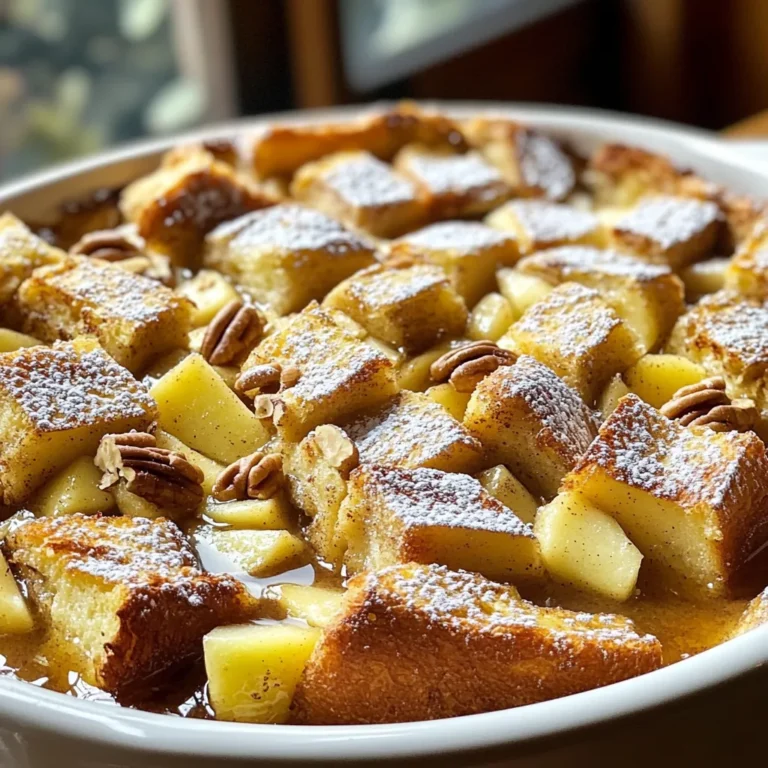 To make this tasty dish, you need a few key ingredients. Here is what you must have: - 8 slices of day-old brioche or challah bread, cut into cubes - 2 medium apples, peeled, cored, and diced - 4 large eggs - 2 cups milk (preferably whole or almond) - 1/4 cup granulated sugar - 2 teaspoons ground cinnamon - 1 teaspoon vanilla extract - 1/4 teaspoon salt These ingredients work together to create rich flavors and a fluffy texture. The bread gives the bake a nice base, while the apples add sweetness and a bit of crunch. The cinnamon and vanilla bring warmth and coziness to each bite. You can add a few optional items for extra flavor and texture. Here’s what you might consider: - 1/2 cup chopped pecans (optional) - Butter or cooking spray for greasing the baking dish - Maple syrup for serving The pecans can add a nice crunch. You can also use butter or cooking spray to keep the dish from sticking. Maple syrup on top makes it extra special. To prepare this bake, you will need some basic kitchen tools. Here is a list of what you should gather: - A 9x13-inch baking dish - A large mixing bowl - A whisk or a fork - A spatula These tools help you mix everything well and ensure even baking. Having them ready will make your cooking process smooth and fun. First, set your oven to 350°F (175°C). This temperature helps the bake cook evenly. Grease a 9x13-inch baking dish with butter or cooking spray. This step keeps the bake from sticking. In a large bowl, add 8 slices of cubed bread and 2 diced apples. Toss them gently to mix. If you want, add 1/2 cup of chopped pecans for crunch. This gives a nice texture to the bake. Take another bowl and whisk together 4 large eggs, 2 cups of milk, 1/4 cup of sugar, 2 teaspoons of cinnamon, 1 teaspoon of vanilla extract, and 1/4 teaspoon of salt. Mix well until everything is combined. This mixture adds richness and flavor. Pour the egg mixture over the bread and apple mix. Make sure all the bread is soaked. Use a spatula to press down gently, ensuring each piece gets the egg mixture. This soaking step is key for a moist bake. Now, pour the soaked mixture into your prepared baking dish. Spread it evenly. Bake in the oven for 35-40 minutes. The top should be golden brown, and a knife should come out clean when inserted. This shows it’s done. Once baked, take it out of the oven and let it cool for 5-10 minutes. This cooling time helps it set. Serve warm with maple syrup drizzled on top. For a sweet touch, sprinkle some powdered sugar and add sliced apples. Enjoy this cozy morning treat! For this bake, I love using day-old brioche or challah bread. These breads are soft and sweet. They soak up the egg mixture well. You can also use French bread, but it may not be as rich. If you want a healthier option, try whole-grain bread. Just keep in mind, it might not taste as sweet or soft. To get the best texture, cut the bread into even cubes. This helps each piece soak up the egg mix. Let the mixture sit for about 10 minutes before baking. This soaking time allows the bread to absorb all the flavors. Bake until the top is golden and crisp. This gives a nice contrast to the soft inside. Adding spices can really elevate your French toast bake. Cinnamon is a must in this recipe. You can also add nutmeg for warmth. If you want a touch of sweetness, try a bit of brown sugar. For a nutty flavor, chopped pecans work great. Mix in some vanilla extract for an extra layer of taste. Don't forget to adjust these flavors to your liking! {{image_2}} You can switch up the apples for other fruits. Consider using pears or peaches. Both add a sweet, juicy twist. You might also try berries like blueberries or raspberries. Their tartness pairs well with sweet flavors. Diced bananas can also work, adding creaminess. Each fruit brings its unique taste, so feel free to mix and match. To make this dish dairy-free, use almond or oat milk instead of regular milk. For a vegan twist, replace eggs with flaxseed meal or chia seeds mixed with water. This makes a great binding agent. You can also opt for plant-based butter for greasing the baking dish. This way, everyone can enjoy this cozy treat. Add nuts like walnuts or almonds for a different crunch. They boost flavor and texture. You can also sprinkle in some nutmeg or allspice for warmth. A pinch of ginger can add a spicy kick as well. Each addition can create a new flavor profile, keeping your breakfast fun and exciting. After enjoying your Apple Cinnamon French Toast Bake, let it cool. Place leftovers in an airtight container. Store in the fridge for up to three days. This keeps the bake fresh and safe to eat. To reheat, slice the chilled bake into portions. Pop it in the microwave for about 30-45 seconds. If you prefer the oven, preheat to 350°F (175°C). Bake for 10-15 minutes until warmed through. This way, the texture stays nice and soft. You can freeze this dish for later! Cut it into slices and wrap each piece tightly in plastic wrap. Place the wrapped slices in a freezer-safe bag. It will keep well for up to three months. When ready to eat, thaw in the fridge overnight before reheating. Enjoy your cozy treat any time! Yes, you can make this dish ahead of time. Just prepare everything the night before. After mixing the bread and apple, pour the egg mixture over it. Cover it and put it in the fridge overnight. In the morning, simply bake it as usual. This makes mornings easy and fun! You can use almond milk or oat milk instead of dairy milk. Both options work well. They provide a nice flavor and keep the dish rich. If you need a nut-free option, use oat milk. This way, everyone can enjoy the bake! The bake is ready when the top turns golden brown. You should insert a knife in the center. If it comes out clean, it is done. If there is wet egg mixture on the knife, let it bake a bit longer. Keep an eye on it! Yes, you can use fresh apples. Just peel, core, and chop them like the recipe says. Fresh apples will add a crisp texture. They will soften nicely while baking. This makes your French toast bake even more delicious! Maple syrup is a must! It adds sweetness and flavor. You can also sprinkle powdered sugar on top for a pretty finish. Sliced apples and whipped cream make great toppings too. For a nutty crunch, add chopped pecans. Enjoy your tasty treat! In this post, we explored the yummy recipe for Apple Cinnamon French Toast Bake. We covered key ingredients, steps, tips, and fun variations. You can create a dish that suits your taste. Remember, using good bread and fresh fruit makes a big difference. Don’t hesitate to mix in your favorite flavors. This bake is perfect for sharing or saving for later. Enjoy the warm, sweet taste that brings joy to any meal!