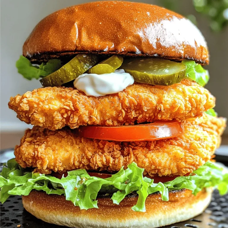 To make a tasty air fryer crispy chicken sandwich, gather these key ingredients: - 2 boneless, skinless chicken breasts - 1 cup buttermilk - 1 teaspoon garlic powder - 1 teaspoon onion powder - 1 teaspoon smoked paprika - 1 teaspoon salt - ½ teaspoon black pepper - 1 cup all-purpose flour - 1 teaspoon baking powder - ½ teaspoon cayenne pepper (for heat, adjust to taste) - Cooking spray - 2 burger buns These ingredients work together to create a juicy chicken breast with a crispy crust. The buttermilk is vital for tenderizing the chicken. It also adds flavor. The spices give the chicken a nice kick. You can dress up your sandwich with the following toppings and sauces: - Lettuce leaves - Tomato slices - Pickles (optional) - Mayonnaise or your choice of sauce These toppings add freshness and flavor. You can mix and match to find what you like best! Add some sides to make this meal complete: - French fries - Sweet potato fries - Coleslaw - Salad These sides complement the sandwich well. They add color and variety to your plate. Enjoy the crispy chicken sandwich with your favorite sides for a well-rounded meal! First, grab your chicken breasts and place them in a medium bowl. Pour in the buttermilk, making sure it's fully covered. Add garlic powder, onion powder, smoked paprika, salt, and black pepper. Mix it well. Cover the bowl and let it sit in the fridge for at least 2 hours. For the best flavor, marinate overnight. Next, take another bowl and mix the flour, baking powder, garlic powder, onion powder, smoked paprika, salt, black pepper, and cayenne pepper. Stir until fully combined. This mix will give your chicken a tasty and crispy coating. Now, it's time to preheat your air fryer. Set it to 375°F (190°C) and let it run for about 5 minutes. While it heats, take the chicken out of the buttermilk. Let the extra liquid drip off. Dredge each chicken breast in the flour mixture. Make sure to coat it well, pressing the flour onto the chicken for a thick crust. Spray both sides of the chicken with cooking spray. This makes the chicken crispy. Place the chicken in the air fryer basket in a single layer. Don’t let them touch. Cook for 10-12 minutes. Flip halfway through. The chicken should reach an internal temperature of 165°F (74°C) when done. After cooking, let the chicken rest for a few minutes. You can toast your burger buns in the air fryer for 2-3 minutes if you want a warm, crispy base. Spread mayonnaise or your favorite sauce on the bottom half of each bun. Top it with lettuce, a slice of tomato, and the crispy chicken. If you like, add pickles. Finally, place the top half of the bun on top. You’re ready to enjoy your crispy chicken sandwich! To get a super crispy chicken sandwich, start with a good marinade. Soak your chicken breasts in buttermilk for at least two hours. This adds flavor and moisture. When breading, coat the chicken well with the flour mix. Press the flour onto the chicken for a thick crust. A key step is to spray the coated chicken with cooking spray. This helps it turn golden brown and crunchy. Cooking at the right temperature also matters. Set your air fryer to 375°F (190°C) for the best results. When you air fry, always preheat the fryer. This step helps cook the chicken evenly. Place chicken breasts in a single layer without touching. Airflow is important for crispy results. Don't overcrowd the basket. If your air fryer is small, cook in batches. Flip the chicken halfway through cooking for even browning. Use a meat thermometer to check doneness. The safe internal temperature is 165°F (74°C). Spice levels can make your sandwich unique. If you like heat, add more cayenne pepper to the flour mix. Start with half a teaspoon and adjust to taste. You can also spice up your sauce. Try adding hot sauce or chili flakes to mayonnaise. This will give your sandwich a kick. For milder flavors, skip the cayenne or use less. Always taste your mix before breading the chicken to find your perfect spice level. {{image_2}} You can change the flavor of your crispy chicken sandwich with different sauces. Here are some tasty options: - Spicy mayo: Mix mayonnaise with hot sauce. - BBQ sauce: A sweet and smoky taste. - Honey mustard: Blend honey with mustard for a sweet kick. - Ranch dressing: Creamy and herby, it adds a nice touch. Try these sauces to find your favorite! You can make this crispy chicken in the oven or deep fryer if you don’t have an air fryer. - Oven: Preheat to 425°F (220°C). Cook the chicken for 20-25 minutes. Flip halfway for even cooking. - Deep fryer: Heat oil to 350°F (175°C). Fry chicken for about 6-8 minutes until golden and cooked through. Both methods will give you a crispy sandwich too! If you want to make your chicken sandwich a bit healthier, consider these swaps: - Buttermilk: Use plain yogurt or almond milk instead. - Flour: Try whole wheat flour or almond flour for more fiber. - Cooking spray: Opt for olive oil or avocado oil for a healthier fat. These changes can boost nutrition without losing flavor! To store leftover chicken, let it cool down first. Place it in an airtight container. You can keep it in the fridge for up to three days. This keeps the chicken fresh and safe to eat later. For the best taste when reheating, use the air fryer. Preheat your air fryer to 375°F (190°C). Place the chicken in the basket for about 5-7 minutes. This keeps the chicken crispy. Flip it halfway for even heating. You can also use a microwave, but it may make the chicken less crispy. If you want to freeze the chicken, wrap it tightly in plastic wrap. Then, place it in a freezer bag. You can freeze it for up to three months. When ready to eat, thaw it in the fridge overnight. Reheat it in the air fryer for the best texture. Cook chicken in the air fryer for 10-12 minutes. Flip the chicken halfway through. This helps it cook evenly. Check it often to avoid overcooking. Each air fryer is different, so watch closely. You can use frozen chicken, but it will take longer. Thaw the chicken first for best results. This helps the buttermilk soak in better. If you cook it frozen, add 5-10 extra minutes. Set your air fryer to 375°F (190°C). This temperature cooks the chicken well and makes it crispy. It ensures a nice golden color without burning. Always preheat your air fryer for even cooking. The chicken is done when it reaches 165°F (74°C) inside. Use a meat thermometer to check this. The crust should also look crispy and golden brown. Let it rest for a few minutes before serving. You now have the tools to make a tasty air fryer crispy chicken sandwich. We covered the main ingredients and how to marinate chicken for great flavor. You learned to coat and air fry it until it's crispy. I shared tips for extra crunch and spice levels too. With easy storage tips, you can enjoy leftovers with ease. Whether you choose different sauces or cooking methods, your meal will shine. Get cooking and impress your taste buds!