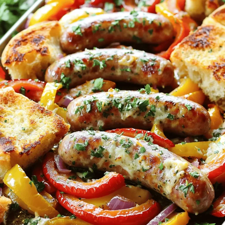 - 1 lb Italian sausage - 2 bell peppers (red and yellow), sliced - 1 large red onion, sliced - 4 cloves garlic, minced - 2 tablespoons olive oil - 1 teaspoon dried oregano - 1 teaspoon paprika - Salt and pepper to taste - 1 loaf French bread - 1/2 cup butter, softened - 2 tablespoons fresh parsley, chopped - 1/2 cup shredded mozzarella cheese (optional) The main ingredients for this dish include Italian sausage, bell peppers, and a red onion. The sausage brings a rich flavor, while the peppers and onion add sweetness and crunch. For seasoning, we use garlic, olive oil, oregano, and paprika. Garlic adds warmth and depth. Olive oil helps the ingredients roast well, while oregano and paprika give a nice herb blend. For the garlic bread, we use a loaf of French bread. Softened butter creates a creamy spread. Fresh parsley adds a pop of color and taste. If you want extra flavor, you can add mozzarella cheese on top. Gather these ingredients to start cooking a flavorful and easy meal that everyone will love. - Preheat the oven to 400°F (200°C). - On a large baking sheet, place your Italian sausages. - Add sliced bell peppers and red onion around the sausages. - Spread minced garlic over everything for great flavor. - Drizzle olive oil over the sausages and veggies. - Sprinkle oregano, paprika, salt, and pepper on top. - Toss the veggies gently to coat them well. - Bake the mixture for 20-25 minutes. - Look for the sausages to be cooked through and the veggies tender. - In a small bowl, mix softened butter with minced garlic and chopped parsley. - Slice the French bread in half lengthwise. - Spread the garlic butter mix on both halves. - If you love cheese, sprinkle mozzarella on top. - After the sausage and veggies have baked for 25 minutes, add the garlic bread to the oven. - Bake for another 10 minutes until the bread is golden and crispy. - Remove everything from the oven. - Serve the sausage and peppers on a platter with the garlic bread. - To cook sausages and veggies evenly, spread them in a single layer. This helps hot air move around them. - Sausages are done when their internal temperature reaches 160°F (70°C). You can also cut one open to check. The meat should be no longer pink. - Garnish your dish with fresh parsley. This adds a nice pop of color and freshness. - Arrange the garlic bread on the platter next to the sausage and peppers. Cut it into pieces for easy serving. - Pre-chop your vegetables the night before. This saves time on the day you cook. - For a quick meal, use pre-cooked sausages. They cut down your cooking time significantly. {{image_2}} You can choose between mild or spicy Italian sausage for your dish. Mild sausage gives a nice taste without too much heat. On the other hand, spicy sausage adds a kick that many love. If you want lighter options, chicken or turkey sausage works well. They still provide good flavor and cut down on fat. Feel free to mix and match based on what you like! While bell peppers and onions are great, you can add other veggies too. Zucchini and mushrooms are tasty choices that blend well with the sausage. They add different textures and flavors. Don’t forget to think about seasonal veggies. Fresh produce like asparagus in spring or root vegetables in fall can really brighten your dish. Using what’s in season makes every bite special. Garlic bread is a must, but you can switch it up! Whole wheat or gluten-free bread can be used instead of French bread. This caters to different dietary needs while still being delicious. You can also play with flavored butters. Try roasted garlic or herb butter for extra taste. A little twist makes the garlic bread even better! Store leftovers in an airtight container. This keeps them fresh and tasty. You can keep them in the fridge for about 3 to 4 days. If you want them to last longer, think about freezing. To reheat, you can use the oven or microwave. The oven gives the best results. Preheat it to 350°F (175°C) and bake for 10-15 minutes. This helps keep the garlic bread’s nice texture. If you use a microwave, place the garlic bread on a plate. Heat for 30 seconds to 1 minute. It may get soft, so the oven is best. Yes, you can freeze this dish! To freeze, let it cool first. Place the sausage and peppers in a freezer-safe container. Wrap the garlic bread in foil. Store both in the freezer for up to 3 months. When ready to eat, thaw them overnight in the fridge. Bake the sausage and peppers until heated. Then, bake the garlic bread for a crispy finish. Yes, you can use other types of sausage. Chicken sausage works well for a lighter option. Turkey sausage is another great choice. If you like spice, try chorizo. Each will bring a different flavor to your dish. To check if the sausages are done, use a meat thermometer. The internal temperature should reach 160°F (71°C). You can also cut one sausage open. It should be no longer pink inside. Juices should run clear, indicating they are cooked through. Yes, you can prep this meal ahead. Chop your veggies and store them in the fridge. You can also cook the sausages and refrigerate them. When you are ready, just reheat everything in the oven. This will save time and make cooking easier. This dish goes well with a simple green salad. A fresh garden salad with vinaigrette is perfect. You can also serve it with roasted potatoes or a light pasta. Garlic knots or a side of coleslaw can add variety, too. Absolutely! For a vegetarian version, use plant-based sausage. You can also skip the sausage and add more veggies. Try adding mushrooms or eggplant for a hearty feel. This way, everyone can enjoy the meal. This blog post shared a simple, tasty recipe for sausage and bell peppers, plus garlic bread. We covered main ingredients, seasoning, and step-by-step instructions. I shared tips for cooking and presentation, plus variations to try. Storage options ensure your leftovers last. In the end, this dish is easy to make and enjoy. You can mix it up as you like. Give it a try for your next meal!