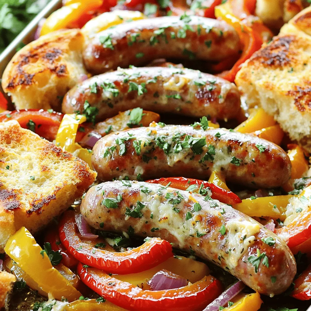 - 1 lb Italian sausage - 2 bell peppers (red and yellow), sliced - 1 large red onion, sliced - 4 cloves garlic, minced - 2 tablespoons olive oil - 1 teaspoon dried oregano - 1 teaspoon paprika - Salt and pepper to taste - 1 loaf French bread - 1/2 cup butter, softened - 2 tablespoons fresh parsley, chopped - 1/2 cup shredded mozzarella cheese (optional) The main ingredients for this dish include Italian sausage, bell peppers, and a red onion. The sausage brings a rich flavor, while the peppers and onion add sweetness and crunch. For seasoning, we use garlic, olive oil, oregano, and paprika. Garlic adds warmth and depth. Olive oil helps the ingredients roast well, while oregano and paprika give a nice herb blend. For the garlic bread, we use a loaf of French bread. Softened butter creates a creamy spread. Fresh parsley adds a pop of color and taste. If you want extra flavor, you can add mozzarella cheese on top. Gather these ingredients to start cooking a flavorful and easy meal that everyone will love. - Preheat the oven to 400°F (200°C). - On a large baking sheet, place your Italian sausages. - Add sliced bell peppers and red onion around the sausages. - Spread minced garlic over everything for great flavor. - Drizzle olive oil over the sausages and veggies. - Sprinkle oregano, paprika, salt, and pepper on top. - Toss the veggies gently to coat them well. - Bake the mixture for 20-25 minutes. - Look for the sausages to be cooked through and the veggies tender. - In a small bowl, mix softened butter with minced garlic and chopped parsley. - Slice the French bread in half lengthwise. - Spread the garlic butter mix on both halves. - If you love cheese, sprinkle mozzarella on top. - After the sausage and veggies have baked for 25 minutes, add the garlic bread to the oven. - Bake for another 10 minutes until the bread is golden and crispy. - Remove everything from the oven. - Serve the sausage and peppers on a platter with the garlic bread. - To cook sausages and veggies evenly, spread them in a single layer. This helps hot air move around them. - Sausages are done when their internal temperature reaches 160°F (70°C). You can also cut one open to check. The meat should be no longer pink. - Garnish your dish with fresh parsley. This adds a nice pop of color and freshness. - Arrange the garlic bread on the platter next to the sausage and peppers. Cut it into pieces for easy serving. - Pre-chop your vegetables the night before. This saves time on the day you cook. - For a quick meal, use pre-cooked sausages. They cut down your cooking time significantly. {{image_2}} You can choose between mild or spicy Italian sausage for your dish. Mild sausage gives a nice taste without too much heat. On the other hand, spicy sausage adds a kick that many love. If you want lighter options, chicken or turkey sausage works well. They still provide good flavor and cut down on fat. Feel free to mix and match based on what you like! While bell peppers and onions are great, you can add other veggies too. Zucchini and mushrooms are tasty choices that blend well with the sausage. They add different textures and flavors. Don’t forget to think about seasonal veggies. Fresh produce like asparagus in spring or root vegetables in fall can really brighten your dish. Using what’s in season makes every bite special. Garlic bread is a must, but you can switch it up! Whole wheat or gluten-free bread can be used instead of French bread. This caters to different dietary needs while still being delicious. You can also play with flavored butters. Try roasted garlic or herb butter for extra taste. A little twist makes the garlic bread even better! Store leftovers in an airtight container. This keeps them fresh and tasty. You can keep them in the fridge for about 3 to 4 days. If you want them to last longer, think about freezing. To reheat, you can use the oven or microwave. The oven gives the best results. Preheat it to 350°F (175°C) and bake for 10-15 minutes. This helps keep the garlic bread’s nice texture. If you use a microwave, place the garlic bread on a plate. Heat for 30 seconds to 1 minute. It may get soft, so the oven is best. Yes, you can freeze this dish! To freeze, let it cool first. Place the sausage and peppers in a freezer-safe container. Wrap the garlic bread in foil. Store both in the freezer for up to 3 months. When ready to eat, thaw them overnight in the fridge. Bake the sausage and peppers until heated. Then, bake the garlic bread for a crispy finish. Yes, you can use other types of sausage. Chicken sausage works well for a lighter option. Turkey sausage is another great choice. If you like spice, try chorizo. Each will bring a different flavor to your dish. To check if the sausages are done, use a meat thermometer. The internal temperature should reach 160°F (71°C). You can also cut one sausage open. It should be no longer pink inside. Juices should run clear, indicating they are cooked through. Yes, you can prep this meal ahead. Chop your veggies and store them in the fridge. You can also cook the sausages and refrigerate them. When you are ready, just reheat everything in the oven. This will save time and make cooking easier. This dish goes well with a simple green salad. A fresh garden salad with vinaigrette is perfect. You can also serve it with roasted potatoes or a light pasta. Garlic knots or a side of coleslaw can add variety, too. Absolutely! For a vegetarian version, use plant-based sausage. You can also skip the sausage and add more veggies. Try adding mushrooms or eggplant for a hearty feel. This way, everyone can enjoy the meal. This blog post shared a simple, tasty recipe for sausage and bell peppers, plus garlic bread. We covered main ingredients, seasoning, and step-by-step instructions. I shared tips for cooking and presentation, plus variations to try. Storage options ensure your leftovers last. In the end, this dish is easy to make and enjoy. You can mix it up as you like. Give it a try for your next meal!