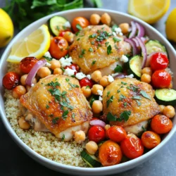 - 4 boneless, skinless chicken thighs - 2 cups cherry tomatoes, halved - 1 red bell pepper, sliced - 1 zucchini, sliced - 1 red onion, cut into wedges - 1 can (15 oz) chickpeas, drained and rinsed To make this Mediterranean chicken bowl, start with the main items. You will need chicken thighs, which are juicy and full of flavor. The cherry tomatoes, red bell pepper, zucchini, red onion, and chickpeas add color and nutrition. Each bite is a mix of tastes and textures. - 4 tablespoons olive oil - 2 teaspoons dried oregano - 1 teaspoon garlic powder - Salt and pepper to taste - Feta cheese, crumbled - Fresh parsley, chopped - Lemon wedges Seasoning is key in this dish. Olive oil adds richness, while oregano and garlic powder give a burst of flavor. Salt and pepper enhance everything. For a fun touch, you can add feta cheese and fresh parsley on top. Lemon wedges are perfect for squeezing on the dish just before eating. - 1 cup quinoa or couscous, cooked (for serving) - Additional garnish ideas To serve, place cooked quinoa or couscous at the bottom of your bowl. This creates a nice base. Then, add the roasted chicken and veggies on top. You can play with different garnishes too. Fresh herbs like mint or basil can bring new flavors. Enjoy your colorful and tasty Mediterranean chicken bowl! Prepping the vegetables Start by washing your veggies. Cut the cherry tomatoes in half. Slice the red bell pepper and zucchini. Cut the red onion into wedges. Drain and rinse the chickpeas. Place all these veggies in a large bowl. Marinating the chicken In a small bowl, mix 2 tablespoons of olive oil, garlic powder, and dried oregano. Rub this mix on the chicken thighs. Make sure every part is coated well. Season the chicken with salt and pepper to taste. Arranging ingredients on the sheet pan Preheat your oven to 400°F (200°C). On a large sheet pan, place the veggie mix on one side. Lay the marinated chicken thighs on the other side. This helps them cook evenly and stay tasty. Baking times and temperatures Bake everything in the oven for about 25-30 minutes. The chicken is done when it reaches 165°F. The veggies should be soft and tender. Plating the dish Once cooked, take the sheet pan out and let it cool for a few minutes. In a bowl, add the cooked quinoa or couscous as your base. Top with the chicken and roasted vegetables. Final touches before serving Sprinkle crumbled feta cheese and fresh parsley on top. Serve with lemon wedges on the side. Squeeze lemon juice over the dish for extra flavor. Enjoy your Mediterranean Chicken Bowl! To ensure your chicken is cooked through, use a meat thermometer. The chicken needs to reach 165°F. This gives you juicy, safe-to-eat chicken. If you don’t have a thermometer, cut into one thigh. The meat should be white, not pink. Perfecting roasted vegetables is easy. Cut them into similar sizes. This helps them cook evenly. Use enough olive oil to coat them well. Season with salt and pepper to bring out their flavor. Roast until they are tender and slightly charred for the best taste. If you want alternatives for chicken thighs, you can use chicken breasts. They are leaner but still taste great. You can also try turkey thighs for a different flavor. For other vegetables that work well, try using asparagus or bell peppers. Broccoli and cauliflower can also add a nice crunch. Feel free to mix and match your favorites! Storing leftovers properly keeps your meal fresh. Use airtight containers to store your chicken and veggies. Keep the quinoa or couscous in a separate container. This helps keep everything fresh and tasty. For reheating instructions, place the food on a microwave-safe plate. Heat it in short bursts, about 30 seconds at a time. Stir in between to heat evenly. You can also reheat in the oven at 350°F for about 10 minutes. This keeps everything crisp. {{image_2}} You can easily switch up the flavors in your Mediterranean chicken bowls. Adding spices and herbs can change the taste. Try a pinch of smoked paprika for a warm kick. You can also add fresh herbs like dill or basil. These will brighten up your dish. Different cheese options can also add variety. Instead of feta, try goat cheese or even mozzarella. Each cheese brings its own unique flavor. You can mix and match to find what you love best. Making this dish gluten-free is simple. Use quinoa instead of couscous, as it is gluten-free. Just ensure your other ingredients, like chickpeas, are also gluten-free. For vegetarian or vegan options, swap the chicken for tofu or tempeh. You can also add more vegetables, like spinach or mushrooms. These changes will keep your meal hearty and nutritious. Incorporating seasonal vegetables can make this dish even better. In spring, add asparagus or peas. In fall, consider butternut squash or sweet potatoes. Each season brings new flavors to explore. You can also create holiday or festive twists. Add cranberries for a pop of color and sweetness during winter. For summer, use fresh corn or arugula. These touches can make your meal more fun and special. To keep your leftovers fresh, first let them cool. Then, place them in airtight containers. This helps maintain flavor and texture. Store the containers in the fridge. You can keep your Mediterranean chicken bowls for 3 to 4 days. If you want to enjoy them later, freezing is a great option. For freezing, use freezer-safe containers or bags. Portion the bowls into single servings for easy meals later. Label each container with the date. These bowls can stay frozen for up to 3 months. When you are ready to eat, thaw them in the fridge overnight. Reheat in the oven or microwave until heated through. For meal prep, I recommend using glass containers. They are durable and keep food fresh. Portion your meals into these containers. This makes it easy to grab and go. You can also mix and match veggies or grains. Having these ready helps you stick to your meal plan. It takes about 25 to 30 minutes to cook chicken thighs at 400°F. To be sure they are done, check that the internal temperature reaches 165°F. The chicken should look golden and juicy. If you cook them too long, they may become dry. You can use frozen chicken, but it’s best to thaw it first. Cooking from frozen can lead to uneven cooking. Thawing helps the chicken cook evenly and stay juicy. Always check the internal temperature to ensure safety. You can use rice, bulgur, or farro as substitutes for quinoa or couscous. These grains provide similar textures and flavors. Each option offers a unique taste, so feel free to explore what you like best. - Additional related questions and answers What vegetables can I add to this dish? You can add bell peppers, carrots, or asparagus for extra color and taste. Just cut them into similar sizes for even cooking. How can I make it spicier? Add crushed red pepper flakes or diced jalapeños to the chicken mix. This will give your bowl a nice kick without overwhelming the dish. This blog post covers a delicious sheet pan chicken recipe. We outlined the main ingredients and seasoning ideas. You learned how to prep, cook, and serve the dish easily. We shared tips for cooking and meal prep. You also found variations based on your taste and dietary needs. In the end, this recipe is flexible and simple. You can enjoy it any day. Have fun experimenting with your flavors and ingredients. Happy cooking!