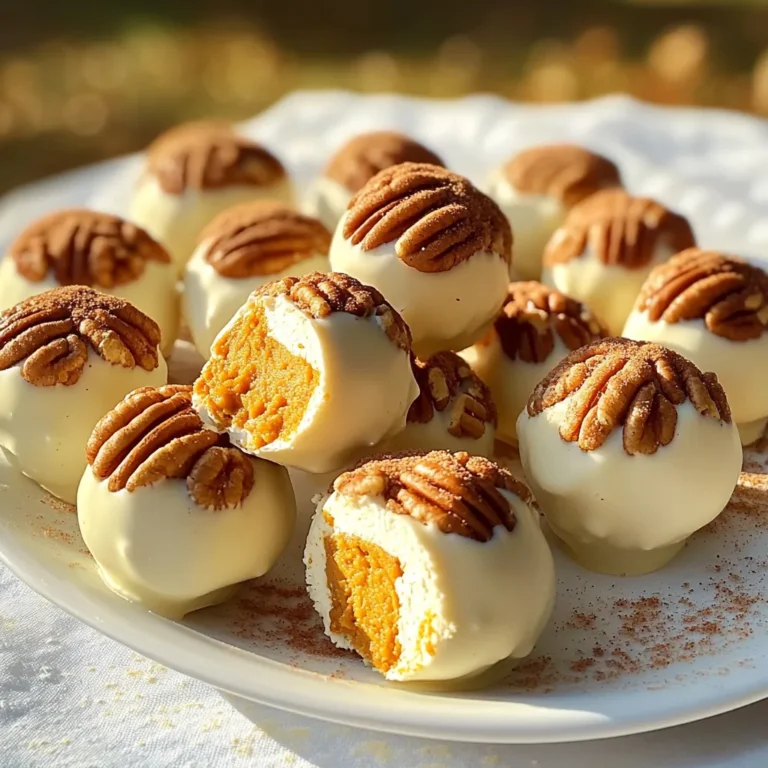 - 1 cup pumpkin puree - 8 oz cream cheese, softened - 1/2 cup powdered sugar - 1 teaspoon vanilla extract - 1 teaspoon ground cinnamon - 1/4 teaspoon ground nutmeg - 1/4 teaspoon ground ginger - 2 cups graham cracker crumbs - 1 cup white chocolate chips, melted - 1/4 cup toasted pecans, finely chopped (for coating) - Pinch of sea salt - Pumpkin puree: This gives our truffles their creamy texture and rich flavor. - Cream cheese: It adds smoothness and a slight tang that balances the sweetness. - Powdered sugar: This sweetens the mixture and helps it stick together. - Vanilla extract: This adds warmth and a lovely aroma to our truffles. - Ground cinnamon: It brings a warm spice that pairs well with pumpkin. - Ground nutmeg: This adds a unique flavor that deepens the truffle’s taste. - Ground ginger: It adds a hint of spice that brightens the overall flavor. - Graham cracker crumbs: These provide texture and mimic the crust of a cheesecake. - White chocolate chips: This coats the truffles, adding sweetness and a creamy finish. - Toasted pecans: They add crunch and a nutty flavor to the outside of the truffles. - Sea salt: A pinch of salt enhances the sweetness and balances all the flavors. - Coconut flakes: Roll the truffles in shredded coconut for a tropical twist. - Dark chocolate: Use dark chocolate instead of white for a richer taste. - Pumpkin spice mix: Swap the individual spices for a pre-mixed pumpkin spice blend. - Almonds: Chopped almonds can replace pecans for a different nutty flavor. - Caramel drizzle: Add a drizzle of caramel on top for extra sweetness. Explore these options to make the truffles your own! Each choice brings a new twist to this delightful treat. First, grab a large mixing bowl. Add 1 cup of pumpkin puree and 8 ounces of softened cream cheese. Next, pour in 1/2 cup of powdered sugar and 1 teaspoon of vanilla extract. Use a hand mixer or a whisk to mix everything until it is smooth. After that, add your spices. Stir in 1 teaspoon of ground cinnamon, 1/4 teaspoon of ground nutmeg, and 1/4 teaspoon of ground ginger. Don’t forget a pinch of sea salt to enhance the flavors! Mix until you see the spices blend well into the pumpkin mixture. Now, it's time to form the dough. Gradually add 2 cups of graham cracker crumbs. Mix until the dough comes together. You might need to use your hands at the end. This will help make sure everything is well mixed. After mixing, cover the bowl and refrigerate the mixture for about 30 minutes. This chilling step makes it easier to handle the dough. Once chilled, scoop out about 1 tablespoon of the mixture. Roll it between your hands to form a ball. Repeat this step until you roll all the mixture into balls. Next, prepare to coat the truffles. Melt 1 cup of white chocolate chips in a microwave or double boiler. Dip each truffle into the melted chocolate. Let any extra chocolate drip off. Now comes the fun part! Roll the chocolate-coated truffles in 1/4 cup of finely chopped toasted pecans. This adds a nice crunch and flavor. Place the finished truffles on a parchment-lined baking sheet. Make sure they are spaced apart. Refrigerate the tray for at least 1 hour. This helps the chocolate set and firm up the truffles. Once set, you can store the truffles in an airtight container in the fridge. They can last up to a week, but trust me, they will likely go fast! Enjoy your no-bake pumpkin cheesecake truffles! When making no-bake pumpkin cheesecake truffles, some mistakes can spoil the fun. Here are a few to watch out for: - Not softening cream cheese: Always use softened cream cheese. Cold cream cheese will clump and mix poorly. - Skipping the chill time: Chilling the mixture makes it easier to roll. Don’t rush this step! - Overmixing the dough: Mix just until combined. Overmixing can make the truffles tough. Chilling is vital for great truffles. Here are my best tips: - Chill the mixture: After mixing, refrigerate for at least 30 minutes. This helps the dough firm up. - Use parchment paper: Place your truffles on a parchment-lined sheet. This prevents sticking and makes cleanup easy. - Longer setting time: For a firmer texture, chill the truffles for at least one hour after coating. Customizing your truffles can be fun and tasty! Here’s how to add your twist: - Add spices: Try a pinch of allspice or clove for a warm kick. - Use flavored chocolate: Instead of white chocolate, use dark or milk chocolate for different flavors. - Mix in nuts: Incorporate finely chopped nuts or candy for extra crunch. Walnuts or almonds work great! {{image_2}} You can change the flavor of these truffles easily. Try using different spices. Swap the cinnamon for pumpkin pie spice for a more complex taste. Add some cocoa powder for a chocolate twist. You can even use flavored extracts, like almond or maple. Each option brings a new vibe to your treats. If you need gluten-free truffles, use gluten-free graham crackers. Many brands offer these. For a dairy-free version, try vegan cream cheese. Look for dairy-free white chocolate chips too. These options allow everyone to enjoy this treat without worry. Make these truffles festive for any holiday. For Halloween, add orange and black sprinkles on top. For Thanksgiving, sprinkle some crushed ginger snaps instead of pecans. During Christmas, use peppermint extract and roll them in crushed candy canes. These small changes keep the fun in every season. To keep your no-bake pumpkin cheesecake truffles fresh, use an airtight container. Place a piece of parchment paper between layers to prevent sticking. Store them in the fridge, where they stay cool and tasty. If you want to save space, you can also freeze them. Just make sure to wrap them well in plastic wrap before putting them in a freezer bag. These truffles will last about one week in the fridge. If you freeze them, they can last up to three months. Thaw them in the fridge overnight before enjoying. It’s best to eat them within a week for the best flavor and texture. No need to reheat these truffles. They are best served cold. If they seem a bit soft after being out, pop them back in the fridge for a bit. This helps them firm up nicely. Enjoy the creamy pumpkin flavor every time! Yes, you can make these truffles ahead of time. They taste great after chilling. You can store them in the fridge for up to a week. Just keep them in an airtight container. This way, they stay fresh and ready to enjoy. If you want a different flavor, use dark chocolate or milk chocolate. Each will change the taste a bit. You can also skip the chocolate coating and roll the truffles in cocoa powder or crushed nuts. This gives a nice twist to the recipe. After chilling, the truffles should feel firm to the touch. If they hold their shape, they are ready. You can also check by gently pressing one. If it doesn't flatten, it's set. Enjoy the rich flavors once they are ready! In this blog post, we explored making truffles, from the key ingredients to the steps involved. We discussed each ingredient's role, how to mix and coat your truffles, and tips to avoid common mistakes. I shared flavor variations and options for different diets too. Remember, storing your truffles properly keeps them fresh. Enjoy making these treats and feel free to customize them to suit your taste. Making truffles is a fun way to get creative in the kitchen. Happy truffle making!
