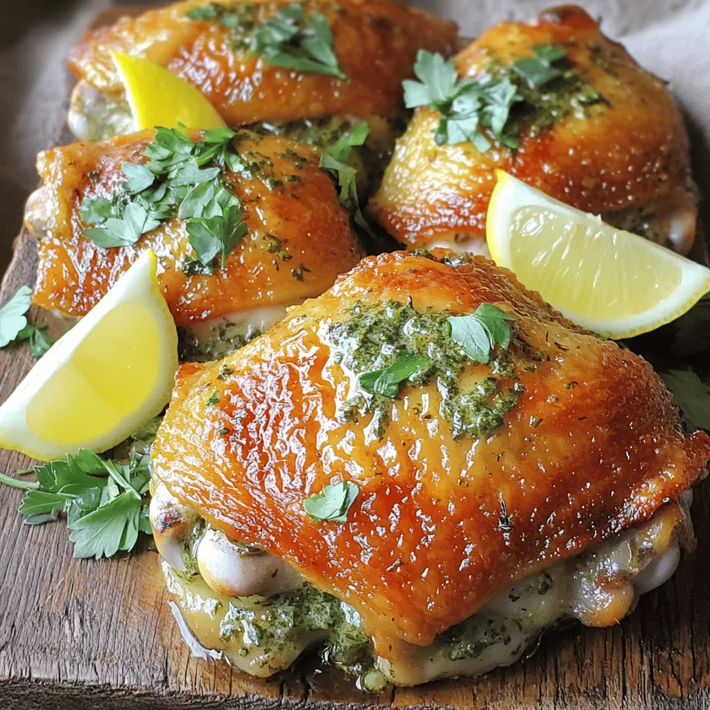- 4 bone-in, skin-on chicken thighs - 4 tablespoons unsalted butter, softened - 3 cloves garlic, minced - 2 teaspoons fresh thyme leaves (or 1 teaspoon dried) - 2 teaspoons fresh rosemary, chopped (or 1 teaspoon dried) - 1 teaspoon fresh parsley, chopped - Zest of 1 lemon - Juice of 1 lemon - Salt and pepper to taste - 1 tablespoon olive oil To make this dish, start with chicken thighs. They give great flavor and stay juicy. Next, you need to make herb butter. This butter is the star of the show. It adds a rich taste to the chicken. Use fresh herbs for the best flavor. Garlic brings a nice kick to the butter. Don’t forget salt and pepper to enhance all the flavors. - Lemon wedges - Additional herbs for presentation Garnishes make your dish look pretty. Lemon wedges add a fresh touch. They also give a zesty flavor when squeezed on the chicken. Extra herbs can add color and style. Use parsley or thyme for a great look. These small details make your meal stand out. 1. First, preheat your oven to 400°F (200°C). This ensures even cooking. 2. Next, grease your baking dish with a little olive oil. This helps prevent sticking. 1. In a small bowl, combine 4 tablespoons of softened butter, 3 minced garlic cloves, 2 teaspoons of fresh thyme, 2 teaspoons of chopped rosemary, and 1 teaspoon of chopped parsley. 2. Add the zest and juice of 1 lemon, plus salt and pepper to taste. 3. Mix until everything is well blended. You want a smooth consistency. 1. Pat the 4 chicken thighs dry with paper towels. This step helps the skin get crispy. 2. Season both sides with salt and pepper. 3. Carefully loosen the skin on each thigh with your fingers. Create a pocket, but be gentle. 1. Take some of the herb butter. Fill the pocket under the skin of each thigh evenly. 2. Rub any leftover butter on the outside of the skin. 3. Place the thighs skin side up in the greased baking dish. Drizzle a little olive oil over them. 4. Bake in the preheated oven for about 35-45 minutes. Check that the chicken reaches an internal temperature of 165°F (75°C) and the skin is golden brown. 5. For extra crispiness, broil for the last 2-3 minutes. Keep a close watch to prevent burning. 6. Once done, let the chicken rest for 5 minutes before serving. To get that perfect crispy skin, start by drying the chicken. Use paper towels to pat the chicken thighs dry. This step helps remove moisture, which is key for crispiness. Next, use a broiling technique at the end. After baking, turn on the broiler for 2-3 minutes. Keep an eye on the chicken to avoid burning. This adds an extra crunch to the skin. Balancing flavors is important. The herb butter mix combines garlic, thyme, rosemary, and parsley. These herbs give the chicken a fresh taste. Use fresh herbs when possible for the best flavor. You can adjust herb quantities based on your taste. If you love thyme, add more! Just remember to keep a good balance so one flavor doesn’t overpower the others. Always check the internal temperature of the chicken. Use a meat thermometer to ensure it reaches 165°F (75°C). This step ensures the chicken is safe to eat. Look for visual cues as well. The skin should be golden brown and crispy. The juices should run clear when you cut into the chicken. This means it's cooked perfectly, juicy, and ready to enjoy! {{image_2}} You can swap out herbs in this recipe easily. Fresh herbs work best, but dried ones are fine too. Here are a few options to try: - Basil: Adds a sweet, aromatic flavor. - Oregano: Offers a slightly peppery taste. - Sage: Gives a warm, earthy note. Changing herbs can change the dish's flavor. If you use basil, the dish becomes brighter. Oregano adds depth, while sage brings warmth. Feel free to experiment based on what you have at home. You can cook the chicken thighs in several ways. Baking gives a nice crispy skin, but grilling is tasty too. Here are some cooking methods to consider: - Grilling: Preheat your grill to medium-high. Cook the thighs for 6-8 minutes on each side. Use a meat thermometer to check for 165°F (75°C). - Instant Pot: Add a cup of chicken broth to the pot. Place the thighs in the pot, then cook on high pressure for 10 minutes. Quick release the pressure after. - Slow Cooker: Season the thighs and place them in the slow cooker. Cook on low for 6-8 hours or high for 3-4 hours. This method keeps the chicken very juicy. Each method gives a unique taste and texture. Choose what fits your time and tools best. To keep your herb butter chicken thighs fresh, use proper containers. I recommend airtight glass or plastic containers. These help to seal in moisture and flavor. Make sure the chicken cools to room temperature before sealing. This helps avoid any condensation inside the container. Store the chicken in the fridge for up to three days. If you want to keep it longer, freezing is a good option. Just wrap the chicken tightly in plastic wrap and then place it in a freezer bag. This way, your chicken stays tasty for up to three months. When it comes to reheating, avoid drying out your chicken. The best method is to use the oven. Preheat your oven to 350°F (175°C). Place the chicken in a baking dish and cover it with foil. This keeps moisture in while it warms up. Heat for about 15-20 minutes or until warm. You can also use a microwave, but it may dry out the chicken. If you choose the microwave, cover the chicken with a damp paper towel. This adds steam and helps keep it juicy. Enjoy your delicious, warmed chicken! To check if chicken thighs are fully cooked, use a meat thermometer. Insert it into the thickest part of the thigh. The temperature should reach 165°F (75°C). This ensures the chicken is safe to eat. You can also look for visual cues. The juices should run clear, not pink, when you cut into the meat. The skin should be golden brown and crispy. If both checks are good, your chicken is ready! Yes, you can use boneless chicken thighs. They will cook faster than bone-in thighs. Reduce the cooking time by about 10-15 minutes. Check the internal temperature to ensure they reach 165°F (75°C). Boneless thighs may have less flavor than bone-in. To add flavor, increase the herb butter mixture or marinate the chicken before cooking. Both methods will help keep the taste rich and delicious. Herb butter chicken thighs go well with many sides. Here are some great options: - Roasted vegetables, like carrots and Brussels sprouts - Creamy mashed potatoes or garlic mashed potatoes - Simple green salad with a lemon vinaigrette - Fluffy rice or couscous to soak up the herb butter These sides create a complete meal. They balance the rich flavors of the chicken and add freshness to your plate. Enjoy experimenting with different combinations! This post covered how to make delicious herb butter chicken thighs. You learned about ingredients, preparation, and cooking methods. We also explored tips for crispy skin and storage info for leftovers. Cooking can be fun and easy with this guide. Experiment with different herbs and cooking methods. Remember, the key is to enjoy the process and savor your tasty meal. Happy cooking!