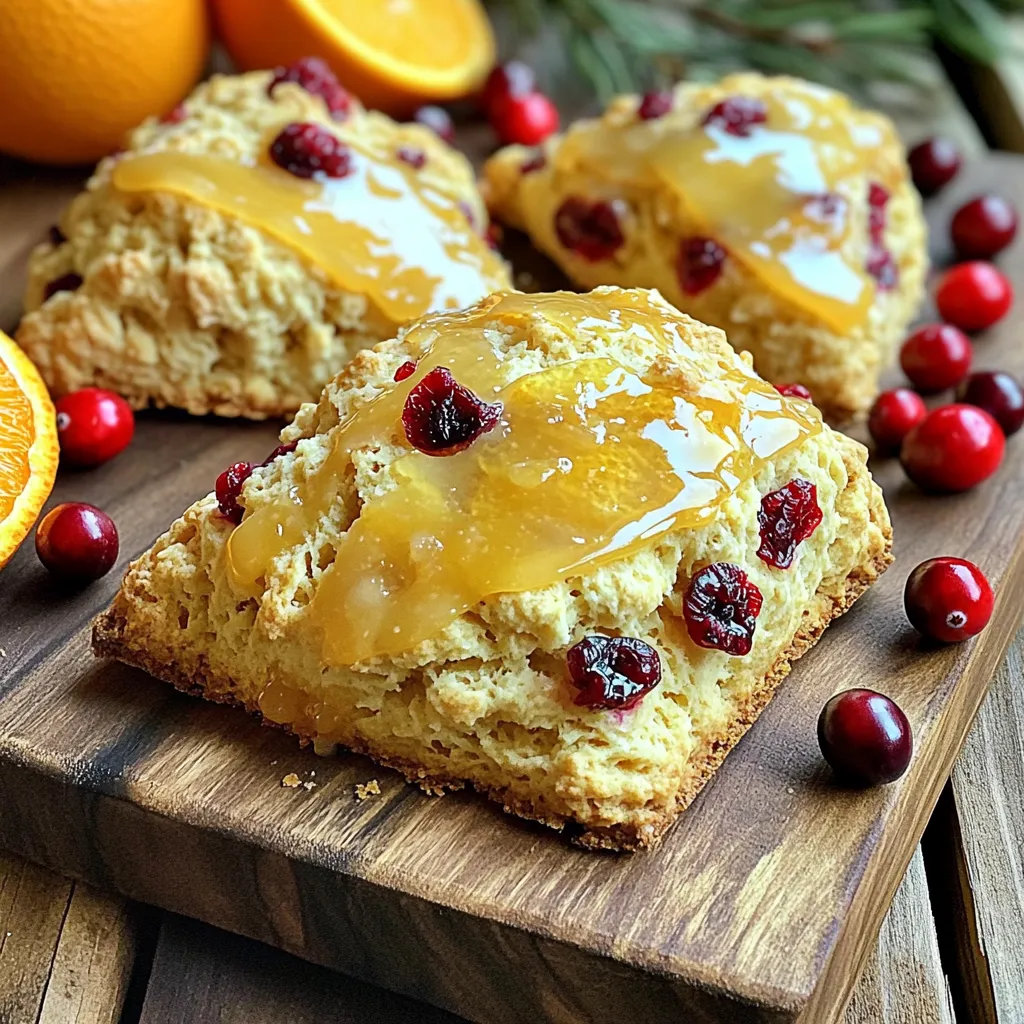 - 2 cups all-purpose flour - 1/3 cup granulated sugar - 1 tablespoon baking powder - 1/2 teaspoon salt - 1/2 cup cold unsalted butter, cubed - 1/2 cup dried cranberries - Zest of 1 orange - 1/2 cup buttermilk - 1 large egg - 1 teaspoon vanilla extract - 1 cup powdered sugar - 2 tablespoons fresh orange juice - 1 teaspoon orange zest Gathering your ingredients is the first step to making delicious cranberry orange glazed scones. You will need both dry and wet ingredients for the scones and a few items for the glaze. For the dry ingredients, start with flour, sugar, baking powder, and salt. These form the base of your scone. The right balance is key. Next, the wet ingredients bring flavor and moisture. Cold butter is important. It helps to create a flaky texture. Dried cranberries add sweetness and tang. You will also need fresh orange zest for that bright flavor. Buttermilk adds richness and helps the scones rise. Don't forget the egg and vanilla extract to tie everything together. For the glaze, combine powdered sugar, fresh orange juice, and orange zest. This mixture will give your scones a sweet and citrusy finish. Having all these ingredients ready makes the process smooth and fun. - Preheat your oven to 400°F (200°C). - Line a baking sheet with parchment paper. - In a large bowl, whisk together 2 cups of flour, 1/3 cup of sugar, 1 tablespoon of baking powder, and 1/2 teaspoon of salt. Next, add 1/2 cup of cold, cubed butter to the mixture. Use a pastry cutter or your fingers to blend the butter until it looks like coarse crumbs. This step helps the scones be flaky and light. Now, it's time to add more flavor. Stir in 1/2 cup of dried cranberries and the zest of 1 orange. This mix gives a fresh taste. In a separate bowl, whisk together 1/2 cup of buttermilk, 1 large egg, and 1 teaspoon of vanilla extract. This mixture adds moisture and richness to our scones. Pour the wet ingredients into the dry mix. Gently combine them until just mixed. Be careful not to overmix; this keeps the scones tender. Turn the dough onto a floured surface. Pat it into a circle about 1 inch thick. Cut the dough into wedges or use a biscuit cutter for rounds. Place the shaped scones on the prepared baking sheet. Bake them for 15-20 minutes, or until they turn golden brown. While the scones bake, make the glaze. In a bowl, mix 1 cup of powdered sugar, 2 tablespoons of fresh orange juice, and 1 teaspoon of orange zest. Stir until smooth. Once the scones cool slightly, drizzle the orange glaze over the top. Enjoy your tasty treat! Using cold butter is key to making scones light and flaky. Cold butter creates small pockets of steam when baked. This gives the scones their airy texture. When you cut the butter into the flour, do it quickly. You want to keep the butter cold. Avoid overmixing the dough. Mixing too much can cause the scones to be tough. You should mix just until the ingredients come together. A few lumps are okay. This helps keep the scones tender. For the perfect glaze, you want a smooth, pourable consistency. Start with powdered sugar and add fresh orange juice slowly. Mix until you reach your desired thickness. If it’s too thick, add a bit more juice. If too thin, add more sugar. Drizzle the glaze over the scones after they cool for a few minutes. This ensures the glaze does not melt away. A warm scone will soak up too much glaze. Serve your scones on a rustic wooden board for a beautiful look. This adds a nice touch for any gathering. To make them festive, garnish with fresh cranberries and orange slices. The bright colors will catch the eye and make your scones pop. {{image_2}} You can change the dried cranberries in your scones. Try adding dried cherries, raisins, or apricots. Each fruit adds a new taste. If you prefer fresh fruit, use fresh blueberries or raspberries. Just chop them up and fold them in gently. Fresh fruit gives a burst of flavor, but be careful. They can make the dough too wet. To make your scones more exciting, add spices. A bit of cinnamon or ginger can warm up the flavor. You could also add more citrus. Try lemon or lime zest along with the orange zest. This gives a bright, zesty kick to your scones. Experiment with different spice blends to find your favorite mix. If you follow a gluten-free diet, you can still enjoy these scones. Use a gluten-free flour blend instead of all-purpose flour. Make sure it has a good binding agent. For those who want vegan scones, swap out the butter for coconut oil or vegan butter. Use almond milk or soy milk instead of buttermilk. These changes keep the scones tasty while meeting your dietary needs. To keep your scones fresh at room temperature, place them in an airtight container. Make sure the container is completely sealed. This helps to keep moisture in and air out. Store them away from direct sunlight or heat. When stored this way, scones last about 2 to 3 days. If you want to save scones for later, freezing is a great option. Wrap each scone in plastic wrap or foil. Then, place them in a freezer-safe bag or container. They can stay good in the freezer for up to 3 months. When you're ready to enjoy them, simply remove the scones from the freezer. Let them thaw in the fridge overnight. To reheat, place the scone in a preheated oven at 350°F (175°C) for about 10 minutes. This warms them up and restores their fresh-baked taste. For the best taste, enjoy your scones warm. If they have cooled down, reheat them in the oven or microwave. To reheat baked scones, wrap them in a damp paper towel. Microwave for about 15 seconds, or until warm. If you prefer, you can also place them in the oven for a few minutes at 350°F (175°C). Enjoy with a cup of tea or coffee for a delightful treat! What can I substitute for buttermilk? You can use milk with vinegar or lemon juice. Just add 1 tablespoon of vinegar or lemon juice to 1/2 cup of milk. Let it sit for five minutes. This mix works great in scones. Can I use fresh cranberries instead of dried? Yes, you can use fresh cranberries. Fresh berries add a tart flavor. You may need to add a bit more sugar to balance the taste. Why are my scones tough? Scones can turn tough if you overmix the dough. Mix until just combined. Also, make sure your butter is cold. This helps create a light texture. How can I make scones sweeter? To make your scones sweeter, you can add more sugar. Try increasing the granulated sugar by 1 to 2 tablespoons. You can also add a bit of honey or maple syrup for sweetness. Are these scones suitable for special diets? These scones are not gluten-free or vegan. For a gluten-free version, use a gluten-free flour blend. For vegan scones, replace butter with a vegan alternative and use plant-based milk. How to reduce sugar content in the recipe? To lower the sugar, cut the granulated sugar by half. You can also use a sugar substitute. Keep in mind that this may change the texture slightly. You learned how to make delicious scones with our easy steps. We covered every part, from mixing dry and wet ingredients to baking and glazing. Remember, using cold butter helps achieve a flaky texture. You can also try adding other fruits or flavors for a twist. Store these treats properly to keep them fresh. Enjoy your tasty scones, whether at a party or a quiet day at home. Happy baking!