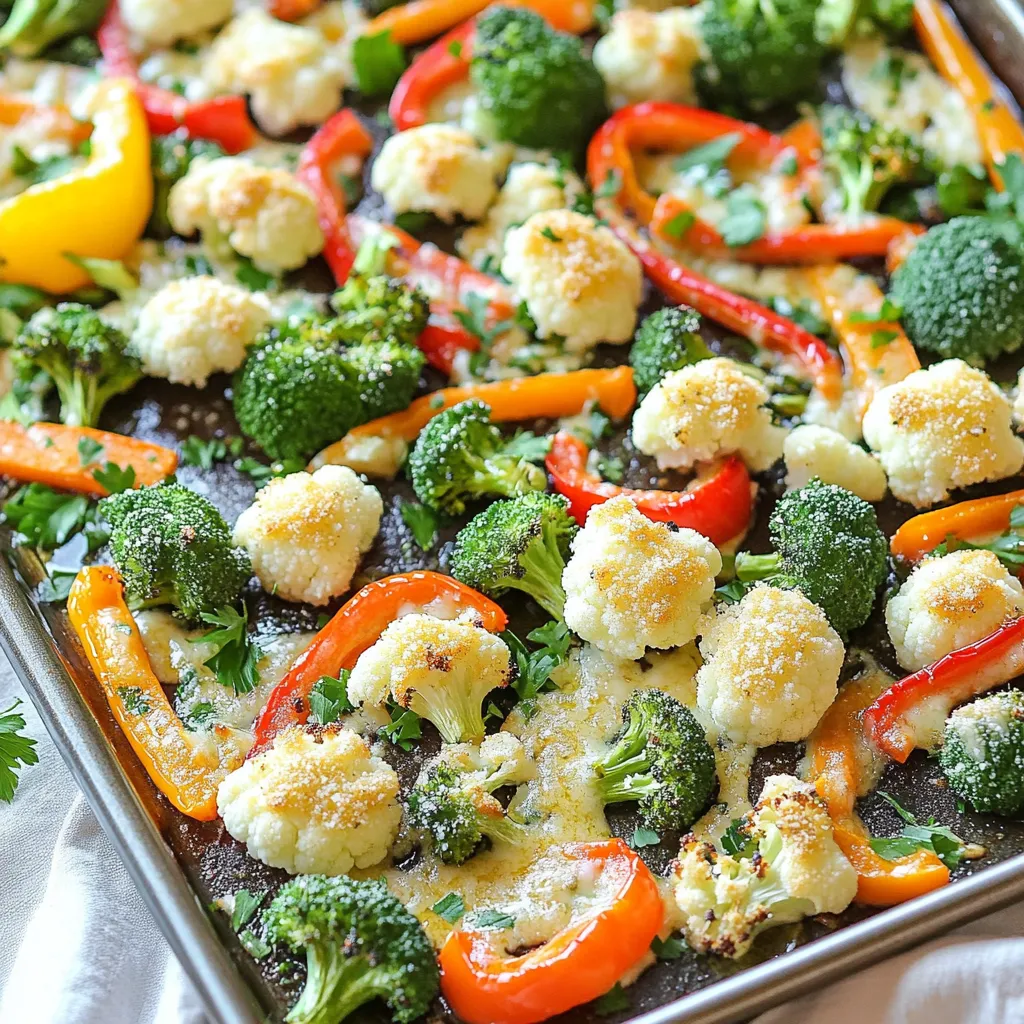 For this dish, I use a mix of colorful veggies. Here’s what you need: - 1 cup broccoli florets - 1 cup cauliflower florets - 1 cup carrot slices - 1 cup bell peppers, chopped (any color) These veggies add great taste and look nice on the plate. You can pick your favorite colors too. Seasoning makes all the difference. Here’s what to grab: - 4 cloves garlic, minced - 2 tablespoons olive oil - 1 teaspoon dried oregano - 1 teaspoon paprika - Salt and pepper to taste The garlic gives a rich flavor, while the oregano and paprika add warmth. Olive oil helps everything roast nicely. Cheese adds a creamy touch. For this recipe, you will need: - ½ cup grated Parmesan cheese - Fresh parsley, chopped (for garnish) Parmesan melts beautifully and gives a savory finish. Fresh parsley brightens the dish and makes it look pretty. Start by preheating your oven to 425°F (220°C). This high heat helps the veggies get tender and golden. A hot oven cooks them evenly and quickly. Take a large mixing bowl. Add 1 cup of broccoli florets, 1 cup of cauliflower florets, 1 cup of carrot slices, and 1 cup of chopped bell peppers. These colorful veggies make the dish fun and tasty! Now, drizzle 2 tablespoons of olive oil over the veggies. Add 4 cloves of minced garlic, 1 teaspoon of dried oregano, and 1 teaspoon of paprika. Sprinkle salt and pepper to taste. Toss everything well so the veggies are coated in oil and spices. Spread the veggie mix in a single layer on a large sheet pan. This helps them roast evenly. Place the pan in the preheated oven and roast for 20-25 minutes. Stir the veggies halfway through for even cooking. After roasting, take the pan out of the oven. Sprinkle ½ cup of grated Parmesan cheese over the hot veggies. Return the pan to the oven for another 3-5 minutes. This melts the cheese and gives it a nice, golden color. Once done, remove the pan and let it cool for a couple of minutes. Garnish with chopped fresh parsley before serving. Enjoy your delicious roasted garlic Parmesan veggies! To get perfect roasted veggies, keep them in a single layer. If they overlap, they won’t brown well. Stir the veggies halfway through cooking. This helps them roast evenly. Use a large sheet pan. This gives each piece room to breathe. For strong garlic taste, use fresh garlic cloves. Mince them finely for the best flavor. You can also roast the garlic first. This gives a sweet and rich taste. If you want less garlic flavor, use less. Start with two cloves and adjust to your liking. To melt cheese perfectly, add it at the end of roasting. After 20-25 minutes, sprinkle grated Parmesan over the hot veggies. Return the pan to the oven for 3-5 minutes. This makes the cheese bubbly and golden. For extra flavor, try mixing different cheeses. {{image_2}} You can switch up the veggies in this dish. Try using zucchini, asparagus, or green beans. Each brings its own flavor. You can also mix in Brussels sprouts or cherry tomatoes for a fun twist. Just remember to cut them into similar sizes. This helps them cook evenly. Parmesan is great, but you can explore other cheeses too. Feta adds a tangy kick. Cheddar gives a rich, creamy taste. For a nutty flavor, try Gruyère. You can even use vegan cheese if you want a plant-based option. Just sprinkle it on as you would with Parmesan. Feel free to play with the spices. If you like heat, add red pepper flakes or cayenne. For a herby flavor, try thyme or basil. Lemon zest can brighten the dish and add freshness. Experiment with your favorite spices to find your perfect mix. Remember, the goal is to have fun and make it your own! After you enjoy your roasted garlic Parmesan veggies, store them in the fridge. Use an airtight container to keep them fresh. They will stay good for about 3 to 5 days. Make sure to let them cool before sealing. This helps prevent moisture build-up inside the container. If you want to save space, you can also use a glass jar. If you want to keep your veggies longer, freezing is a great option. First, let them cool completely. Next, spread them out on a baking sheet in a single layer. Freeze for about 1 to 2 hours. Once frozen, transfer them to a freezer-safe bag. Remove as much air as you can before sealing. The roasted garlic Parmesan veggies will last for about 2 to 3 months in the freezer. To reheat your veggies, use the oven for the best results. Preheat the oven to 350°F (175°C). Place the veggies on a baking sheet and cover them with foil. Heat for about 15-20 minutes. This keeps them moist and helps the cheese melt again. You can also use a microwave if you’re in a hurry. Just heat them for 1 to 2 minutes, stirring halfway. Enjoy your tasty veggies again! To make Roasted Garlic Parmesan Veggies vegan, simply skip the cheese. Use nutritional yeast instead. It gives a cheesy flavor without dairy. You can sprinkle about half a cup on the veggies before roasting. This keeps it tasty and vegan-friendly. Yes, you can prepare the veggies ahead of time. Chop the broccoli, cauliflower, carrots, and bell peppers. Store them in the fridge in an airtight container. You can do this a day in advance. When you are ready, just season and roast them. This saves time and makes cooking easier. These roasted veggies go well with many dishes. Serve them with grilled chicken or baked fish for protein. They also pair nicely with quinoa or rice for a hearty meal. If you want a lighter option, serve them with a fresh salad. The flavors balance well, making your meal complete. In this blog post, we covered how to make delicious roasted garlic parmesan veggies. We explored the best ingredients, from veggies and cheese to seasonings. I shared easy steps to roast your dish perfectly, along with tips to enhance flavors. You learned variations to keep things fresh and storage ideas for leftovers. Roasting veggies gives great taste and nutrition. The right method can turn any meal exciting. Enjoy making your roasted garlic parmesan veggies!