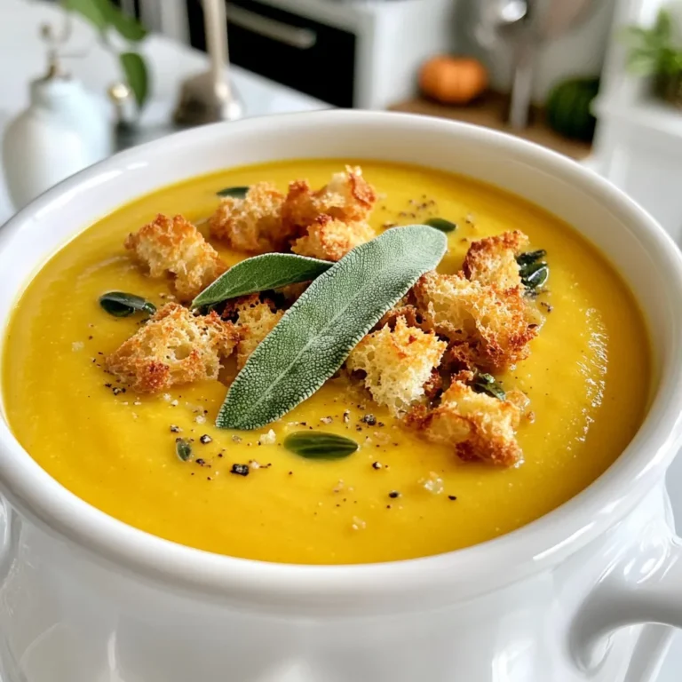 To make the savory pumpkin sage soup, you need: - 1 medium pumpkin (about 3-4 lbs), peeled and diced - 1 tablespoon olive oil - 1 medium onion, chopped - 2 cloves garlic, minced - 4 cups vegetable broth - 1 teaspoon fresh sage, chopped (or ½ teaspoon dried sage) - 1 cup coconut milk (or heavy cream) - Salt and pepper to taste These ingredients create a warm, creamy soup full of flavor. The pumpkin gives a sweet touch, while sage adds a nice herbal note. For the crispy croutons, gather: - 2 cups crusty bread, cubed - 2 tablespoons butter - 1 teaspoon garlic powder These croutons add a crunchy texture. They bring a delightful contrast to the smooth soup. To make your soup extra special, consider these garnishes: - Fresh sage leaves Adding fresh sage leaves on top of the soup not only looks pretty, but it also boosts the flavor. Enjoy your meal! Start by peeling the pumpkin. Cut it into small cubes. This helps it cook faster. I like to use a sharp knife to make this task easier. Make sure your pieces are even so they cook at the same rate. In a large pot, heat olive oil over medium heat. Add the chopped onion. Cook for about five minutes until it softens. Stir in minced garlic and let it cook for one more minute. The smell will be fantastic! Next, add the diced pumpkin to the pot. Pour in the vegetable broth and add the chopped sage. Bring the mixture to a boil, then reduce to a simmer. Cover the pot and let it cook for 20 to 25 minutes. Check that the pumpkin is tender by poking it with a fork. After the pumpkin is soft, use an immersion blender to puree it until smooth. If you don’t have one, carefully transfer the soup to a blender in batches. Be careful with hot liquid! Blend until it looks creamy and smooth. Return the blended soup to the pot if you used a blender. Stir in the coconut milk or heavy cream. This adds richness. Season with salt and pepper to taste. Heat gently until it’s warm throughout. In a skillet, melt butter over medium heat. Add the cubed crusty bread. Sprinkle with garlic powder for extra flavor. Sauté until the bread is golden and crispy on all sides. This usually takes about five to seven minutes. Ladle the warm soup into bowls. Top with the crispy croutons you made. Finish with fresh sage leaves for a beautiful touch. This soup is perfect for a cozy meal! When picking a pumpkin, look for one that feels heavy for its size. A firm skin means it’s fresh. Choose a pumpkin with a deep orange color. This color shows it is ripe and sweet. Avoid pumpkins with soft spots or blemishes. These can spoil quickly. If you can, go for a sugar pumpkin. They are sweeter and smoother than larger carving pumpkins. Adding spices can make your pumpkin sage soup shine. Fresh sage adds a lovely aroma. For a warm kick, consider a pinch of nutmeg or cinnamon. These spices blend well with pumpkin. You can also play with pepper for a little heat. Just be careful not to overpower the soup's natural sweetness. Tasting as you go is key! To get a smooth soup, blend until there are no chunks left. If the soup is too thick, add more broth or coconut milk. For a creamier texture, use full-fat coconut milk or heavy cream. If you prefer a lighter option, stick to vegetable broth. Adjust the consistency to suit your taste. Remember, the right texture makes the soup more enjoyable! {{image_2}} You can make this soup dairy-free without losing flavor. Instead of heavy cream, use coconut milk. It adds creaminess and a hint of sweetness. Almond milk works too, but it may be less rich. Always check labels to avoid added sugars or flavors. To spice things up, add red pepper flakes or cayenne pepper. Start with a pinch and taste as you go. You can also stir in a teaspoon of curry powder for warmth. For a smoky twist, try adding smoked paprika. These spices pair nicely with pumpkin and sage. You can add more veggies for depth. Carrots and sweet potatoes blend well with pumpkin. Just chop them small and cook them with the pumpkin. For a savory kick, try leeks or parsnips. These veggies add layers of flavor and make the soup even more nutritious. To store leftover pumpkin sage soup, first let it cool. Then, pour it into airtight containers. You can keep it in the fridge for about 3 to 5 days. If you want to save it longer, consider freezing it. Use freezer-safe containers or bags. This soup can last in the freezer for up to 3 months. Croutons stay best when stored in a dry place. Place them in an airtight container. They will stay fresh for about a week. If you want them to last longer, freeze them. Just make sure they are in a freezer-safe bag. When you want some, take out only what you need. To reheat the soup, pour it into a pot and warm it over medium heat. Stir often to avoid sticking. For croutons, you can reheat them in the oven. Spread them on a baking sheet at 350°F (175°C) for about 5 to 7 minutes. This will make them crispy again. Enjoy your meal! Yes, you can use canned pumpkin. It saves time and works well. Use about 15 ounces of canned pumpkin. Stir it in after you sauté the onion and garlic. This change keeps the soup creamy and smooth. The soup lasts about 4 to 5 days in the fridge. Store it in an airtight container to keep it fresh. Reheat it on the stove or in the microwave when you want to enjoy it again. You can use chicken broth if you prefer. Water is also an option, but it may lessen the flavor. You can add a bit of salt or herbs to boost the taste if you use water. Yes, this soup freezes well. Pour it into freezer-safe containers. Leave some space at the top for expansion. When you want to eat it, thaw it overnight in the fridge before reheating. Absolutely! To make it vegan, use coconut milk and vegetable broth. Skip the butter for the croutons and use olive oil instead. This way, you can enjoy a rich and creamy soup without any animal products. In this blog post, we explored making a delicious pumpkin sage soup. You learned about the key ingredients, how to prepare the soup and croutons, and tips for storage. I highlighted variations to fit your taste and answered common questions. Now, you can create this tasty soup with ease. Enjoy the flavors and share it with friends!