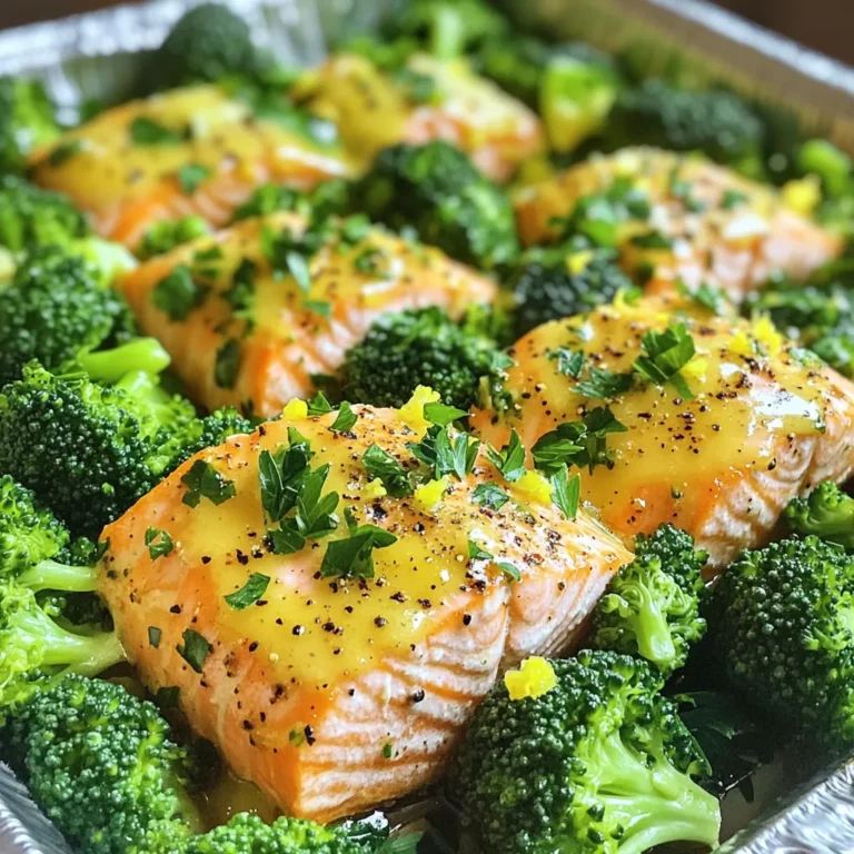 - 2 salmon fillets (6 oz each) - 2 cups broccoli florets - 2 tablespoons olive oil Salmon fillets are the star of this dish. They offer rich flavor and healthy fats. Broccoli adds a nice crunch and bright color. Olive oil helps to keep everything moist and adds depth. - Zest of 1 lemon - Juice of 1 lemon - 1 teaspoon garlic powder - 1 teaspoon onion powder - 1 teaspoon black pepper - 1 teaspoon smoked paprika (optional for extra flavor) - Salt to taste Lemon zest and juice bring freshness. Garlic and onion powders give a warm taste. Black pepper adds a kick, while smoked paprika gives a hint of smokiness. Salt enhances all these flavors. - 1 tablespoon fresh parsley, chopped (for garnish) - Salt to taste Fresh parsley adds a pop of color and freshness. It also brightens the dish visually and in taste. Feel free to add salt to your liking for balance. - Preheat your oven to 400°F (200°C). - Line a large baking sheet with parchment paper. - In a mixing bowl, whisk together: - 2 tablespoons olive oil - Zest of 1 lemon - Juice of 1 lemon - 1 teaspoon garlic powder - 1 teaspoon onion powder - 1 teaspoon black pepper - Salt to taste - 1 teaspoon smoked paprika (optional) This mixture is the key to the dish's flavor. - Place the salmon fillets on one side of the baking sheet. - Brush them with half of the marinade. - In the same bowl, add the 2 cups of broccoli florets. - Toss the broccoli with the remaining marinade until well coated. - Spread the marinated broccoli on the baking sheet next to the salmon. - Bake in the preheated oven for 15-20 minutes. - The salmon is done when it flakes easily with a fork. - The broccoli should be tender and vibrant green. After baking, let it rest for a couple of minutes. Garnish with fresh parsley for a pop of color and flavor. Enjoy your Lemon Pepper Salmon and Broccoli Sheet Pan Delight! Checking for doneness To check if your salmon is done, look for a few signs. The fish should flake easily with a fork. Use a fork to gently pull at the thickest part. If it comes apart easily, it's ready. The color should be a light pink inside, not translucent. Flavor enhancement techniques You can boost the flavor of your salmon in many ways. Try adding fresh herbs like dill or basil. A drizzle of honey or a touch of mustard can add a nice twist. For a spicy kick, add some red pepper flakes to the marinade. Ensuring perfect tenderness For tender broccoli, make sure you do not overcook it. Bake for about 15-20 minutes, checking at the 15-minute mark. The broccoli should be bright green and slightly crisp. If you prefer it softer, add a few extra minutes, but keep an eye on it. Alternatives for seasoning If you want to change the flavor of your broccoli, try different spices. Lemon juice and zest give a fresh taste. You can also use soy sauce or balsamic vinegar for a different kick. Garlic powder and onion powder are great, but feel free to experiment! Utilizing space effectively When using your sheet pan, arrange the salmon and broccoli well. Place the salmon on one side and keep enough space for the broccoli. This way, the flavors mix but do not overcrowd the pan. It helps in even cooking and makes cleanup easier. One-pan cleanup tips To make cleanup easy, line your baking sheet with parchment paper. This prevents sticking and makes washing up a breeze. After cooking, simply remove the parchment and toss it. You can wipe the pan quickly if needed, and you’re done! {{image_2}} You can add more veggies to your Lemon Pepper Salmon and Broccoli dish. Carrots, bell peppers, or zucchini work great. Just chop them into bite-sized pieces. Toss them in the same marinade as the broccoli. Spread them on the baking sheet with the salmon. This adds color and nutrients to your meal. You can even try asparagus or green beans for a fresh twist. Get creative with your seasonings and marinades. Instead of lemon, try lime juice for a different zing. You can also use fresh herbs like dill or thyme. If you like heat, add red pepper flakes or cayenne. Another option is to use teriyaki sauce for a sweet, savory flavor. The key is to match flavors that you enjoy. Mixing flavors keeps the dish exciting every time you make it. For side dishes, consider serving your salmon with rice or quinoa. These grains soak up the sauce well and are filling. You can also serve it with a simple salad or mashed potatoes. A light, creamy sauce can complement the salmon nicely. If you want a heartier meal, add some crusty bread on the side. This way, you can enjoy every drop of the delicious marinade. To store leftovers, let the dish cool first. Place the salmon and broccoli in an airtight container. Keep it in the fridge for up to three days. This keeps the flavors fresh and prevents spoilage. For reheating salmon and broccoli, the oven is best. Preheat your oven to 350°F (175°C). Place the dish on a baking sheet. Cover it with foil to keep moisture in. Heat for about 10 minutes or until warm. You can also use the microwave if you're short on time. Just heat in short bursts to avoid overcooking. You can freeze salmon and broccoli together or separately. To freeze together, place them in a freezer-safe container. Make sure to use parchment paper to separate layers if needed. If you freeze them separately, wrap each item well. Use freezer bags or containers to avoid freezer burn. They should last for up to three months. Yes, you can use frozen salmon for this recipe. If you use frozen fish, thaw it first. This way, it will cook more evenly. To thaw, place it in the fridge overnight or run it under cold water. If you use frozen salmon, increase the baking time by 5 to 10 minutes. Check that the fish flakes easily with a fork to be sure. If you don’t have fresh parsley, don’t worry! You can use dried parsley instead. Use about one teaspoon of dried parsley to replace fresh. You can also try using basil or cilantro for a different taste. Both add a nice touch to the dish. You can tell when your salmon is cooked by looking for a few signs. First, check the color. Cooked salmon should be opaque and flaky. Use a fork to gently pull apart the fish. If it flakes easily, it is done! The internal temperature should reach 145°F (63°C) for safety. Always trust your senses; it should smell fresh and not overly fishy. This blog post covered how to make a delicious salmon and broccoli dish. We discussed the main ingredients, like salmon, broccoli, and olive oil. You learned how to season, prepare, bake, and even store leftovers. Tips were shared for cooking salmon perfectly and adjusting flavors. You can also experiment with different vegetables and seasonings. In the end, this recipe is easy, healthy, and fun to make. Enjoy your cooking!