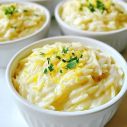 - 1 cup orzo pasta - 3 cups vegetable broth - 1 cup heavy cream - 1 cup freshly grated Parmesan cheese - 1 tablespoon olive oil - 2 cloves garlic, minced - 1 teaspoon lemon zest - 2 tablespoons fresh lemon juice - 1/2 teaspoon black pepper - 1/4 teaspoon salt - 1/4 cup fresh parsley, chopped (for garnish) - Large pot - Wooden spoon - Measuring cups and spoons When making One-Pot Creamy Lemon Parmesan Orzo, you need a few key ingredients. First, orzo pasta is the star. It's small and cooks quickly. Next, vegetable broth adds flavor. Heavy cream makes it rich and creamy. Freshly grated Parmesan cheese gives it a nice cheesy touch. For seasonings, olive oil adds a little fat. Minced garlic brings in a warm aroma. Lemon zest and juice brighten the dish with fresh flavor. Black pepper and salt balance everything out. Fresh parsley is perfect for garnish and adds color. To cook this dish, you need a large pot. A wooden spoon helps stir the ingredients. Measuring cups and spoons make it easy to get the right amounts. With these ingredients and tools, you are ready to create a delightful meal that everyone will love. 1. Heat 1 tablespoon of olive oil in a large pot over medium heat. 2. Add 2 cloves of minced garlic and sauté for about 1 minute. You want it fragrant but not burnt. 3. Stir in 1 cup of orzo pasta and toast it for 2-3 minutes. Keep stirring often to avoid sticking. 1. Pour in 3 cups of vegetable broth and bring it to a boil. 2. Once boiling, reduce the heat to low and cover the pot. 3. Let the orzo simmer for about 10-12 minutes. Stir occasionally until the pasta is al dente and most broth is absorbed. 1. Remove the pot from heat when the orzo is cooked. 2. Stir in 1 cup of heavy cream, 1 cup of freshly grated Parmesan cheese, 1 teaspoon of lemon zest, and 2 tablespoons of lemon juice. Mix until the cheese melts and the dish is creamy. 3. Add 1/2 teaspoon of black pepper and 1/4 teaspoon of salt. Taste and adjust seasoning if needed. 4. Serve warm, garnished with 1/4 cup of chopped fresh parsley for a bright finish. To achieve the best creaminess in your orzo, consider adding extra heavy cream. This will make the dish richer. Stirring the mixture well helps blend the flavors. Use a gentle motion to avoid breaking the orzo. You can boost the flavor with herbs and spices. Try adding fresh thyme or basil for a twist. If you want to swap out Parmesan, use Pecorino Romano. It adds a sharp taste that works well in this dish. Pair this dish with grilled chicken or a fresh salad. It complements these sides perfectly. For a restaurant-style look, serve in shallow bowls. Add a sprinkle of extra Parmesan and a lemon slice on top for a beautiful finish. {{image_2}} You can make this dish lighter by swapping out heavy cream. Use Greek yogurt or cashew cream instead. These options add creaminess with less fat. You can also switch to whole grain or gluten-free orzo. Whole grain adds more fiber while gluten-free fits many diets. Want to boost the dish? Add protein like chicken or shrimp. Cooked chicken adds heartiness, while shrimp brings a sweet flavor. For veggies, stir in spinach or peas. Spinach wilts down nicely, adding color and nutrients. Peas provide a sweet pop, enhancing the dish's taste. Seasonal herbs and citrus can bring fresh flavors. In spring, try adding fresh basil or dill. In summer, use zesty lemon or lime. These ingredients brighten the orzo and make it perfect for warm weather. This way, you enjoy a new taste each season. To store leftovers in the fridge, place the orzo in an airtight container. This keeps it fresh and prevents drying. It is best to let the orzo cool before sealing it. To keep the orzo creamy, stir in a bit of extra heavy cream. This helps keep it moist for later. Store in the fridge for up to three days. To freeze this dish, let it cool completely first. Then, use freezer-safe bags or containers for storage. Make sure to remove as much air as possible to avoid freezer burn. When you're ready to eat, thaw it in the fridge overnight. Reheat in a pot over low heat. Add a splash of vegetable broth or cream to help it regain its creamy texture. In the fridge, One-Pot Creamy Lemon Parmesan Orzo lasts about three days. In the freezer, it can stay good for up to three months. Just remember, the longer it sits, the more the texture may change. Enjoy it fresh whenever possible for the best flavor! Yes, you can make this dish ahead of time. Cook the orzo and let it cool. Store it in an airtight container in the fridge for up to three days. When ready to eat, reheat it gently on the stove. Add a splash of cream to keep it creamy. If you need a substitute for Parmesan cheese, try Pecorino Romano. It has a sharp taste similar to Parmesan. Nutritional yeast is a great dairy-free option too. It gives a cheesy flavor and is packed with nutrients. Yes, you can make a vegan version. Use cashew cream or coconut cream instead of heavy cream. Replace Parmesan with nutritional yeast or a vegan cheese blend. This keeps the creamy texture while being plant-based. The orzo is done when it is al dente, which means it should have a slight bite. This usually takes about 10-12 minutes of cooking. Taste a piece to check its doneness before you finish the dish. Absolutely! Chicken broth will add a rich flavor to the orzo. Just make sure it fits your dietary needs. Both broths work well, so use what you have on hand. This article guides you on making a creamy lemon Parmesan orzo. You learned about key ingredients, cooking steps, and ways to enhance flavor. I shared tips for perfecting creaminess and suggested variations for different tastes. Remember to store leftovers properly for the best taste. Experiment with seasonal ingredients to keep your dish exciting. Enjoy creating this comforting meal that fits any occasion!