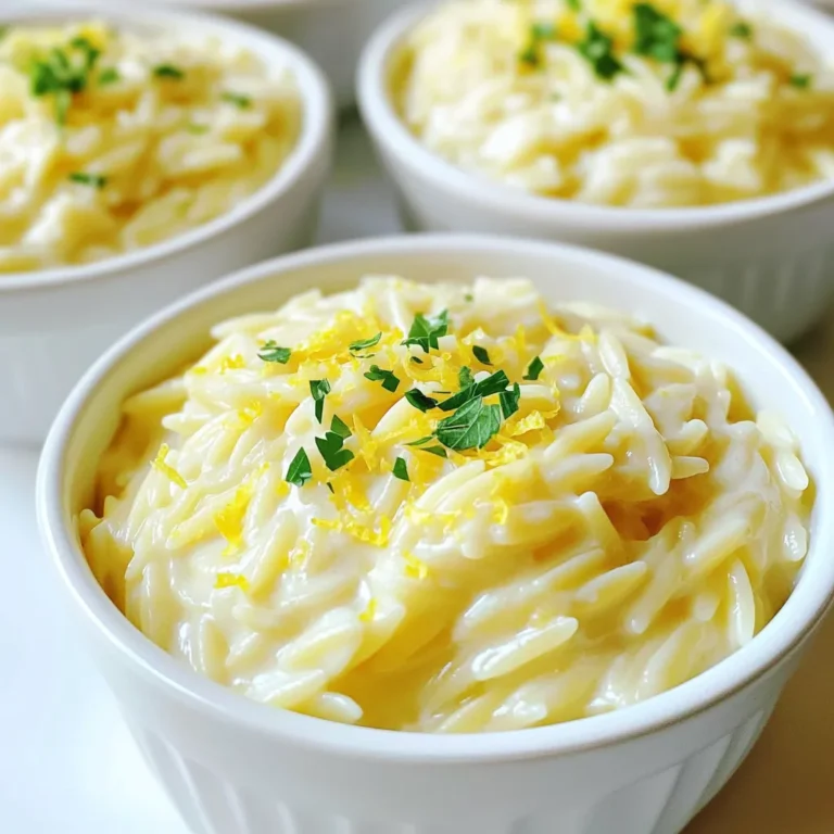 - 1 cup orzo pasta - 3 cups vegetable broth - 1 cup heavy cream - 1 cup freshly grated Parmesan cheese - 1 tablespoon olive oil - 2 cloves garlic, minced - 1 teaspoon lemon zest - 2 tablespoons fresh lemon juice - 1/2 teaspoon black pepper - 1/4 teaspoon salt - 1/4 cup fresh parsley, chopped (for garnish) - Large pot - Wooden spoon - Measuring cups and spoons When making One-Pot Creamy Lemon Parmesan Orzo, you need a few key ingredients. First, orzo pasta is the star. It's small and cooks quickly. Next, vegetable broth adds flavor. Heavy cream makes it rich and creamy. Freshly grated Parmesan cheese gives it a nice cheesy touch. For seasonings, olive oil adds a little fat. Minced garlic brings in a warm aroma. Lemon zest and juice brighten the dish with fresh flavor. Black pepper and salt balance everything out. Fresh parsley is perfect for garnish and adds color. To cook this dish, you need a large pot. A wooden spoon helps stir the ingredients. Measuring cups and spoons make it easy to get the right amounts. With these ingredients and tools, you are ready to create a delightful meal that everyone will love. 1. Heat 1 tablespoon of olive oil in a large pot over medium heat. 2. Add 2 cloves of minced garlic and sauté for about 1 minute. You want it fragrant but not burnt. 3. Stir in 1 cup of orzo pasta and toast it for 2-3 minutes. Keep stirring often to avoid sticking. 1. Pour in 3 cups of vegetable broth and bring it to a boil. 2. Once boiling, reduce the heat to low and cover the pot. 3. Let the orzo simmer for about 10-12 minutes. Stir occasionally until the pasta is al dente and most broth is absorbed. 1. Remove the pot from heat when the orzo is cooked. 2. Stir in 1 cup of heavy cream, 1 cup of freshly grated Parmesan cheese, 1 teaspoon of lemon zest, and 2 tablespoons of lemon juice. Mix until the cheese melts and the dish is creamy. 3. Add 1/2 teaspoon of black pepper and 1/4 teaspoon of salt. Taste and adjust seasoning if needed. 4. Serve warm, garnished with 1/4 cup of chopped fresh parsley for a bright finish. To achieve the best creaminess in your orzo, consider adding extra heavy cream. This will make the dish richer. Stirring the mixture well helps blend the flavors. Use a gentle motion to avoid breaking the orzo. You can boost the flavor with herbs and spices. Try adding fresh thyme or basil for a twist. If you want to swap out Parmesan, use Pecorino Romano. It adds a sharp taste that works well in this dish. Pair this dish with grilled chicken or a fresh salad. It complements these sides perfectly. For a restaurant-style look, serve in shallow bowls. Add a sprinkle of extra Parmesan and a lemon slice on top for a beautiful finish. {{image_2}} You can make this dish lighter by swapping out heavy cream. Use Greek yogurt or cashew cream instead. These options add creaminess with less fat. You can also switch to whole grain or gluten-free orzo. Whole grain adds more fiber while gluten-free fits many diets. Want to boost the dish? Add protein like chicken or shrimp. Cooked chicken adds heartiness, while shrimp brings a sweet flavor. For veggies, stir in spinach or peas. Spinach wilts down nicely, adding color and nutrients. Peas provide a sweet pop, enhancing the dish's taste. Seasonal herbs and citrus can bring fresh flavors. In spring, try adding fresh basil or dill. In summer, use zesty lemon or lime. These ingredients brighten the orzo and make it perfect for warm weather. This way, you enjoy a new taste each season. To store leftovers in the fridge, place the orzo in an airtight container. This keeps it fresh and prevents drying. It is best to let the orzo cool before sealing it. To keep the orzo creamy, stir in a bit of extra heavy cream. This helps keep it moist for later. Store in the fridge for up to three days. To freeze this dish, let it cool completely first. Then, use freezer-safe bags or containers for storage. Make sure to remove as much air as possible to avoid freezer burn. When you're ready to eat, thaw it in the fridge overnight. Reheat in a pot over low heat. Add a splash of vegetable broth or cream to help it regain its creamy texture. In the fridge, One-Pot Creamy Lemon Parmesan Orzo lasts about three days. In the freezer, it can stay good for up to three months. Just remember, the longer it sits, the more the texture may change. Enjoy it fresh whenever possible for the best flavor! Yes, you can make this dish ahead of time. Cook the orzo and let it cool. Store it in an airtight container in the fridge for up to three days. When ready to eat, reheat it gently on the stove. Add a splash of cream to keep it creamy. If you need a substitute for Parmesan cheese, try Pecorino Romano. It has a sharp taste similar to Parmesan. Nutritional yeast is a great dairy-free option too. It gives a cheesy flavor and is packed with nutrients. Yes, you can make a vegan version. Use cashew cream or coconut cream instead of heavy cream. Replace Parmesan with nutritional yeast or a vegan cheese blend. This keeps the creamy texture while being plant-based. The orzo is done when it is al dente, which means it should have a slight bite. This usually takes about 10-12 minutes of cooking. Taste a piece to check its doneness before you finish the dish. Absolutely! Chicken broth will add a rich flavor to the orzo. Just make sure it fits your dietary needs. Both broths work well, so use what you have on hand. This article guides you on making a creamy lemon Parmesan orzo. You learned about key ingredients, cooking steps, and ways to enhance flavor. I shared tips for perfecting creaminess and suggested variations for different tastes. Remember to store leftovers properly for the best taste. Experiment with seasonal ingredients to keep your dish exciting. Enjoy creating this comforting meal that fits any occasion!