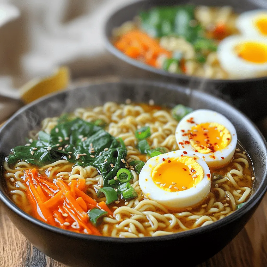 Here’s what you need to make Minute Chili Garlic Ramen: - 2 packs of instant ramen noodles - 4 cups chicken or vegetable broth - 2 tablespoons soy sauce - 1 tablespoon sesame oil - 5 cloves garlic, minced - 1 tablespoon fresh ginger, grated - 2 tablespoons chili paste - 1 teaspoon sugar - 1 cup baby spinach - 1 small carrot, julienned - 2 green onions, sliced - Optional: 2 soft-boiled eggs - Sesame seeds for garnish These ingredients come together to create a quick and tasty dish. I love using instant ramen noodles because they cook fast and soak up flavors well. The garlic and ginger add depth. The chili paste gives it a nice kick. You can adjust the spice level to fit your taste. The fresh veggies, like spinach and carrots, bring color and nutrients. If you want extra protein, soft-boiled eggs are a great choice. They add creaminess and richness to the broth. The sesame seeds on top add a nice crunch and look pretty too. Gather these ingredients, and you’ll be ready to whip up a bowl of deliciousness! 1. First, grab a medium pot. Heat 1 tablespoon of sesame oil over medium heat. 2. Add 5 cloves of minced garlic and 1 tablespoon of grated ginger. Sauté for 1-2 minutes. 3. Stir in 2 tablespoons of chili paste and 1 teaspoon of sugar. Cook for another minute. 4. Pour in 4 cups of chicken or vegetable broth. Add 2 tablespoons of soy sauce. Bring this mixture to a simmer. 1. Let the broth simmer for about 5 minutes. This helps the flavors blend well. 2. While the broth simmers, cook 2 packs of instant ramen noodles based on package instructions. Drain and set aside. 3. Add 1 small julienned carrot and 1 cup of baby spinach to the broth. Cook for 2-3 minutes. 4. Once the spinach wilts and the carrots soften, add the cooked ramen noodles to the pot. Stir gently to mix everything. 5. Divide the ramen into bowls. Top with soft-boiled eggs, sliced green onions, and sesame seeds for garnish. Adjusting the chili paste for spice tolerance You can change the heat by using less chili paste. Start with one tablespoon. If you want more spice, add more in small amounts. This way, you control the heat level to fit your taste. Tips for perfect garlic sautéing When you sauté garlic, use medium heat. This keeps it from burning. Watch closely as it cooks for 1-2 minutes. You want it fragrant but not brown. Brown garlic can taste bitter. Using fresh herbs for additional flavor Fresh herbs add great taste. Try cilantro or basil. Chop them finely and sprinkle on top before serving. They brighten up the dish and add a fresh note. Serving suggestions for visual appeal Serve your ramen in deep bowls. This helps keep the noodles and broth warm. Slice the soft-boiled eggs in half, so the yolk shows. It looks nice and adds color. Garnishing options with sesame seeds and chili flakes Finish your ramen with a sprinkle of sesame seeds. They add crunch and nutty flavor. You can also add chili flakes for extra heat and color. This makes your dish look and taste amazing. {{image_2}} You can easily change this dish to fit your needs. For a vegetarian or vegan option, use vegetable broth instead of chicken broth. You can also skip the eggs and add more veggies. Tofu is another great choice. It adds protein and absorbs all the flavors. Simply cube firm tofu and sauté it with garlic and ginger before adding the broth. Chili pastes come in many types. You can use gochujang for a sweet twist or sambal oelek for a more pungent flavor. Experimenting with these can create new tastes. Adding extra veggies also makes the dish better. Try bell peppers, mushrooms, or bok choy. They add color and crunch. You can mix and match to find your favorite combo. To keep your ramen fresh, place it in an airtight container. Store it in the fridge. It tastes best within three days. Make sure to separate the noodles from the broth. This keeps them from getting too soggy. If you mix them, they will soak up the broth and lose their texture. When you are ready to eat, reheat the broth on the stove. This helps bring back the flavors. For the noodles, you can add them directly into the hot broth. Stir gently until everything is warm. You can also use a microwave. Just heat in short bursts and stir. Yes, you can freeze ramen, but it’s best to freeze the broth and noodles separately. To freeze the broth, cool it first. Then pour it into a freezer-safe container. Leave some space for expansion. It can last up to three months in the freezer. For the noodles, cook them just until al dente, then cool them quickly. Place them in a freezer bag. Make sure to remove as much air as possible. When you want to eat, thaw the broth overnight in the fridge. Reheat it on the stove. Cook the noodles in boiling water for a few minutes. Combine the two for a quick meal! Making Minute Chili Garlic Ramen takes about 20 minutes. You spend 10 minutes prepping and 10 minutes cooking. This quick meal fits well into a busy day. Yes, you can use any broth you like. Chicken broth adds a rich taste. Vegetable broth gives a lighter flavor. Feel free to experiment with homemade or store-bought options. This recipe is spicy, thanks to the chili paste. You can adjust the heat by adding less chili paste. For a milder version, start small and taste as you go. Ramen pairs well with many sides. You can serve it with: - Steamed dumplings - A fresh salad - Crispy spring rolls These options add variety and balance to your meal. This blog post covered a simple and tasty Minute Chili Garlic Ramen recipe. We discussed key ingredients, step-by-step cooking instructions, and flavor tips. You learned how to store leftovers and even freeze your ramen. I hope you feel inspired to try this dish. With easy swaps and variations, it fits many tastes. Enjoy making and sharing this quick meal with friends or family. Happy cooking!