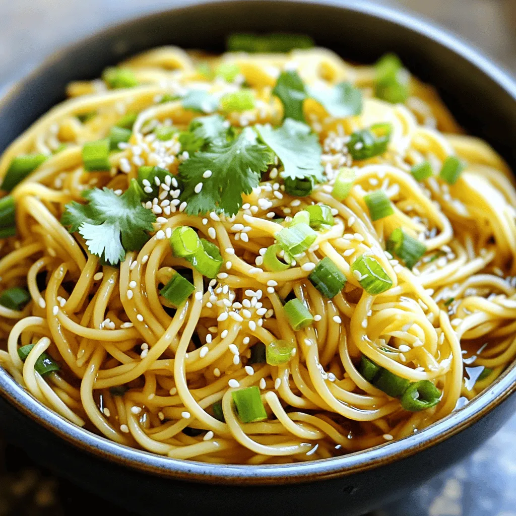 To make Minute Sesame Garlic Noodles, you will need: - 8 oz. fresh or dried noodles (spaghetti or rice noodles work) - 3 tablespoons sesame oil - 4 cloves garlic, minced - 2 tablespoons soy sauce (or tamari for gluten-free) - 1 tablespoon rice vinegar - 1 tablespoon honey or maple syrup - 1 teaspoon chili flakes (optional for heat) - 2 green onions, sliced - 1 tablespoon sesame seeds - Fresh cilantro, for garnish You can swap some ingredients for your taste or what you have: - Use olive oil instead of sesame oil for a lighter flavor. - Replace soy sauce with coconut aminos for a soy-free option. - Maple syrup can stand in for honey if you want a vegan dish. - Omit chili flakes if you prefer no heat or use more for extra spice. - Green onions can be replaced with chives for a milder taste. I suggest using these noodles for the best results: - Spaghetti: It’s easy to find and cooks quickly. - Rice noodles: They are great for a gluten-free option. - Udon noodles: These thick noodles add a nice chew. - Soba noodles: They bring a unique flavor and are also healthy. Choosing the right noodle type can change your dish's texture and taste. Enjoy experimenting! Start by boiling a large pot of salted water. The salt adds flavor to the noodles. Once the water boils, add 8 oz. of fresh or dried noodles. You can use spaghetti or rice noodles. Cook them as per the package guide until they are al dente. This means they should be firm but not hard. Once cooked, drain the noodles and rinse them under cold water. This stops the cooking process and keeps them from getting mushy. Grab a small bowl to make the sauce. In this bowl, whisk together three tablespoons of sesame oil and four minced garlic cloves. Next, add two tablespoons of soy sauce. If you need a gluten-free option, use tamari instead. Mix in one tablespoon of rice vinegar and one tablespoon of honey or maple syrup. If you want some heat, you can add one teaspoon of chili flakes. Set this flavorful mix aside for later. Heat a large skillet over medium heat. Pour the prepared sauce into the skillet and let it warm for about 1-2 minutes. This helps the flavors blend. Now, add the cooked noodles to the skillet. Toss them well to coat every noodle with the sauce. Stir in the sliced green onions and one tablespoon of sesame seeds. Mix everything well and cook for another 1-2 minutes until it's all hot. Now you’re ready to serve! To get the best flavor, use fresh garlic. Minced garlic gives a strong taste. Mixing the sauce well ensures every noodle gets coated. If you like spice, add more chili flakes. For a touch of sweetness, adjust the honey or maple syrup. Try using rice vinegar for a nice tang. This helps the sauce stand out. Serve the noodles in deep bowls. This keeps the sauce from spilling over. Drizzle a little extra sesame oil on top for shine. Garnish with cilantro and sesame seeds for color. You can also add sliced cucumbers for crunch. Pairing these noodles with grilled chicken or shrimp makes it a complete meal. Use pre-cooked noodles to save time. They cook fast and still taste great. If you want to skip chopping, buy minced garlic in a jar. This cuts down on prep work. You can also mix the sauce ahead of time. Store it in the fridge for up to a week. Heat it when you are ready to cook. {{image_2}} You can add heat by mixing in chili flakes. Start with one teaspoon. If you want more spice, add more. This gives a nice kick. For an extra boost, try sriracha in the sauce. It adds a sweet and spicy taste. You can make it as spicy as you like! To keep this dish vegetarian, skip the honey and use maple syrup. For a vegan meal, swap soy sauce with tamari. Also, check the noodles. Some may have egg in them. Rice noodles are a great vegan choice. They soak up the sauce well and taste great. Want more texture? Add cooked chicken, shrimp, or tofu. These proteins make the meal more filling. You can also toss in veggies like bell peppers, broccoli, or snap peas. Cook them in the sauce for a few minutes. This adds color and nutrients to your dish. Mix and match based on what you have at home! To store your leftover noodles, first let them cool down. Place them in an airtight container. You can store them in the fridge for up to three days. If you want to keep them longer, consider freezing. When you're ready to eat, you can reheat the noodles easily. Heat a skillet over medium heat. Add a splash of water or sesame oil to the pan. This helps steam the noodles. Stir and cook for about 3-5 minutes until they are hot. You can also use the microwave. Place the noodles in a bowl, add a splash of water, and cover. Heat for 1-2 minutes, stirring halfway through. If you want to freeze the noodles, store them in a freezer-safe bag. Make sure to squeeze out all the air. They can last up to two months in the freezer. To use them, thaw them in the fridge overnight. Then, reheat as mentioned above. This way, you can enjoy your tasty meal anytime! Sesame garlic noodles stay fresh for about 3 to 5 days in the fridge. Store them in an airtight container. Make sure they cool completely before you store them. This helps keep the noodles from getting mushy. If you notice any strange smells or colors, it’s best to throw them away. Yes, you can easily make this recipe gluten-free. Just swap regular soy sauce for tamari. This small change makes a big difference. You can also use rice noodles, which are naturally gluten-free. Always check labels to ensure there are no hidden gluten ingredients. These noodles pair well with many dishes. Try them with grilled chicken, shrimp, or tofu. You can also serve them with steamed veggies like broccoli or snap peas. For a crunchy touch, add some fried tofu or crispy bok choy. Don’t forget to sprinkle more sesame seeds on top for extra flavor! This blog post covered making delicious sesame garlic noodles. We discussed key ingredients, substitutes, and noodle types. You learned how to cook the noodles, prepare the sauce, and combine everything. I shared tips to perfect your dish and save time. You can enjoy variations like spicy or vegetarian noodles and find easy storage methods. Now you can create tasty meals with confidence. Enjoy your cooking adventures!