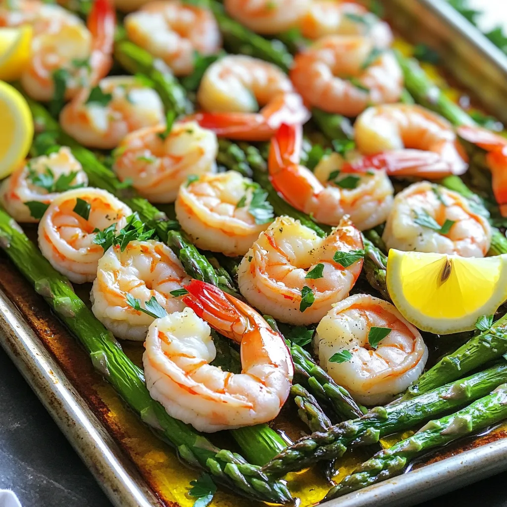 For this dish, you need the following key ingredients: - 1 pound large shrimp, peeled and deveined - 1 bunch asparagus, trimmed - 4 cloves garlic, minced - 2 tablespoons olive oil - Zest and juice of 1 lemon - 1 teaspoon smoked paprika - 1 teaspoon dried oregano - Salt and pepper to taste These ingredients work together to create a bright and fresh meal. The shrimp provide protein, while asparagus adds a nice crunch. To make your dish even better, consider these garnishes: - Fresh parsley, chopped - Lemon wedges for serving Adding parsley gives a pop of color. Lemon wedges enhance the flavor when served. You can swap out some ingredients if needed: - Use shrimp alternatives like scallops or fish. - Replace asparagus with green beans or broccoli. - If you don’t have smoked paprika, regular paprika works too. These changes can still give you a tasty meal. Be creative and use what you have on hand! Start by preheating your oven to 400°F (200°C). This gets your oven ready for cooking. In a large bowl, mix the shrimp, asparagus, and minced garlic. Add olive oil, lemon zest, and lemon juice. Then, sprinkle in the smoked paprika and oregano. Season with salt and pepper. Toss everything well to coat all the shrimp and veggies evenly. Spread the shrimp and asparagus mixture on a large sheet pan. Make sure to arrange them in a single layer. This helps everything cook evenly. Bake in your hot oven for 12 to 15 minutes. You’ll know it’s done when the shrimp turn pink and opaque, and the asparagus is tender yet crisp. Once baked, take the pan out of the oven. Let it cool for a moment. Garnish with chopped parsley for color. Serve with lemon wedges on the side for extra zing. You can serve it right from the pan for a rustic feel or transfer it to a platter. Adding extra lemon slices around the dish brightens it up even more. Enjoy your tasty meal! The cooking time for this dish is key. Bake the shrimp and asparagus at 400°F for 12 to 15 minutes. Shrimp cook quickly. They turn pink and opaque when done. Asparagus should remain tender but crisp. Start checking at 12 minutes. This way, you avoid overcooking the shrimp. Want to make this dish even tastier? Here are some easy flavor boosts: - Add red pepper flakes for heat. - Use fresh herbs like thyme or basil for aroma. - Swap smoked paprika for regular paprika for a milder taste. - Drizzle a bit of balsamic vinegar before serving for a sweet touch. These small changes can make a big difference in flavor. Sheet pan cooking is simple and fun. Here are some tips to make it even better: - Use a large sheet pan. Crowding can lead to uneven cooking. - Line the pan with parchment paper. This helps with easy cleanup. - Toss the ingredients well. Ensure they are evenly coated with oil and spices. - Serve right from the pan. This gives a rustic feel and saves on dishes. These tips will help you master sheet pan cooking! {{image_2}} If you want a meatless option, swap the shrimp for hearty vegetables. Good choices include bell peppers, zucchini, or mushrooms. You can also use chickpeas for a protein boost. Just toss the veggies with the same lemon garlic mix. This keeps the dish bright and zesty. You can change the protein while keeping the same great flavor. Try chicken breast or fish like salmon. Cut them into bite-sized pieces and mix with the same ingredients. Cooking time may change, so check for doneness. Chicken should reach 165°F, and fish should flake easily with a fork. To change the flavor, play with spices. Add a pinch of red pepper flakes for heat. Swap the smoked paprika for curry powder for a warm twist. Fresh herbs like basil or thyme can also add unique tastes. Experiment and find your favorite mix! After enjoying your meal, store any leftovers in an airtight container. Make sure to cool the dish to room temperature first. Place the container in the fridge, where it can last for up to three days. Keep the shrimp and asparagus together to maintain their flavor. If you want to keep the dish fresh, avoid adding any garnishes until you're ready to serve. To reheat your delicious shrimp and asparagus, use the oven for the best results. Preheat the oven to 350°F (175°C). Place the leftovers on a baking sheet. Cover them with foil to keep moisture in. Heat for about 10 minutes, or until warmed through. You can also use a microwave if you're short on time. Just heat in short bursts of 30 seconds, stirring in between until hot. If you want to freeze your shrimp and asparagus, it's best to do so before cooking. Place the raw mixture in a freezer bag. Remove as much air as you can before sealing. This way, it lasts for up to three months. When ready to cook, thaw it in the fridge overnight. Then, follow the cooking instructions as usual. Remember, cooked shrimp does not freeze well, so it’s best to enjoy it fresh! You can tell the shrimp are done when they turn pink and opaque. This usually takes about 12 to 15 minutes in the oven. The shrimp should curl slightly but not be tough. If you look closely, the meat should look firm and shiny. Yes, you can use frozen shrimp! Just make sure to thaw them first. Place the shrimp in cold water for about 15 to 20 minutes. Once they are thawed, peel and devein them if needed. This way, you can still enjoy the tasty flavors of this dish without waiting. You can serve this dish with rice or quinoa for a hearty meal. A fresh green salad pairs well too. If you want something light, try serving with crusty bread. The bread is great for soaking up the lemony sauce. You can also add lemon wedges for a zesty touch! In this blog post, we explored the key ingredients, from essential items to flavorful garnishes. We also covered easy step-by-step instructions for preparation and baking. You gained tips for cooking time and flavor boosts, plus storage options for leftovers. Remember, you can swap and modify ingredients to suit your taste. Experiment with variations, and enjoy your meals even more! Your cooking journey is about discovery and creativity.