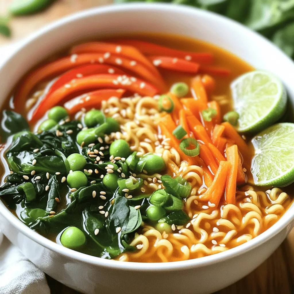 To make Sweet and Spicy Ramen Bowls, you need some key ingredients: - 2 packs of instant ramen noodles - 4 cups vegetable broth - 1 large red bell pepper, sliced - 1 medium carrot, julienned - ½ cup sugar snap peas, trimmed - 1 cup baby spinach - 4 green onions, chopped - 2 tablespoons soy sauce - 1 tablespoon sriracha - 1 tablespoon honey or maple syrup - 1 teaspoon sesame oil - 1 tablespoon fresh ginger, minced - 2 garlic cloves, minced - Sesame seeds for garnish These ingredients work together to create a tasty and fulfilling dish. The ramen noodles give you that chewy texture that we all love. The fresh veggies add color and crunch, making every bite exciting. You can take your ramen bowls to the next level with some extras: - Lime slices for a fresh zing - Chili flakes for added heat - Chopped cilantro for a fresh touch - Toasted sesame seeds for extra crunch These garnishes not only enhance the flavor but also make your bowl look beautiful. A bit of lime adds brightness, and chili flakes give it a kick that many enjoy. The ingredients in this recipe bring more than just flavor. They offer health benefits too: - Vegetable broth is low in calories and packed with nutrients. - Red bell pepper is rich in vitamin C. It helps boost your immune system. - Carrots are full of beta-carotene, good for your eyes. - Spinach is a superfood, loaded with iron and antioxidants. - Garlic can help lower blood pressure and improve heart health. Eating this ramen bowl is not just a treat; it nourishes your body while satisfying your taste buds. Each ingredient plays a part in making this meal both delicious and healthy. Start by heating 4 cups of vegetable broth in a large pot over medium heat. Add 1 tablespoon of minced ginger and 2 minced garlic cloves. Cook for about 2 minutes. You want the broth to smell great. Next, stir in 1 large sliced red bell pepper, 1 julienned medium carrot, and ½ cup of trimmed sugar snap peas. Let this simmer for 5-7 minutes. The goal is to make the veggies tender but still crisp. Now, it's time to boost the flavor. Add 2 tablespoons of soy sauce, 1 tablespoon of sriracha, 1 tablespoon of honey or maple syrup, and 1 teaspoon of sesame oil. Stir well and taste your broth. Adjust the sweetness or spice to fit your taste. In a separate pot, cook 2 packs of instant ramen noodles according to the package instructions. This usually takes about 3-4 minutes. Once they are cooked, drain the noodles and set them aside. Keeping them separate helps maintain their texture and prevents them from getting mushy. Now, it’s time to bring everything together. Add the cooked ramen noodles to your broth and vegetable mixture. Gently stir in 1 cup of baby spinach and half of 4 chopped green onions. Cook for an additional 1-2 minutes. This helps the spinach wilt just a bit. When ready to serve, ladle the ramen into deep bowls. Make sure each serving is packed with vegetables and broth. To finish, top each bowl with the remaining green onions and a sprinkle of sesame seeds for texture. Enjoy your sweet and spicy ramen bowls! You can easily change the spice in your ramen. Start with one tablespoon of sriracha. If you want more heat, add another teaspoon. Remember to taste the broth as you go. This way, you can find the right balance for your taste buds. You can also offer chili flakes at the table. This lets everyone customize their bowl. Cook your vegetables to keep them crisp and bright. Start by adding the ginger and garlic first. This step builds great flavor. Next, add the bell pepper, carrot, and sugar snap peas. Simmer them just enough to get tender. This usually takes about five to seven minutes. Overcooking makes them mushy, so keep an eye on the pot! Serve your ramen in deep bowls for a cozy look. Ladle the broth over the noodles and veggies carefully. This helps keep the noodles from breaking. Top each bowl with green onions and sesame seeds. A lime wedge on the side adds a fresh touch. For extra flair, sprinkle chili flakes on top. This makes the dish look inviting and adds a pop of color! {{image_2}} To make Sweet and Spicy Ramen Bowls vegetarian or vegan, swap the broth. Use vegetable broth, which is already part of the recipe. You can also replace honey with maple syrup for a vegan option. For added protein, include more veggies like mushrooms or tofu. Tofu is a great choice since it absorbs flavors well. If you want to add protein, consider tofu or chicken. For tofu, choose firm or extra-firm types. Cut it into cubes and pan-fry until golden. If you prefer chicken, use cooked shredded chicken. Add it to the broth just before serving. Both options boost flavor and make your ramen more filling. You can change the broth flavor to suit your taste. For a richer taste, use mushroom or miso broth. If you want a spicy kick, try a spicy chicken broth. Each broth gives a new twist to the ramen bowls. Play with different flavors to find your favorite! After enjoying your Sweet and Spicy Ramen Bowls, let the leftovers cool. Store them in an airtight container. Keep the noodles and broth separate if possible. This helps maintain noodle texture. You can store the leftovers in the fridge for up to three days. If you mix them, eat them within two days for the best taste. To reheat your ramen, use the stovetop for best results. Pour the broth and veggies into a pot. Heat on medium until warm, about 5-7 minutes. If noodles are mixed in, add a splash of water to avoid dryness. Stir gently to warm everything evenly. You can also use a microwave if you're short on time. Place in a microwave-safe bowl and heat for 2-3 minutes. Stir halfway through to ensure even heating. For longer storage, you can freeze the broth and veggies separately. Let them cool completely before putting them in freezer bags. Remove as much air as you can to prevent freezer burn. Store noodles in a different bag. They can get mushy when frozen. Use these frozen leftovers within three months for the best taste. When you’re ready to eat, thaw overnight in the fridge and reheat as mentioned above. For Sweet and Spicy Ramen Bowls, I recommend using instant ramen noodles. They cook quickly and absorb flavors well. You can find different flavors, but plain is best for this recipe. The focus is on the broth and the veggies, not the noodle flavor. Yes, you can prepare the broth and vegetables ahead of time. Store them in the fridge for up to three days. When you are ready to eat, just cook the noodles and combine everything. This saves time and makes meal prep easy! To enhance your ramen, try these toppings: - Soft-boiled eggs - Extra green onions - Sliced radishes - Chili flakes - Fresh herbs like cilantro or basil These add texture and extra flavor, making your bowl special. To make Sweet and Spicy Ramen Bowls gluten-free, swap instant ramen for rice noodles. Ensure your soy sauce is gluten-free too. You can find tamari as a great alternative. This way, you can still enjoy delicious ramen without gluten. Sweet and spicy ramen bowls combine rich flavors with health benefits. We explored essential ingredients and how to prepare a satisfying broth. Adjusting spice levels ensures everyone enjoys it. You can create vegetarian options or add proteins to suit your taste. Proper storage helps maintain freshness, so leftovers stay delicious. With these tips and recipes, you can craft your custom ramen experience anytime. Enjoy your cooking journey and savor every bite.