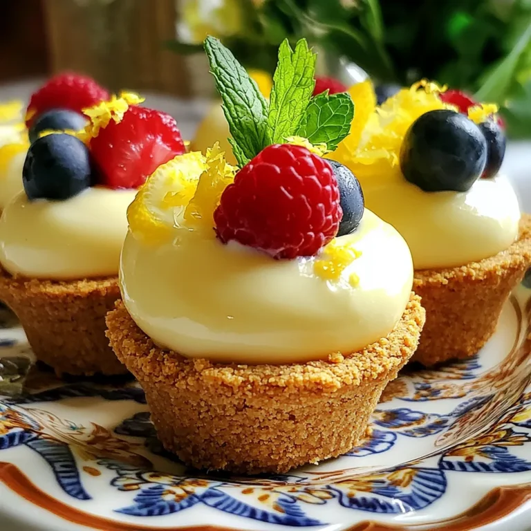 To make No-Bake Lemon Cream Pie Cups, you need: - 1 cup graham cracker crumbs - 4 tablespoons unsalted butter, melted - 1 cup heavy whipping cream - 1 package cream cheese, softened - 1 cup powdered sugar - 1/2 cup fresh lemon juice - Zest of 1 lemon - Pinch of salt - Fresh berries (for garnish) You can swap ingredients based on what you have: - Use digestive biscuits instead of graham crackers for a different crust flavor. - If you don’t have unsalted butter, salted butter works fine. Just skip the pinch of salt. - For a lighter version, use Greek yogurt in place of cream cheese. - Instead of heavy cream, you can try whipped topping for a quick fix. Fresh lemons make your pie burst with flavor. Here’s how to pick the best ones: - Look for lemons that feel heavy for their size. This means they are juicy. - Choose lemons that have smooth, shiny skin. Avoid those with blemishes. - Give them a gentle squeeze. They should feel firm but slightly soft. - Smell the lemon. A strong, fresh scent means it's ripe and flavorful. To start, gather your graham cracker crumbs and melted butter. In a mixing bowl, combine these two ingredients. Stir until the crumbs soak up the butter well. This mix needs to be moist but not too wet. Now, take small cups or ramekins. Spoon about 2 tablespoons of the crumb mix into each cup. Press down firmly to form a solid layer at the bottom. This layer holds everything together. Make sure it is even and compact. Once you finish, set the cups aside. They will hold the creamy filling soon. Next, we will make the lemon cream filling. First, take a bowl and beat the cream cheese until it is smooth. It should look creamy and soft. Gradually add the powdered sugar, fresh lemon juice, lemon zest, and a pinch of salt. Mix everything together until it is well combined. In another bowl, whip the heavy cream. Beat it until soft peaks form. This means the cream will hold its shape but not be too stiff. Now, gently fold the whipped cream into the lemon mixture. Make sure it blends well. You want a light and fluffy filling that bursts with lemon flavor. Now it’s time to fill the cups! Spoon or pipe the lemon cream filling over the crusts. Fill each cup until they are full and smooth out the tops with a spatula. This step makes them look nice and neat. After filling, cover the cups with plastic wrap. Place them in the refrigerator to chill for at least 2 hours. This helps the filling set up nicely. When you are ready to serve them, take off the wrap and garnish. Add fresh berries and a sprinkle of lemon zest for a fun touch. Enjoy your no-bake lemon cream pie cups! To whip cream well, start with cold tools. Use a chilled bowl and beaters. This helps the cream whip faster. Pour the heavy cream into the bowl. Beat on medium speed until soft peaks form. Soft peaks mean the cream holds a shape but still looks smooth. Stop when you see this stage. Overbeating makes the cream grainy. For a creamy lemon filling, fold the whipped cream gently. Use a spatula to mix it in. This keeps the air in the cream, making it light. If you mix too hard, you will lose that fluffiness. Aim for a smooth and silky feel. The mixture should look bright and inviting. Serve your lemon cream pie cups on a pretty platter. Add fresh berries like strawberries or blueberries on top. They add color and taste. You can also sprinkle extra lemon zest for more zing. A mint leaf adds a nice touch. These pie cups pair well with iced tea or lemonade for a refreshing treat. {{image_2}} To make a gluten-free version of these lemon cream pie cups, swap regular graham crackers for gluten-free ones. Many brands offer gluten-free graham crackers that taste just as good. You can also use crushed nuts, like almonds or pecans, mixed with melted butter for a different crust. This change keeps the treat safe for those with gluten issues. If you want a dairy-free option, use coconut cream instead of heavy cream. Just chill a can of coconut milk overnight and scoop out the solid part. For the cream cheese, try a dairy-free cream cheese substitute. Look for brands made from nuts or soy. This way, you can enjoy a creamy pie without dairy. You can add fun flavors to these cups. Try adding berries for a fruity twist. Mix in mashed strawberries, blueberries, or raspberries into the lemon cream filling. This adds color and taste. You could also swap lemon juice for lime or orange juice. Each option gives you a new dessert to enjoy. I recommend storing leftover lemon cream pie cups in the fridge. First, cover each cup with plastic wrap. This helps keep them fresh and prevents drying out. You can also use a sealed container if you prefer. Just make sure the lid fits well to keep moisture in. The best containers for storage are small, airtight ones. Glass or plastic containers work great. If you use ramekins, cover them tightly with plastic wrap. This keeps the lemon cream filling safe from absorbing any strong smells from the fridge. These delightful cups last about 3 days in the fridge. After that, the crust may get soggy. To enjoy them at their best, eat them within this time. If you want to keep them longer, consider freezing them. Just remember to thaw them in the fridge before serving. Yes, you can make these pie cups a day early. This lets the flavors blend well. Just cover them tightly and store in the fridge. When you’re ready to serve, add fresh berries on top. The cups will taste even better after chilling overnight! If you don’t have cream cheese, use Greek yogurt or mascarpone cheese. You can also try silken tofu for a dairy-free option. Each of these will give a nice creamy texture. Adjust the sweetness as needed, since some may taste different. To cut down on sugar, use a sugar substitute like stevia or monk fruit. You can also use less powdered sugar in the filling. Try adding more lemon juice to balance the sweetness. This gives a bright flavor without adding too much sugar. This blog post covers all you need to know to make delicious lemon pie cups. We explored ingredients, substitutions, and tips for picking fresh lemons. You learned step-by-step how to prepare the crust, make the filling, fill the cups, and chill them. We shared best practices for whipping cream and achieving the right texture. You can even try gluten-free and dairy-free variations! Follow the storage tips to keep leftovers fresh. Use this knowledge to create tasty treats that everyone will love. Enjoy your baking!