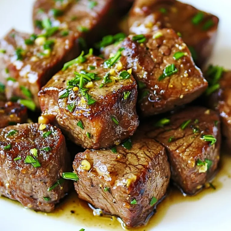 - 1 pound beef sirloin, cut into bite-sized cubes - 4 tablespoons unsalted butter - 6 cloves garlic, minced - 1 teaspoon fresh rosemary, finely chopped - 1 teaspoon fresh thyme leaves - 1 tablespoon soy sauce - Fresh parsley, chopped for garnish - Salt and pepper to taste When preparing these beef bites, choose fresh, high-quality ingredients. Start with beef sirloin. This cut is tender, flavorful, and perfect for quick cooking. Cut it into bite-sized cubes to ensure even cooking. Next, use unsalted butter. This allows you to control the salt level in your dish. The butter adds richness and depth to the garlic flavor. Minced garlic is key for that punchy taste. Fresh garlic packs more flavor than pre-minced options. For seasonings, fresh rosemary and thyme elevate your dish. Both herbs add a lovely aroma and taste. The soy sauce not only adds salt but also enhances the beef's natural flavors. For the optional garnish, fresh parsley adds a splash of color. It brightens the dish and adds freshness. Salt and pepper will help bring all the flavors together, making every bite delicious. With these ingredients, you set the stage for a tasty meal. {{ingredient_image_1}} To start, you need to marinate the beef. In a large bowl, combine the beef sirloin cubes, soy sauce, olive oil, salt, and pepper. Make sure each piece gets a good coating. This step infuses flavor into the meat. Cover the bowl and let it sit for at least 20 minutes. This waiting time allows the beef to soak in all those tasty ingredients. Next, let's make the garlic butter. Take a skillet and place it over medium heat. Add the unsalted butter and let it melt slowly. Once the butter is melted, add the minced garlic, fresh rosemary, and thyme. Stir this mixture for about 2 minutes until it smells amazing. Be careful here! You don’t want to burn the garlic. It should be fragrant and golden, not brown. Now, it’s time to cook the beef bites. In the same skillet with the garlic butter, add the marinated beef cubes. Sear each side for about 3 to 4 minutes. You want to get a nice brown crust on the outside while keeping the inside juicy. Cook until it reaches your desired doneness. Once the beef bites are cooked, pour any leftover garlic butter from the skillet over them. Toss gently to coat every piece evenly. For tender beef bites, I recommend using beef sirloin. This cut has great flavor and remains juicy when cooked. You can also try filet mignon or ribeye if you want something richer. Both cuts offer tenderness and are perfect for quick cooking. A nice brown crust is key to great flavor. Start with a hot skillet and use olive oil to help the beef brown. Avoid overcrowding the pan, as this can cause steaming instead of searing. Sear each side for about 3-4 minutes. This helps lock in juices and adds that irresistible crust. Garlic adds depth, but it can burn quickly. To avoid this, add the minced garlic to the melted butter and sauté over medium heat. Keep an eye on it, and stir often. Once it’s fragrant, you can add the beef. This keeps the garlic from turning bitter while enhancing your dish's flavor. Pro Tips Marinating Time: For the best flavor, allow the beef to marinate for at least 1 hour, or even overnight in the refrigerator. Butter Temperature: Use room temperature butter to ensure it melts evenly and blends well with the garlic and herbs. Doneness Check: Use a meat thermometer to check for doneness; 130°F for medium-rare and 145°F for medium. Resting Period: Let the beef bites rest for a few minutes after cooking to allow the juices to redistribute for a juicier bite. {{image_2}} Want to spice things up? Add red pepper flakes to your garlic butter. Start with a pinch. This will give your beef bites a nice kick. You can adjust the heat to your taste. More flakes mean more spice. You can even mix in smoked paprika for a smoky flavor. This twist adds depth to every bite. Beef is delicious, but you can switch things up. Try using chicken or pork instead. Chicken thighs work well and stay juicy. Pork tenderloin is another great option. Just follow the same marinating and cooking steps. Each protein brings its own unique flavor. This way, you can enjoy a new dish every time. Presentation can elevate your dish. Serve your beef bites with toothpicks for easy eating. Pair them with a dipping sauce for extra flavor. A creamy garlic aioli or spicy sriracha sauce works great. You can also serve them over a bed of sautéed veggies. This adds color and nutrition and makes your meal complete. Store your garlic butter beef bites in an airtight container. Place them in the fridge. They stay fresh for up to three days. Make sure they cool down before storing. This helps keep the flavors locked in. To reheat, use a skillet over medium heat. Add a splash of water or broth to keep moisture. Heat for about five minutes or until warm. Stir gently to avoid burning. You can also use the microwave. Heat in short bursts of 30 seconds. Stir in between to ensure even warming. If you want to freeze, place beef bites in a freezer-safe bag. Remove as much air as possible. They can last up to three months in the freezer. When ready to eat, thaw in the fridge overnight. Reheat as described earlier to enjoy the taste again. Yes, you can use frozen beef. It saves time and is convenient. Here are some benefits and tips: - Frozen beef can be just as tasty as fresh. - Thaw it in the fridge overnight for best results. - For quicker thawing, use cold water. Place the beef in a sealed bag and submerge it in cold water. - Always marinate after thawing for better flavor absorption. Garlic butter beef bites go well with many sides. Here are some great options: - Sautéed vegetables, like green beans or bell peppers. - A fresh green salad with a light dressing. - Garlic bread for a tasty, carb-rich pairing. - Mashed potatoes for a hearty meal. Making this dish gluten-free is easy. Here are some alternatives: - Replace soy sauce with tamari, a gluten-free option. - Use coconut aminos for a soy-free flavor. - Check your butter for any gluten ingredients if you're using a brand with added flavorings. - Always read labels to ensure all ingredients are gluten-free. This article covers how to make delicious garlic butter beef bites. We talked about the key ingredients like beef sirloin and fresh herbs. You learned marinading tips and how to cook the beef just right. We also shared variations and storage tips to keep your meal fresh. Remember, you can swap meats or change seasonings to suit your taste. Enjoy making this dish for gatherings or a quick dinner! You’ll impress everyone with your cooking skills. Trust me, they will love it.