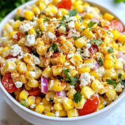 - 4 ears of fresh corn, husked and cleaned - 1 red bell pepper, diced - 1/2 cup red onion, finely chopped - 1 cup cherry tomatoes, halved - 1/2 cup cotija cheese, crumbled - 1/4 cup fresh cilantro, chopped - 2 tablespoons mayonnaise - 2 tablespoons Greek yogurt (or sour cream) - 1 tablespoon lime juice - 1 teaspoon chili powder - Salt and pepper to taste To make this Mexican street corn salad pop with flavor, we need fresh, vibrant ingredients. Start with sweet corn, which gives the salad its base. Grilling the corn adds a smoky taste that makes this dish special. Next, a red bell pepper adds crunch and sweetness. Red onion brings in a mild bite, while cherry tomatoes give juicy freshness. Cotija cheese adds a creamy and tangy element that ties it all together. Finally, fresh cilantro adds a burst of herbal flavor. For the dressing, I like using mayonnaise and Greek yogurt or sour cream for creaminess. Lime juice brightens the dish, while chili powder adds a hint of spice. Don’t forget salt and pepper to season it perfectly. These ingredients combine to create a refreshing and delicious salad that is sure to impress! {{ingredient_image_1}} Preheating the Grill Start by heating your grill to medium-high. This step is key for great flavor. Cooking Time and Techniques Place the corn directly on the grill. Cook it for about 10 minutes. Turn the corn often to get an even char. You want those nice grill marks for taste and looks. Once grilled, take the corn off the grill and let it cool. Cutting Corn Off the Cob Once the corn is cool enough to handle, grab a sharp knife. Carefully cut the kernels off the cob. Aim for a large mixing bowl to catch all the corn. Mixing Vegetables and Cheese Now, add the diced red bell pepper, chopped red onion, halved cherry tomatoes, and crumbled cotija cheese into the bowl. Mix these fresh ingredients with the corn. This combination adds great texture and taste. Whisking Ingredients In a small bowl, combine mayonnaise, Greek yogurt, lime juice, chili powder, salt, and pepper. Use a whisk to blend everything until it’s smooth. Adjusting Seasoning Taste the dressing. If it needs more flavor, add a pinch of salt or more lime juice. Adjust it to your liking. Gently Mixing Ingredients Pour the dressing over the corn mixture. Use a spatula to gently mix everything together. Make sure all the ingredients get coated well. Refrigeration Time and Tips Cover the bowl and place it in the fridge for at least 30 minutes. Chilling helps the flavors blend beautifully. Enjoy this fresh salad at your next gathering! - Avoiding Common Mistakes: Always preheat your grill. This step helps to avoid sticking. If you place corn on a cold grill, it may not cook evenly. Turn the corn every few minutes to get nice char. - Achieving Perfect Grill Marks: To get those beautiful grill marks, place corn at an angle on the grates. Cook for about 2-3 minutes on each side. Don't rush; let the corn sit before turning. - Additional Seasonings: While chili powder adds great taste, try adding garlic powder or paprika for depth. A pinch of cumin can also bring a smoky flavor. - Ingredient Substitutions: No cotija cheese? Feta cheese works well too. If you want a creamier base, swap Greek yogurt for sour cream. - Serving Suggestions: Serve the salad in a bright bowl to highlight its colors. You can also layer it in a glass for a fun look. - Garnishing for Visual Appeal: Add extra cilantro on top for a fresh look. A sprinkle of chili powder adds color and a hint of spice. Lime wedges on the side boost freshness and invite flavor. Pro Tips Grill to Perfection: Make sure to rotate the corn every few minutes to achieve even charring and enhance the smoky flavor. Fresh Ingredients Matter: Use the freshest corn you can find for the best sweetness and texture in your salad. Customize Your Spice: Adjust the chili powder according to your heat preference; you can even add chopped jalapeños for an extra kick! Chill for Flavor: Allowing the salad to chill for at least 30 minutes helps the flavors meld beautifully, making each bite more delicious. {{image_2}} To make a spicy version of Mexican Street Corn Salad, add jalapeños or hot sauce. Start with one diced jalapeño. If you like more heat, add more. You can also mix in hot sauce to the dressing. A few drops of your favorite sauce can really kick up the flavor. Adjust the heat to suit your taste. If you want a vegan version, swap out the dairy products. Use vegan mayonnaise instead of regular mayonnaise. For the cheese, try using vegan cheese or nutritional yeast. Greek yogurt can be replaced with a dairy-free yogurt. These swaps keep the creamy texture without using animal products. You can change this salad based on what’s in season. In summer, add diced cucumbers or radishes for crunch. In fall, roasted butternut squash can bring warmth. For spring, try adding peas or asparagus. You can also adapt this salad for holidays. Add festive colors like red peppers for Christmas or corn for a summer BBQ. Get creative and make it your own! To keep your Mexican street corn salad fresh, store it in an airtight container. This helps keep the flavors inside and prevents any odors from the fridge. If you have leftovers, make sure to refrigerate them within two hours after serving. - How to Store Leftovers: - Place the salad in a clean, airtight container. - Use plastic wrap or a tight lid to seal it. - Shelf Life: - This salad lasts for about three to five days in the fridge. - Always check for any signs of spoilage before enjoying leftovers. You can freeze this salad, but it may change the texture. The corn and veggies might become softer when thawed. - Best Practices for Freezing: - If you want to freeze it, store the salad without the dressing. - Place the salad in a freezer-safe container or bag. - Try to remove as much air as possible to prevent freezer burn. - Thawing and Reusing: - To use frozen salad, move it to the fridge and let it thaw overnight. - Once thawed, mix in fresh dressing to restore flavor and moisture. Yes, you can make this salad ahead of time. It tastes even better after chilling. Here are some tips for preparation in advance: - Grill the corn and cut it off the cob. - Mix all other ingredients except cilantro. - Wait to add the dressing until just before serving. - Stir in chopped cilantro right before serving for freshness. This salad pairs well with many dishes. Here are some suggested pairings: - Grilled chicken or steak adds protein. - Tacos or burritos complement the flavors. - Serve with tortilla chips for crunch. - It also works great next to a fresh salsa. The salad lasts about 3 days in the fridge. Here’s some storage advice: - Store it in an airtight container. - Keep it cool to maintain freshness. - If the dressing separates, just stir it again before eating. This post shared how to make a tasty Mexican Street Corn Salad. We explored fresh ingredients like corn, bell peppers, and Cotija cheese. Then, we walked through grilling corn and creating a creamy dressing. I also gave tips for flavor and presentation, plus fun variations. In closing, this salad is easy to make and great for gatherings. It’s fresh, colorful, and full of flavor. Enjoy making it for your next meal!