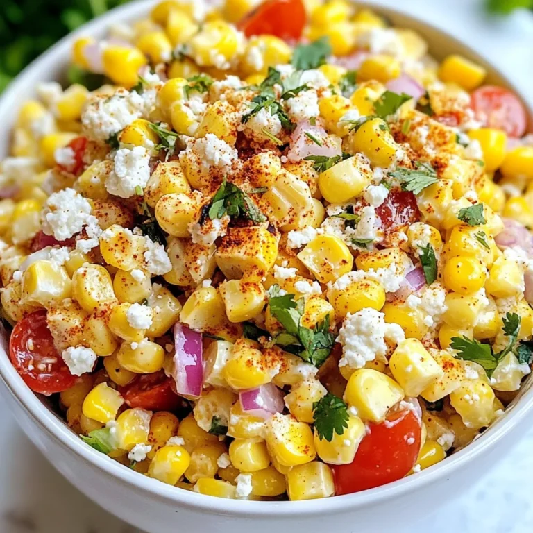 - 4 ears of fresh corn, husked and cleaned - 1 red bell pepper, diced - 1/2 cup red onion, finely chopped - 1 cup cherry tomatoes, halved - 1/2 cup cotija cheese, crumbled - 1/4 cup fresh cilantro, chopped - 2 tablespoons mayonnaise - 2 tablespoons Greek yogurt (or sour cream) - 1 tablespoon lime juice - 1 teaspoon chili powder - Salt and pepper to taste To make this Mexican street corn salad pop with flavor, we need fresh, vibrant ingredients. Start with sweet corn, which gives the salad its base. Grilling the corn adds a smoky taste that makes this dish special. Next, a red bell pepper adds crunch and sweetness. Red onion brings in a mild bite, while cherry tomatoes give juicy freshness. Cotija cheese adds a creamy and tangy element that ties it all together. Finally, fresh cilantro adds a burst of herbal flavor. For the dressing, I like using mayonnaise and Greek yogurt or sour cream for creaminess. Lime juice brightens the dish, while chili powder adds a hint of spice. Don’t forget salt and pepper to season it perfectly. These ingredients combine to create a refreshing and delicious salad that is sure to impress! {{ingredient_image_1}} Preheating the Grill Start by heating your grill to medium-high. This step is key for great flavor. Cooking Time and Techniques Place the corn directly on the grill. Cook it for about 10 minutes. Turn the corn often to get an even char. You want those nice grill marks for taste and looks. Once grilled, take the corn off the grill and let it cool. Cutting Corn Off the Cob Once the corn is cool enough to handle, grab a sharp knife. Carefully cut the kernels off the cob. Aim for a large mixing bowl to catch all the corn. Mixing Vegetables and Cheese Now, add the diced red bell pepper, chopped red onion, halved cherry tomatoes, and crumbled cotija cheese into the bowl. Mix these fresh ingredients with the corn. This combination adds great texture and taste. Whisking Ingredients In a small bowl, combine mayonnaise, Greek yogurt, lime juice, chili powder, salt, and pepper. Use a whisk to blend everything until it’s smooth. Adjusting Seasoning Taste the dressing. If it needs more flavor, add a pinch of salt or more lime juice. Adjust it to your liking. Gently Mixing Ingredients Pour the dressing over the corn mixture. Use a spatula to gently mix everything together. Make sure all the ingredients get coated well. Refrigeration Time and Tips Cover the bowl and place it in the fridge for at least 30 minutes. Chilling helps the flavors blend beautifully. Enjoy this fresh salad at your next gathering! - Avoiding Common Mistakes: Always preheat your grill. This step helps to avoid sticking. If you place corn on a cold grill, it may not cook evenly. Turn the corn every few minutes to get nice char. - Achieving Perfect Grill Marks: To get those beautiful grill marks, place corn at an angle on the grates. Cook for about 2-3 minutes on each side. Don't rush; let the corn sit before turning. - Additional Seasonings: While chili powder adds great taste, try adding garlic powder or paprika for depth. A pinch of cumin can also bring a smoky flavor. - Ingredient Substitutions: No cotija cheese? Feta cheese works well too. If you want a creamier base, swap Greek yogurt for sour cream. - Serving Suggestions: Serve the salad in a bright bowl to highlight its colors. You can also layer it in a glass for a fun look. - Garnishing for Visual Appeal: Add extra cilantro on top for a fresh look. A sprinkle of chili powder adds color and a hint of spice. Lime wedges on the side boost freshness and invite flavor. Pro Tips Grill to Perfection: Make sure to rotate the corn every few minutes to achieve even charring and enhance the smoky flavor. Fresh Ingredients Matter: Use the freshest corn you can find for the best sweetness and texture in your salad. Customize Your Spice: Adjust the chili powder according to your heat preference; you can even add chopped jalapeños for an extra kick! Chill for Flavor: Allowing the salad to chill for at least 30 minutes helps the flavors meld beautifully, making each bite more delicious. {{image_2}} To make a spicy version of Mexican Street Corn Salad, add jalapeños or hot sauce. Start with one diced jalapeño. If you like more heat, add more. You can also mix in hot sauce to the dressing. A few drops of your favorite sauce can really kick up the flavor. Adjust the heat to suit your taste. If you want a vegan version, swap out the dairy products. Use vegan mayonnaise instead of regular mayonnaise. For the cheese, try using vegan cheese or nutritional yeast. Greek yogurt can be replaced with a dairy-free yogurt. These swaps keep the creamy texture without using animal products. You can change this salad based on what’s in season. In summer, add diced cucumbers or radishes for crunch. In fall, roasted butternut squash can bring warmth. For spring, try adding peas or asparagus. You can also adapt this salad for holidays. Add festive colors like red peppers for Christmas or corn for a summer BBQ. Get creative and make it your own! To keep your Mexican street corn salad fresh, store it in an airtight container. This helps keep the flavors inside and prevents any odors from the fridge. If you have leftovers, make sure to refrigerate them within two hours after serving. - How to Store Leftovers: - Place the salad in a clean, airtight container. - Use plastic wrap or a tight lid to seal it. - Shelf Life: - This salad lasts for about three to five days in the fridge. - Always check for any signs of spoilage before enjoying leftovers. You can freeze this salad, but it may change the texture. The corn and veggies might become softer when thawed. - Best Practices for Freezing: - If you want to freeze it, store the salad without the dressing. - Place the salad in a freezer-safe container or bag. - Try to remove as much air as possible to prevent freezer burn. - Thawing and Reusing: - To use frozen salad, move it to the fridge and let it thaw overnight. - Once thawed, mix in fresh dressing to restore flavor and moisture. Yes, you can make this salad ahead of time. It tastes even better after chilling. Here are some tips for preparation in advance: - Grill the corn and cut it off the cob. - Mix all other ingredients except cilantro. - Wait to add the dressing until just before serving. - Stir in chopped cilantro right before serving for freshness. This salad pairs well with many dishes. Here are some suggested pairings: - Grilled chicken or steak adds protein. - Tacos or burritos complement the flavors. - Serve with tortilla chips for crunch. - It also works great next to a fresh salsa. The salad lasts about 3 days in the fridge. Here’s some storage advice: - Store it in an airtight container. - Keep it cool to maintain freshness. - If the dressing separates, just stir it again before eating. This post shared how to make a tasty Mexican Street Corn Salad. We explored fresh ingredients like corn, bell peppers, and Cotija cheese. Then, we walked through grilling corn and creating a creamy dressing. I also gave tips for flavor and presentation, plus fun variations. In closing, this salad is easy to make and great for gatherings. It’s fresh, colorful, and full of flavor. Enjoy making it for your next meal!