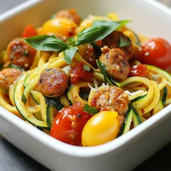 - Chicken sausage: 1 lb (450g), sliced - Zucchini: 2 medium, spiralized - Garlic: 2 cloves, minced - Cherry tomatoes: 1 cup, halved - Olive oil: 1 tablespoon - Italian seasoning: 1 teaspoon - Red pepper flakes: Β½ teaspoon (optional) - Salt and pepper: to taste - Parmesan cheese: ΒΌ cup (optional) - Fresh basil leaves for garnish For this dish, I use chicken sausage for its rich flavor. It cooks quickly and adds a great texture. Zucchini, spiralized into noodles, gives the dish a light feel. Garlic adds depth to the taste, while cherry tomatoes bring sweetness. Olive oil helps to cook the ingredients and adds a lovely richness. Italian seasoning gives a hint of herbs, and red pepper flakes can add a nice kick if you like spice. Don't forget salt and pepper to enhance all the flavors. If you want to elevate it, sprinkle some Parmesan cheese on top. Fresh basil leaves make the dish look beautiful and add freshness. Enjoy these simple yet flavorful ingredients in your next meal! {{ingredient_image_1}} 1. Heat olive oil in a skillet over medium heat. This oil adds great flavor. 2. Cook chicken sausage until browned. This takes about 5 to 7 minutes. 3. SautΓ© minced garlic for one minute. You want the garlic to smell great. 1. Add cherry tomatoes to the skillet. Cook them for 3 to 4 minutes until soft. 2. Mix in spiralized zucchini. Toss everything together for an even blend. 3. Season with Italian seasoning, salt, and pepper. Add red pepper flakes if you like heat. 1. Cook until zucchini is tender but not mushy. This keeps a nice bite. 2. Stir in Parmesan cheese for creaminess. This is optional but tasty. 3. Serve with fresh basil leaves on top. They add a touch of color and flavor. To get the best texture for zucchini, spiralize it and cook it briefly. Cook until it is tender but still crisp. This takes about 2-3 minutes. If you overcook it, the zucchini will become mushy. For slicing chicken sausage evenly, use a sharp knife. Cut into pieces about Β½ inch thick. This helps them cook evenly. Make sure to slice them while they are cold. This makes it easier to cut without squishing. To add more flavor, try fresh herbs like thyme or oregano. You can also use parsley for a fresh taste. For a zestier kick, add lemon zest or juice. If you want to adjust the spice level, use less red pepper flakes. You can also add a pinch of cayenne for more heat. Start small, and taste as you go. Chicken Sausage Zucchini Pasta pairs well with a simple side salad. A light vinaigrette works great. You can also serve it with garlic bread for a hearty meal. For creative plating, use a large bowl. Layer the pasta and top it with fresh basil leaves. Grate extra Parmesan cheese on top for a nice finish. Pro Tips Use Fresh Zucchini: Fresh zucchini will yield the best flavor and texture. Look for firm zucchinis with a vibrant color for optimal results. Cook Sausage Thoroughly: Ensure the chicken sausage is cooked until itβs nicely browned to enhance its flavor and ensure food safety. Adjust Seasoning: Taste your dish before serving and adjust the seasoning as needed. You can add more Italian seasoning or red pepper flakes for an extra kick! Garnish for Flavor: Fresh basil not only adds a pop of color but also enhances the dish's flavor. Don't skip this step for a complete meal experience! {{image_2}} You can change the proteins in this dish. Instead of chicken sausage, try turkey sausage, pork sausage, or even tofu. Each will add a unique taste. You can also use shrimp or chicken breast for a lighter touch. For vegetables, consider using bell peppers, spinach, or mushrooms. These additions add flavor and color. You can mix and match based on what you have at home. The goal is to keep it fresh and fun. For gluten-free needs, swap regular pasta for gluten-free pasta. Options like brown rice pasta or chickpea pasta work well. They give you that same hearty feel. If you want a vegetarian or vegan version, skip the sausage. Use lentils or a plant-based sausage instead. You can also add more beans for protein. This keeps the dish filling and healthy. You can change how you cook this dish. Try oven-baking it for a different texture. Just toss all the ingredients in a baking dish, and cook until the zucchini is tender. Another fun twist is making a chilled pasta salad. Cook the pasta and let it cool. Then, mix in the other ingredients. Drizzle with olive oil and lemon juice for a refreshing meal. This is perfect for hot days or picnics. To store leftovers, place Chicken Sausage Zucchini Pasta in an airtight container. Make sure it cools down first. Store it in the fridge for up to three days. When you're ready to eat, reheat it on the stove. Heat on low to keep it from drying out. You can also use a microwave. Just cover it to keep moisture in. Yes, you can freeze Chicken Sausage Zucchini Pasta. To freeze, let it cool completely. Portion it into freezer-safe containers or bags. Remove as much air as possible. It will stay good for about three months. To defrost, move it to the fridge overnight. Reheat on the stove or microwave until warm. In the fridge, Chicken Sausage Zucchini Pasta lasts about three days. If you freeze it, use it within three months for the best taste. Signs of spoilage include a sour smell or mold. If it looks or smells off, don't eat it. Always trust your senses to keep meals safe. How many calories are in Chicken Sausage Zucchini Pasta? One serving of Chicken Sausage Zucchini Pasta has about 350 calories. The amount may change based on the type of sausage and cheese you use. To keep it lighter, opt for low-fat sausage and skip the cheese. Can I make this dish ahead of time? Yes, you can make Chicken Sausage Zucchini Pasta ahead of time. Cook it fully and store it in an airtight container. It stays fresh in the fridge for up to three days. What can I use instead of Italian seasoning? If you don't have Italian seasoning, you can mix dried basil, oregano, and thyme. Fresh herbs work well too! Adjust the amounts based on your taste. How should I spiralize zucchini properly? To spiralize zucchini, start with clean zucchinis. Cut off both ends. Place it in a spiralizer and twist gently. You can also use a vegetable peeler for long ribbons. Aim for thin strands for the best texture. How long can I store leftovers in the fridge? Leftovers can last in the fridge for up to three days. Make sure to keep them in a sealed container to prevent drying out. Can I add other proteins to the dish? Absolutely! You can add chicken, shrimp, or even tofu. Just cook the protein first, then combine it with the other ingredients. This adds extra flavor and nutrition to your meal. This blog post showed how to create a tasty Chicken Sausage Zucchini Pasta. You learned the key ingredients, step-by-step instructions, and tips for great results. Remember, you can modify the recipe to your taste and dietary needs. Store leftovers properly and consider freezing for later. I'm confident this dish will impress your family and friends, whether you stick to the original or make changes. Enjoy cooking and savoring this healthy meal!