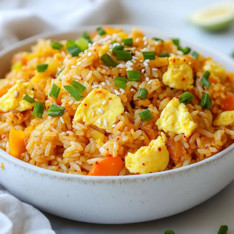 - 3 cups cooked day-old rice - 1 cup kimchi, chopped (plus 2 tablespoons kimchi juice) - 2 tablespoons vegetable oil - 1 small onion, diced - 2 garlic cloves, minced - 1 carrot, diced - 1 cup frozen peas - 2 green onions, chopped Cooked day-old rice is key. It has a firmer texture. Fresh rice can be too sticky. Kimchi adds tang and spice. The kimchi juice boosts flavor. Use any kimchi you like. Dice the onion and carrot. Mince the garlic for a strong taste. Frozen peas are easy and sweet. Green onions add color and freshness. - 2 large eggs - Sesame seeds for garnish Eggs are a great way to add protein. They also make the dish richer. Scramble them in the skillet for a creamy touch. You can sprinkle sesame seeds on top. They add crunch and flavor. - 1 tablespoon soy sauce - 1 teaspoon sesame oil - Salt and pepper to taste Soy sauce gives a savory taste. It enhances the umami flavor of the rice. Sesame oil adds a nutty aroma. Use salt and pepper to adjust flavors. Mix everything well for a tasty meal. {{ingredient_image_1}} Start by dicing your vegetables. Chop your onion, carrot, and green onions. Mince the garlic. This makes cooking faster and easier. Next, chop the kimchi into small pieces. Don't forget to save some kimchi juice for later. Make sure your rice is day-old. Fresh rice can be sticky. Day-old rice is dryer and works better for frying. If you don't have day-old rice, spread fresh rice on a plate to cool. Heat vegetable oil in a large skillet or wok over medium-high heat. Add the diced onion and minced garlic. Sauté them until they smell great and the onion turns clear. This takes about 2-3 minutes. Then, toss in the diced carrot. Cook for an extra 2 minutes until it softens a bit. Push the veggies to one side of the skillet. Crack the eggs on the other side. Scramble them until fully cooked. Mix the eggs with the veggies. Now, add the cooked rice to the skillet. Break up any clumps as you stir everything together. This combines all the flavors. Next, add the chopped kimchi and kimchi juice to the rice. Stir well to coat the rice evenly. Then, add the frozen peas. Cook for another 2-3 minutes until the peas are heated. Drizzle soy sauce and sesame oil over the rice. Mix everything again. Season with salt and pepper to taste. This step adds flavor and richness. Finally, fold in the chopped green onions. Cook for one more minute before removing the skillet from heat. Serve hot in bowls. Add sesame seeds and extra green onions for a nice touch. Enjoy! For the best kimchi fried rice, use day-old rice. Fresh rice is too moist. It clumps together and does not fry well. Day-old rice is drier and gives a great texture. Store it in the fridge overnight for best results. Keep your heat at medium-high. This helps the rice fry without steaming. If the heat is too low, the rice becomes soggy. If it’s too high, it can burn. You want that perfect crispy edge. You can easily add protein to your fried rice. Try chicken, tofu, or shrimp. Cook the protein first, then remove it. Add it back in with the rice for great flavor. Adjust the spice level to your liking. Gochujang is a great way to add heat. Start with a small amount, then taste. You can always add more if you want it spicier. Serving your fried rice well makes a difference. Use bowls for a nice touch. Add a sprinkle of sesame seeds on top. This adds crunch and looks pretty. Garnish with extra green onions. They add bright color and flavor. Serve with additional kimchi on the side. This gives a nice contrast to the warm rice. Enjoy the vibrant look of your dish! Pro Tips Use Day-Old Rice: Using rice that has been cooked and cooled the day before helps prevent the grains from becoming mushy, giving you the perfect texture for fried rice. Adjust Kimchi to Taste: The spice level and flavor of kimchi can vary significantly. Adjust the amount you use based on your preference for heat and tanginess. Variations Galore: Feel free to add other vegetables, such as bell peppers or zucchini, or proteins like tofu or shrimp to customize your fried rice further. Garnish for Flair: A sprinkle of sesame seeds and fresh green onions not only enhances the presentation but also adds extra flavor and crunch to your dish. {{image_2}} You can make kimchi fried rice vegetarian or vegan with simple swaps. * Exclude the eggs and add tofu for protein. * Use vegetable broth instead of soy sauce for a lighter taste. These changes keep the dish tasty and satisfying without meat. You get great texture from the tofu. Want it spicy? You can easily ramp up the heat. * Try different types of kimchi, like radish or cucumber. * Add chili flakes or a splash of hot sauce for more kick. These options let you customize the spice level to your liking. Each kimchi brings its unique flavor, making every bite exciting. You can explore fun fusion ideas with this dish. * Add curry powder for a twist on flavors. * Mix in cheese for a creamy texture. * Change up vegetables based on what’s in season. These variations let you get creative in the kitchen. You can make this dish new and exciting each time you cook it. To keep your kimchi fried rice fresh, store it in the fridge. Use an airtight container. This helps prevent moisture loss. Try to eat it within three days for the best taste. To reheat fried rice, use a skillet or microwave. If using a skillet, add a splash of water. This helps steam the rice and keeps it moist. Stir often to avoid sticking. If using a microwave, cover the bowl with a damp paper towel. This will keep the rice fluffy. To freeze kimchi fried rice, cool it first. Then, place it in a freezer-safe bag or container. Remove as much air as possible to prevent freezer burn. When ready to eat, thaw it overnight in the fridge. Reheat it in a skillet or microwave. Add a little water if needed to maintain texture. For the best Kimchi Fried Rice, use day-old rice. This rice is drier, which helps it fry better. Jasmine or short-grain rice works great too. These types add a nice texture and flavor. If you don’t have day-old rice, cook it, then cool it quickly. Spread it out on a tray to dry. Yes, you can still enjoy fried rice without kimchi. Try using pickled vegetables for a similar tangy flavor. Sauerkraut or even a splash of vinegar can work too. You can also add some hot sauce for a kick. Experiment with your favorite spicy flavors to keep it fun. Kimchi Fried Rice can last about 3 to 4 days in the fridge. Store it in an airtight container to keep it fresh. Always check for any off smells before eating. If it looks or smells bad, it's better to throw it out. Enjoy your fried rice safely! Kimchi fried rice is a simple dish that offers many flavors. We discussed key ingredients, such as cooked rice and kimchi, along with step-by-step instructions for making it. Customizing your recipe allows for endless variations. Storage tips help you enjoy leftovers safely and deliciously. In conclusion, creating this dish is fun and rewarding. You can use what you have on hand and impress anyone at your table. Enjoy your cooking journey!