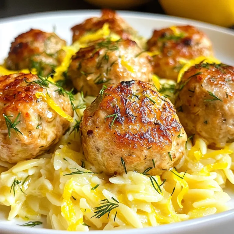 - 1 lb ground chicken - 1/4 cup breadcrumbs - 1/4 cup feta cheese, crumbled - 1/4 cup fresh parsley, finely chopped - 2 cloves garlic, minced - 1 tablespoon oregano, dried - 1 large egg - Salt and pepper to taste - Olive oil for frying - 1 cup orzo pasta - 2 cups vegetable broth - Zest of 1 lemon - 2 tablespoons lemon juice - 1/4 cup freshly chopped dill - Salt and pepper to taste The chicken meatballs and lemon orzo work well together. The meatballs have a nice balance of seasoning. The feta adds a creamy touch, while the herbs bring freshness. For the lemon orzo, the broth gives flavor. The lemon zest and juice make it bright and zesty. Dill adds a unique taste that pairs perfectly with the meatballs. These ingredients come together to create a dish that sings with flavor. You can adjust the herbs or cheese based on your taste. Enjoy experimenting with these fresh, simple ingredients! {{ingredient_image_1}} First, gather your ingredients. In a large bowl, combine ground chicken, breadcrumbs, crumbled feta cheese, chopped parsley, minced garlic, oregano, egg, salt, and pepper. Use a large spoon to mix gently. Mix just enough to blend everything. Overmixing can make the meatballs tough. You want them tender and juicy. Now, it’s time to shape the meatballs. Take a small amount of mixture and roll it into a ball about one inch wide. This size helps them cook evenly. You should end up with about 12 to 15 meatballs. Make sure they are all similar in size for even cooking. Heat a skillet over medium heat. Add a drizzle of olive oil. Wait until the oil is hot, then add the meatballs in a single layer. Brown them for about 4 to 5 minutes on each side. You want them golden brown and cooked through. Use a meat thermometer to check if they reach 165°F. Once done, remove them from the skillet and set them aside. In the same skillet, pour in the vegetable broth and bring it to a boil. Stir in the orzo and cook for about 8 to 10 minutes. Stir occasionally to prevent sticking. If the broth evaporates too fast, add a splash of water to keep it from drying out. When the orzo is al dente, add lemon zest, lemon juice, chopped dill, salt, and pepper. Mix well and let it cook for one more minute. This step allows the flavors to blend perfectly. To serve, layer the lemon orzo on a plate. Place the Greek chicken meatballs on top. You can garnish with extra dill or lemon wedges for a fresh touch. Enjoy your meal; it’s bright, flavorful, and full of goodness! - Avoiding overmixing for tenderness: When you mix the meatball ingredients, do it gently. Overmixing makes them tough. You want to keep them light and fluffy. Just mix until everything is combined. - Best browning practices for flavor: To get a nice brown crust, heat your skillet well. Add a bit of olive oil before cooking. This helps the meatballs develop a rich flavor. Brown each side for about 4-5 minutes. - Tips for achieving al dente texture: Cook the orzo in vegetable broth for extra flavor. Stir it occasionally to keep it from sticking. Check the pasta around the 8-minute mark. It should be firm but not hard. - Flavor boosting with herbs and spices: Add fresh dill and lemon to the orzo. These ingredients brighten the dish. Don’t forget to season with salt and pepper. This step makes a big difference. - Preparing meatballs in advance: You can make the meatballs ahead of time. Just keep them in the fridge for a day or two. This helps save time on busy nights. - Quick cooking tips for busy nights: If you’re in a hurry, use a wider skillet. This allows more meatballs to brown at once. It cuts cooking time and helps you get dinner on the table faster. Pro Tips Keep It Tender: Mix the meatball ingredients gently to avoid overworking the meat, which can lead to tough meatballs. Flavor Boost: For an extra burst of flavor, let the meatball mixture sit for 10-15 minutes before shaping, allowing the herbs to infuse the chicken. Perfectly Cooked Orzo: Stir the orzo occasionally while it cooks to prevent it from sticking, and taste it a minute before the recommended cooking time to ensure it's al dente. Garnish Wisely: Fresh dill or a sprinkle of extra feta on top of the dish adds a beautiful touch and enhances the overall flavor profile. {{image_2}} You can switch ground chicken for ground turkey or beef. This change gives different flavors and textures. If you need a lighter option, turkey works well. For a richer taste, beef is great too. You can also swap out breadcrumbs. Use crushed crackers or gluten-free breadcrumbs. These alternatives can work well in meatballs. If you want to skip cheese, try using nutritional yeast. It adds a cheesy flavor without dairy. To make your meatballs pop, add spices or herbs. Try cumin or paprika for warmth. You can also add fresh basil or mint for a burst of flavor. These changes can lift your dish and make it special. Different sauces can change the taste too. Serve the meatballs with tzatziki for a cool touch. Or use a spicy marinara to kick it up a notch. Experiment with what you love! Making this dish gluten-free is easy. Use gluten-free orzo or a rice substitute. This lets you enjoy the meal without worry. Check the labels to ensure everything is safe. If you need a dairy-free option, leave out the cheese. You can use a dairy-free feta or skip it entirely. The meatballs will still be delicious and tender without it. To keep your Greek chicken meatballs and lemon orzo fresh, store them in airtight containers. Make sure the food cools down first. Place the meatballs and orzo in separate containers for best results. This helps keep them from getting soggy. Refrigerate them right away. They stay good for 3 to 4 days in the fridge. When it is time to eat the leftovers, you can reheat them easily. The stovetop works best. Heat a pan over medium-low heat, and add a splash of water. Place the meatballs and orzo in the pan, cover it, and stir occasionally. This keeps the food moist. If you use a microwave, heat in short bursts. Stir after each burst to avoid dry spots. You can freeze both cooked and uncooked meatballs. For cooked meatballs, let them cool first. Then, place them in a freezer bag. Squeeze out air before sealing. They should last up to 3 months in the freezer. For uncooked meatballs, lay them on a tray to freeze first. Once solid, transfer them to a bag. For orzo, it is best to freeze it separately. If you have leftover marinades, store them in small containers too. This way, you keep your flavors fresh and ready to use later. Yes, you can make Greek chicken meatballs ahead of time. Here’s how: - Prepare the meatballs: Mix all ingredients in a bowl. Shape them into balls. - Chill them: Cover the meatballs and place them in the fridge. This helps them firm up. - Freeze for later: If you want to keep them longer, freeze the raw meatballs. Place them on a tray, freeze, then transfer to a bag. When you’re ready to cook, just thaw and fry. Pair your meatballs with tasty sides. Here are some great options: - Greek salad: Fresh tomatoes, cucumbers, and olives add a nice crunch. - Tzatziki sauce: A cool dip made with yogurt, garlic, and cucumber. - Pita bread: Soft pita is perfect for scooping up meatballs and sauce. - Roasted veggies: Try roasted zucchini or bell peppers for added flavor. To keep your orzo from getting mushy, follow these tips: - Cook in broth: Use vegetable broth for flavor and moisture control. - Watch the time: Cook orzo for only about 8-10 minutes. Check for doneness. - Stir often: Stir the orzo to prevent it from sticking together. - Add water if needed: If the broth evaporates, add a splash of water to keep it moist. Yes, you can switch up the herbs! Here are some ideas: - Basil: Adds a sweet flavor. - Thyme: Gives a nice earthy taste. - Mint: Works well for a fresh twist. - Cilantro: Adds a bright and zesty flavor. Feel free to mix and match to find your favorite! In this post, I shared how to make tasty Greek chicken meatballs with lemon orzo. You learned about the key ingredients and step-by-step instructions for success. I also provided tips to perfect your meatballs and orzo cooking. You now have options for ingredient swaps and insights on storage. Embrace this simple recipe on busy nights. Your meal can impress family and friends! Enjoy cooking and experimenting with flavors.