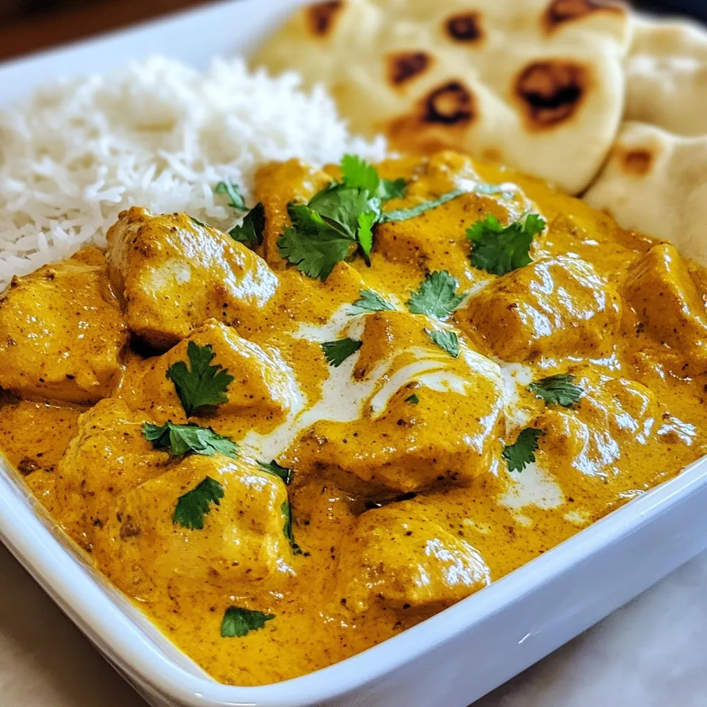 To make this easy butter chicken, gather these simple items: - 1 pound boneless chicken thighs, cubed - 1 tablespoon ginger-garlic paste - 1 teaspoon turmeric powder - 1 teaspoon garam masala - 1 teaspoon cumin powder - 1 cup plain yogurt - 1 onion, finely chopped - 2 tablespoons vegetable oil - 1 can (14 oz) crushed tomatoes - 1 cup heavy cream - 2 tablespoons butter - Salt to taste - Fresh cilantro for garnish If you lack some items, you can swap them easily. Use chicken breast instead of thighs for a leaner option. You can replace ginger-garlic paste with fresh ginger and garlic. Greek yogurt works well if plain yogurt is not on hand. For a lighter sauce, use half-and-half instead of heavy cream. If you want a dairy-free version, coconut milk is a good choice. To boost the flavor of your butter chicken, consider using fresh spices. Whole spices like cardamom or bay leaves can add depth. Fresh cilantro not only garnishes but also brightens the dish. Squeeze some lemon juice before serving for a zesty kick. Lastly, adding a pinch of sugar can balance the acidity of the tomatoes. {{ingredient_image_1}} Start with 1 pound of boneless chicken thighs. Cube the chicken into bite-sized pieces. In a bowl, mix the chicken with 1 tablespoon of ginger-garlic paste. Add 1 teaspoon of turmeric powder, 1 teaspoon of garam masala, and 1 teaspoon of cumin powder. Then, stir in 1 cup of plain yogurt. Make sure all the chicken gets coated well. Cover the bowl and let it sit for at least 30 minutes. For the best flavor, marinate it overnight. This step helps the spices soak into the chicken. Heat 2 tablespoons of vegetable oil in a large skillet over medium heat. Once hot, add 1 finely chopped onion. Sauté the onion until it turns golden brown. This adds a nice base flavor to your dish. Next, add the marinated chicken to the skillet. Cook for about 5-7 minutes. Stir occasionally until the chicken is no longer pink. This ensures even cooking throughout. Now it’s time to build the sauce. Pour in a 14 oz can of crushed tomatoes. Let the mixture simmer for 10 minutes. This allows the flavors to meld together nicely. After simmering, reduce the heat to low. Stir in 1 cup of heavy cream and 2 tablespoons of butter. Mix everything well until it's creamy and heated through. Simmer for another 5 minutes. Finally, season with salt to taste. Garnish with fresh cilantro before serving. Enjoy your delicious butter chicken! To cook chicken just right, use boneless chicken thighs. They stay moist and tender. Marinate the chicken for at least 30 minutes. This step adds flavor and keeps the meat juicy. When cooking, don’t overcrowd the pan. Give each piece space to cook evenly. Stir gently to avoid breaking the chicken apart. To boost flavor, add fresh ginger and garlic. They give a bright taste to the dish. Use fresh herbs like cilantro for garnish. This adds color and freshness. You can also drizzle a bit of lemon juice before serving. It gives a nice zing that balances the creaminess. Serve butter chicken in a deep dish. Drizzle it with cream for a rich look. Garnish with fresh cilantro for a pop of green. Pair it with warm naan or steamed rice. This makes a complete meal that everyone loves. For extra taste, offer some cucumber salad on the side. It adds crunch and freshness. Pro Tips Marinate Longer: For the best flavor, marinate the chicken overnight. This allows the spices to penetrate deeply, enhancing the dish's overall taste. Adjust Spice Levels: If you prefer a milder butter chicken, reduce the amount of garam masala and turmeric. You can always add more at the end if needed! Use Ghee for Authentic Flavor: Substitute butter with ghee for a more authentic Indian flavor. Ghee has a higher smoke point and adds richness to the dish. Fresh Herbs Matter: Always use fresh cilantro for garnish. It adds a vibrant flavor and a pop of color that enhances the dish's presentation. {{image_2}} You can switch up the protein in butter chicken. Try using shrimp, lamb, or even turkey. Each option brings its unique taste. Just make sure to adjust cooking times for different proteins. For shrimp, cook until they turn pink. Lamb may need longer to become tender. This flexibility keeps the dish fresh and exciting! For a vegetarian version, use paneer or tofu. Both options soak up the sauce well. Cut the paneer or tofu into cubes and marinate like the chicken. Cook them until golden before adding the tomatoes and cream. You can also add chickpeas for protein. This makes the dish hearty and satisfying. If you love heat, make a spicy butter chicken. Add chopped green chilies or red chili powder to the marinade. You can also toss in some crushed red pepper while cooking. This variation gives the dish a nice kick. Adjust the spice to fit your taste. It’s a great way to enjoy the classic recipe with a fiery twist! To store your butter chicken, first let it cool. Place it in an airtight container. Make sure to seal it well. This keeps the chicken fresh. You can keep it in the fridge for up to three days. If you want to eat it later, freezing is a great option. For freezing, use a freezer-safe container. Pour the cooled butter chicken into the container. Leave a little space at the top, as it will expand. Label the container with the date. You can freeze it for up to three months. When ready to eat, just thaw it in the fridge overnight. To reheat, you can use the stove or microwave. If using the stove, place the butter chicken in a pan. Heat it on low, stirring often, until hot. If using a microwave, cover it loosely and heat in short bursts. Stir between each burst to make sure it heats evenly. Enjoy your delicious meal again! Butter chicken is a popular Indian dish. It features tender chicken in a creamy sauce. The sauce includes spices, tomatoes, and butter. I love its rich, savory flavor. You can enjoy it with rice or naan. The dish originated in Delhi, India, and has become famous worldwide. Its combination of spices makes it a favorite for many. Yes, you can easily make butter chicken in a slow cooker. Start by marinating the chicken as usual. Then, add all the ingredients to the slow cooker. This includes the chicken, spices, tomatoes, and yogurt. Set it on low for about 6 to 8 hours. You will have a tasty and tender dish at the end. Just add cream and butter before serving. To adjust the spice level, try these tips. If you like it milder, reduce the spices. Use less garam masala and cumin. You can also add more cream or yogurt. This will cool down the heat. For a spicier dish, add chili powder or fresh chilies. Start with a little and taste as you go. This way, you can find the right heat for your taste. In this guide, we explored making Butter Chicken. We covered the key ingredients, how to cook the chicken, and tips for extra flavor. You learned about different variations, storage options, and answered common questions. Butter Chicken is fun to make and adjust to your taste. With these steps, you can create a dish that everyone loves. Enjoy cooking and get ready for a tasty meal!