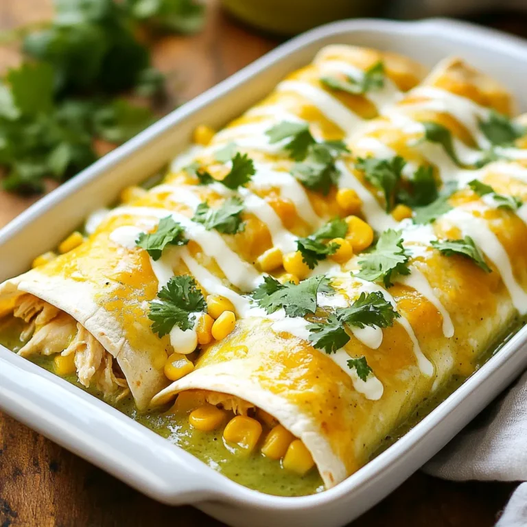 - 2 cups cooked chicken, shredded - 1 cup sour cream - 1 cup shredded Monterey Jack cheese - 1 cup green enchilada sauce - 8 small flour tortillas - 1 small onion, finely chopped - 1 cup corn kernels (fresh or frozen) I always start with the essential ingredients. Cooked chicken is a must. It adds protein and flavor. I prefer to shred it myself. Sour cream gives a rich, creamy taste. Monterey Jack cheese melts beautifully and adds a nice stretch. Green enchilada sauce adds a zesty kick. Flour tortillas hold everything together. I like using small ones for easy handling. A finely chopped onion brings sweetness and crunch. Corn kernels add natural sweetness and texture. Fresh or frozen works great here. - 1 teaspoon garlic powder - 1 teaspoon cumin - 1 teaspoon chili powder - Fresh cilantro for garnish Optional ingredients can make a big difference! Garlic powder enhances the flavor. Cumin adds warmth and earthiness. Chili powder gives a nice heat. I love using fresh cilantro on top for a burst of freshness. - Alternative cheese options: Cheddar, Pepper Jack, or a dairy-free cheese - Low-fat sour cream for a lighter dish - Different tortilla types: corn tortillas or whole wheat Not everyone likes Monterey Jack. You can use cheddar or even Pepper Jack for a kick. If you want a lighter meal, low-fat sour cream works well. You could also try corn tortillas. They are gluten-free and add a nice flavor. {{ingredient_image_1}} First, preheat your oven to 350Β°F (175Β°C). This step is key to getting your enchiladas perfectly baked. In a large bowl, combine the cooked chicken, Β½ cup of sour cream, chopped onion, corn, garlic powder, cumin, chili powder, salt, and pepper. Mix it all well. This filling is flavorful and creamy, making your enchiladas tasty. Grab a flour tortilla. Fill it with about ΒΌ cup of the chicken mixture. Roll it up tightly and place it seam-side down in a 9x13 inch baking dish. Repeat this with the remaining tortillas. You should fit all of them snugly in the dish. Now, pour the remaining Β½ cup of green enchilada sauce over the top of your rolled tortillas. Spoon the last Β½ cup of sour cream on top, then sprinkle with shredded Monterey Jack cheese. Bake in the oven for 25-30 minutes. You want the cheese to be melted and bubbly. Enjoy the rich aroma as they bake! - Donβt Overfill the Tortillas Keep your filling to about ΒΌ cup. This amount lets you roll the tortillas tightly. If you add too much, they may break. A tight roll helps keep all the flavors inside. - Use Fresh Ingredients for Best Flavor Fresh chicken and veggies make a big difference. Fresh corn adds sweetness. Fresh cilantro brightens the dish. Try to use these when you can. - Ensure Even Baking Make sure the enchiladas bake evenly. Spread the sauce well over the top. This helps keep the tortillas moist and the cheese gooey. - Check Cheese Melting Point Keep an eye on the cheese while baking. It should melt and bubble, but not burn. If it gets too brown, cover it with foil. - Best Pairings and Sides Serve these enchiladas with a side of rice or beans. A fresh salad also works well. You can also offer tortilla chips with salsa for a crunchy side. - Additional Garnishes and Sauces Top your enchiladas with sour cream for creaminess. Chopped cilantro adds a nice touch. For a kick, try adding sliced jalapeΓ±os or a drizzle of hot sauce. Pro Tips Use Leftover Chicken: This recipe is perfect for using up leftover rotisserie chicken or any cooked chicken you have on hand, making it a great time-saver. Customize Your Sauce: Feel free to swap green enchilada sauce with red for a different flavor profile or mix both for a unique twist. Add Extra Veggies: Incorporate diced bell peppers, spinach, or black beans into the chicken mixture for added nutrition and flavor. Make Ahead: Assemble the enchiladas ahead of time and store them in the refrigerator before baking. Just add a few extra minutes to the baking time. {{image_2}} You can easily swap ingredients in sour cream chicken enchiladas. If you want a vegetarian dish, try using black beans or spinach instead of chicken. These options give you a great taste and keep the meal filling. If you prefer different proteins, turkey or beef work well. Shredded turkey adds a lighter touch, while beef gives a hearty flavor. Just make sure to cook the meat thoroughly before mixing it with the other ingredients. To spice things up, add some spicy peppers to the filling. JalapeΓ±os or serranos can bring heat that many enjoy. Just chop them finely and mix them in with the chicken or beans. You can also customize the sauce. Instead of green enchilada sauce, try red sauce for a different flavor. Some people even use salsa or a creamy cheese sauce. This makes each bite exciting and fresh. After enjoying your sour cream chicken enchiladas, store any leftovers. Place them in an airtight container. They stay fresh in the fridge for up to four days. Make sure to cool them to room temperature first. This helps keep them from getting soggy. To freeze these enchiladas, use a freezer-safe container. Wrap each enchilada tightly in plastic wrap before placing them in the container. They can last up to three months in the freezer. For thawing, move them to the fridge overnight. This way, they will thaw slowly and safely. When reheating, keep your enchiladas moist. You can use the oven or microwave. If using the oven, set it to 350Β°F (175Β°C). Place the enchiladas in a baking dish and cover with foil. This helps trap steam and prevents drying out. Heat for about 20 minutes or until hot. If using the microwave, cover the plate with a damp paper towel. Heat in short bursts, checking often to avoid drying. To add heat, you can incorporate jalapeΓ±os or diced green chiles into the filling. Adding hot sauce to the sour cream is another option. You can also sprinkle cayenne pepper on top before baking. For a flavorful twist, mix in some spicy pepper jack cheese. These changes will give your dish a nice kick! Yes, you can make these enchiladas ahead of time. Prepare the filling and assemble the enchiladas in the baking dish. Cover the dish tightly with plastic wrap or foil and store it in the fridge. You can prepare them a day in advance. Just bake them when you're ready to eat. These enchiladas go well with a fresh salad or Mexican rice. You can serve them with refried beans for a hearty meal. For drinks, try serving iced tea or a light beer. A zesty limeade also complements the flavors nicely. Enjoy your meal! This article covered everything you need for tasty, easy sour cream chicken enchiladas. You learned about key ingredients, handy tips, and fun ways to switch things up. Remember to use fresh foods for the best taste. Don't be afraid to try new flavors and ingredients. With some simple steps, you can enjoy a delicious meal. Whether you share or keep these enchiladas for yourself, they are sure to please! Happy cooking!