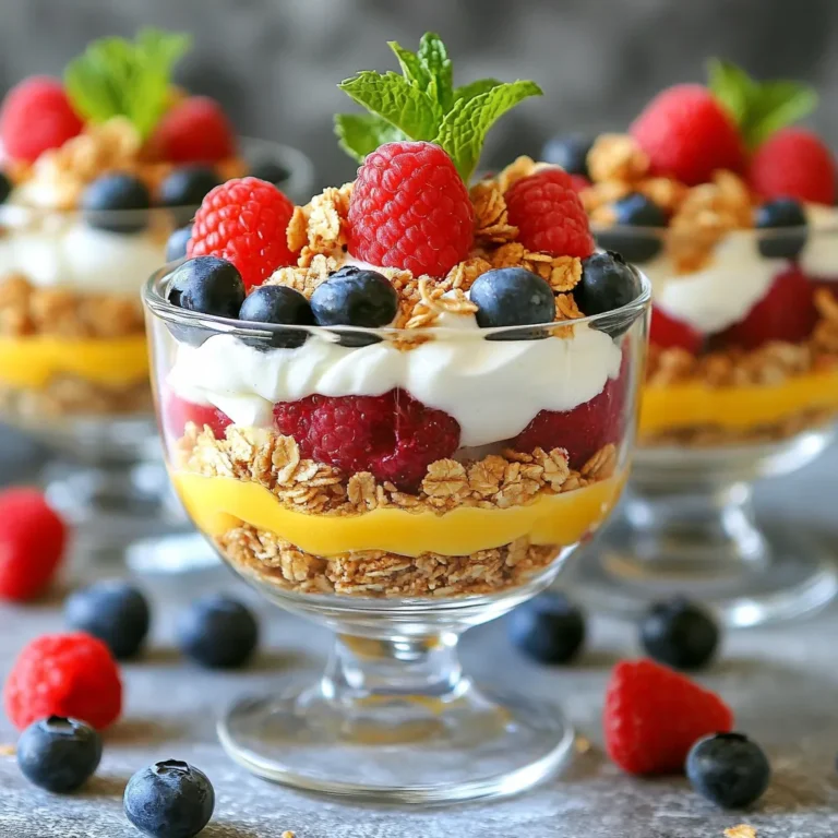 To make this easy no-bake summer berry dessert, you need a few simple ingredients. Here’s what you'll need: - 1 cup mixed berries (strawberries, blueberries, raspberries) - 1 cup whipped cream (store-bought or homemade) - 1 cup Greek yogurt (plain or vanilla) - 2 tablespoons honey or maple syrup - 1 teaspoon vanilla extract - 1 cup granola or crushed graham crackers - Fresh mint leaves for garnish Each ingredient plays an important role. The mixed berries add freshness and flavor. The whipped cream gives the dessert a light and fluffy texture. Greek yogurt adds creaminess and a slight tang. Honey or maple syrup sweetens the mix. Vanilla extract enhances the taste. Granola or crushed graham crackers provide a nice crunch. Finally, fresh mint leaves add a pop of color and a hint of freshness. When choosing your berries, look for vibrant colors and a sweet smell. This will ensure your dessert is as delicious as it looks. You can use any mix of berries you love, so feel free to get creative! {{ingredient_image_1}} Start by taking a mixing bowl. Add the Greek yogurt, honey, and vanilla extract. Stir these together until they blend well. The mixture should look creamy and smooth. Next, take a separate bowl and pour in the whipped cream. Gently fold the whipped cream into the yogurt mixture. Use a spatula to combine them. Do this slowly to keep the fluffy texture. This step is key for a light dessert. Now it's time to layer the dessert. Choose your serving cups or a large dish. Begin with a layer of granola or crushed graham crackers. Aim for about 2-3 tablespoons at the bottom. This adds a nice crunch. Next, spoon a layer of the yogurt-whipped cream mixture on top. Smooth it out with the back of a spoon. Add a layer of mixed berries next. Distribute them evenly for a colorful look. If you're using strawberries, slice them into smaller pieces. This makes the dessert easier to eat. Repeat these layers until you fill the cups or dish. Finish with a yogurt layer on top. For the final touch, add more mixed berries on top. A sprig of fresh mint adds a pop of color and freshness. This makes your dessert look fancy. Lastly, refrigerate the dessert for at least one hour. This helps it set and chill. Serve it cold for a refreshing treat. Enjoy your no-bake summer berry dessert! Choose berries that look fresh and bright. They should smell sweet and fruity. For strawberries, look for deep red color. Blueberries should be plump and firm. Raspberries need to be whole and not mushy. Avoid any berries with soft spots or mold. Fresh berries make your dessert taste great. You can adjust the sweetness to fit your taste. If you like it sweeter, add more honey or maple syrup. Start with the 2 tablespoons from the recipe. Mix in a bit more, then taste. Remember, the berries add natural sweetness too. Balance is key, so find what works for you. Serve your dessert in clear glass cups. This way, everyone can see those beautiful layers. Top each cup with extra berries and a mint leaf. You can also sprinkle some granola on top for crunch. Consider serving it on a colorful plate for more fun. Pro Tips Use Fresh Berries: Opt for fresh, seasonal berries for the best flavor and texture. Frozen berries can be used, but they may release excess moisture. Experiment with Flavors: Try different yogurt flavors or add spices like cinnamon or nutmeg to the yogurt mixture for a unique twist. Layering Technique: For a more aesthetically pleasing dessert, alternate the layers evenly and use a piping bag to create a neat yogurt layer. Chill for Best Results: Allow the dessert to chill for at least an hour before serving to let the flavors meld and the texture firm up. {{image_2}} You can change the yogurt for different tastes. If you want a dairy-free option, try coconut yogurt. It adds a creamy texture and a hint of coconut flavor. Another good choice is almond yogurt. It has a subtle nutty taste that pairs well with berries. You can also use regular yogurt if you prefer. Choose plain or vanilla based on your sweetness level. The crunchy layer can vary too. Instead of granola, try crushed nuts like almonds or walnuts. They give a nice crunch and add healthy fats. If you want something sweeter, use crushed graham crackers. You can even mix in seeds, like pumpkin or sunflower seeds, for a fun twist. This adds extra nutrition and texture to your dessert. While mixed berries are great, you can swap them out. In summer, try peaches or nectarines for a juicy flavor. In fall, consider apples or pears for a cozy touch. For winter, frozen berries work well too. They are easy to find and still taste good. No matter the season, you can make this dessert your own! To keep your no-bake summer berry dessert fresh, store it in an airtight container. Use plastic wrap or a lid to cover the dish tightly. This helps prevent the dessert from absorbing any other smells in the fridge. You can keep the dessert in the fridge for up to three days. After this time, the berries may start to lose their texture. If you want a firmer layer, eat it sooner for the best flavor and freshness. Freezing this dessert is not the best option. The texture of the yogurt and whipped cream changes when frozen. However, if you need to freeze it, place the dessert in a freezer-safe container. It can last for about a month. Just know that the texture will change once you thaw it. For best results, enjoy it fresh! Yes, you can use frozen berries. Just thaw them first. This helps keep the dessert cold and fresh. Frozen berries may release some juice, so drain excess liquid before using. This will keep your dessert from becoming too soggy. The dessert lasts about three days in the fridge. Make sure to cover it well to avoid any odors. The berries may lose some texture over time, but the taste remains great. Enjoy it fresh for the best flavor. You can use regular yogurt, dairy-free yogurt, or sour cream. Each option adds a different taste. Regular yogurt keeps the creaminess, while dairy-free options work for vegan diets. Sour cream adds a tangy flavor that may surprise you! This dessert combines mixed berries, whipped cream, and Greek yogurt for a yummy treat. We covered each step, from mixing to layering, ensuring your dish looks and tastes great. I shared tips for choosing the best ingredients, personalizing sweetness, and serving ideas. Don't forget the storage tips to keep it fresh. Feel free to get creative with different yogurt types or crunchy layers. Enjoy making this delightful dessert!