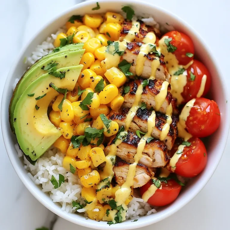- 1 cup cooked jasmine rice - 1 cup grilled chicken breast, diced - 1 cup sweet corn (fresh or canned) - 1/2 red bell pepper, diced - 1/2 cup cherry tomatoes, halved - 1 avocado, sliced - 1/4 cup cilantro leaves, chopped - 1 lime, juiced - 2 tablespoons mayonnaise - 1 tablespoon chili powder - Salt and pepper to taste - Olive oil for drizzling To make this Quick Street Corn Chicken Rice Bowl, gather all the ingredients first. You want fresh, vibrant flavors. Cooked jasmine rice gives a nice base. Grilled chicken breast adds protein, making this meal filling. Sweet corn brings a touch of sweetness and crunch. The red bell pepper adds color and a sweet crunch too. Cherry tomatoes give juicy bites, while avocado adds creaminess. Chopped cilantro gives a fresh taste, and lime juice brightens the dish. Mayonnaise mixed with chili powder creates a zesty sauce. Salt and pepper will enhance all these flavors. Finally, drizzle olive oil for extra richness. This combination makes a delightful meal that is both tasty and satisfying. {{ingredient_image_1}} First, take 1 cup of cooked jasmine rice. In a medium bowl, combine it with 1 cup of diced grilled chicken breast. This mix is the base of your bowl. Next, drizzle a little olive oil over the rice and chicken. This adds flavor and helps keep them moist. Stir gently to coat everything. Now, grab another bowl. Add 1 cup of sweet corn, either fresh or canned. Chop 1/2 a red bell pepper and toss it in. Next, halve 1/2 cup of cherry tomatoes and add those too. Finally, chop a handful of cilantro leaves and mix them in. This veggie mixture brings color and crunch to your dish. In a small bowl, whisk together 2 tablespoons of mayonnaise and the juice of 1 lime. Add 1 tablespoon of chili powder, salt, and pepper to taste. This zesty sauce will add a kick to your rice bowl. Make sure to taste it and adjust the seasoning if needed. Now itβs time to bring it all together. Add the veggie mixture to the rice and chicken bowl. Toss everything together gently. Be careful not to mash your ingredients. You want a nice blend of flavors and textures. For a great presentation, serve your bowl in colorful dishes. Top it with sliced avocado for creaminess. Drizzle the zesty sauce over the top. For a final touch, add extra cilantro and a lime wedge on the side. This makes every bite look and taste amazing! - How to cook rice quickly Use a rice cooker for fast results. It cooks rice perfectly every time. If you donβt have one, boil water first. Add rinsed jasmine rice, cover, and reduce heat. It should cook for 15 minutes on low heat. - Grilling chicken efficiently Slice chicken breasts thinly for quicker grilling. Marinate them with olive oil, salt, and pepper. Preheat your grill before adding the chicken. Cook for 5-7 minutes on each side until fully done. - Adding spices for extra flavor Spice up your dish with paprika or garlic powder. You can also mix in cumin for a richer taste. Feel free to add more chili powder for extra heat. Just sprinkle it in as you mix. - Alternative sauce recipes Try Greek yogurt mixed with lime juice and garlic for a creamy twist. You can also use salsa for a fresh kick. Experiment with what you have at home for unique flavors. - Serving in colorful bowls Bright bowls make your meal pop. Choose bowls that contrast the colors of the food. A white bowl makes the colors stand out beautifully. - Garnishing ideas Add extra cilantro on top for freshness. A lime wedge on the side looks nice and adds flavor. You can also sprinkle crushed tortilla chips for a crunchy touch. Pro Tips Use Fresh Ingredients: Fresh corn and ripe avocados will enhance the flavors and texture of your bowl, making it extra delicious. Customize Your Spice Level: Adjust the amount of chili powder to suit your taste. For a milder version, reduce the chili powder or replace it with paprika. Make It Ahead: This dish can be prepared in advance. Just store the components separately and combine them when youβre ready to serve to keep everything fresh. Garnish for Extra Flavor: Top your bowl with a dollop of sour cream or a sprinkle of feta cheese for added creaminess and a burst of flavor. {{image_2}} You can swap chicken for other proteins. Shrimp works great with this dish. Just grill it quickly for a tasty twist. Tofu is another good choice. It soaks up the flavors well. Use firm tofu and grill it, too. This keeps the meal light but still filling. Changing the veggies can add new flavors. Try using zucchini or corn instead of red bell pepper. You can add black beans for extra protein and fiber. Also, use quinoa instead of jasmine rice for a nutty taste. These swaps keep the bowl fresh and fun. Want to make it gluten-free? Just check your mayo and use a gluten-free option. For a vegan version, skip the chicken and mayo. Use avocado to add creaminess instead. This way, everyone can enjoy this quick meal while sticking to their diets. To keep your Quick Street Corn Chicken Rice Bowl fresh, use a sealed container. This helps reduce air exposure. Store it in the fridge right after serving. It lasts up to three days. If you wait too long, the flavors may fade. When you want to eat leftovers, there are great ways to reheat. Use a microwave for quick heating. Place the bowl in for about 1-2 minutes. Stir halfway to heat evenly. You can also use a skillet on low heat. Add a splash of water to keep it moist. Cover it with a lid while warming. Yes, you can freeze this dish! To freeze, place it in an airtight container or freezer bag. Make sure to remove as much air as possible. It stays good for up to three months. When ready to eat, thaw it in the fridge overnight. Then reheat as needed. Enjoy your tasty meal again! You can use other rice types. Here are some options: - Basmati rice - Brown rice - White rice - Quinoa Each of these options brings its own flavor and texture. Basmati is fragrant and light. Brown rice adds a nutty taste. White rice provides a classic base. Quinoa is gluten-free and packed with protein. Yes, you can prepare this dish in advance. Here are some tips for meal prepping: - Cook the rice and chicken, then store them in the fridge. - Chop your veggies and keep them in separate containers. - Make the zesty sauce and store it in a jar. This way, you can quickly assemble your bowls when youβre ready to eat. Just mix everything before serving. You can easily change the spice level to suit your taste. Hereβs how: - Reduce the chili powder for a milder dish. - Add more chili powder for extra heat. - Consider diced jalapeΓ±os for a fresh kick. Taste as you go, and adjust until itβs just right for you. Yes, this dish is kid-friendly! Here are some tips to make it appealing: - Use less chili powder for a milder flavor. - Let kids help with mixing the ingredients. - Serve in fun bowls to make it exciting. Kids often love colorful food, so keep it bright with veggies and avocado. This dish uses simple, fresh ingredients to create a tasty meal. We combined jasmine rice and grilled chicken with vibrant veggies and a zesty sauce. You learned easy cooking tips and how to store leftovers safely. Try swapping proteins or adjusting spice levels to suit your taste. Remember, meal prepping can save time. With colorful presentation and fun serving ideas, this dish is sure to please everyone at the table. Get creative with variations and enjoy cooking your next meal!