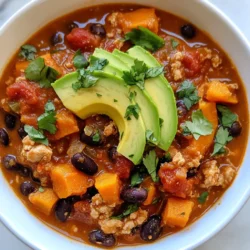 - 1 lb ground turkey - 2 medium sweet potatoes, peeled and diced - 1 can (15 oz) black beans, rinsed and drained - 1 can (15 oz) diced tomatoes with green chilies - 1 onion, diced - 2 cloves garlic, minced - 1 bell pepper (red or green), diced - 2 tablespoons chili powder - 1 teaspoon cumin - 1 teaspoon smoked paprika - ½ teaspoon salt - ¼ teaspoon black pepper - 2 cups chicken broth - 1 tablespoon olive oil Ground turkey gives the chili a lean and healthy protein. Sweet potatoes add a touch of sweetness and a hearty texture. Black beans bring fiber and richness to the dish. Diced tomatoes with green chilies add tang and a bit of heat. Aromatics like onion, garlic, and bell pepper create a flavorful base. Spices and seasonings like chili powder, cumin, and smoked paprika enhance the overall taste. - Fresh cilantro - Diced avocado - Tortilla chips Garnishes make your chili even more special. Fresh cilantro adds a bright touch. Diced avocado gives a creamy contrast to the chili. Tortilla chips offer a fun crunch. You can mix and match these toppings to suit your taste! {{ingredient_image_1}} 1. Start by heating 1 tablespoon of olive oil in a large pot over medium heat. 2. Add 1 diced onion and 1 diced bell pepper to the pot. Sauté for 5-7 minutes until they soften. 3. Next, add 2 minced garlic cloves to the pot. Sauté for 1 more minute until fragrant. 4. Stir in 1 pound of ground turkey. Cook until browned, breaking it into small pieces. This takes about 5-6 minutes. 1. Once the turkey is fully cooked, add 2 diced sweet potatoes to the pot. 2. Sprinkle in 2 tablespoons of chili powder, 1 teaspoon of cumin, 1 teaspoon of smoked paprika, ½ teaspoon of salt, and ¼ teaspoon of black pepper. Stir to mix well. 3. Pour in 2 cups of chicken broth, 1 can of diced tomatoes with green chilies, and 1 can of black beans that you rinsed and drained. Mix everything together. 4. Bring the mixture to a boil. Then, reduce the heat to low. Cover the pot and let it simmer for 25-30 minutes. Stir occasionally until the sweet potatoes are tender. 1. Taste the chili and adjust the seasonings if needed. If you want more heat, add cayenne pepper or extra chili powder. 2. Remove the pot from heat and let the chili sit for a few minutes before serving. This allows the flavors to blend nicely. To achieve the perfect turkey texture, use lean ground turkey. Brown it in the pot without overcrowding. Break it into small pieces with a spatula. This gives you that nice, crumbly texture. To ensure sweet potatoes are tender, cut them into even cubes. This helps them cook at the same rate. Add them in when you mix in the spices. Let them simmer long enough, about 25-30 minutes, to become soft and creamy. To add heat, sprinkle in some cayenne pepper or extra chili powder. Start with a small amount, then taste and adjust. You can also add chopped jalapeños for a fresh kick. For toppings, consider fresh cilantro and diced avocado. They add color and creaminess. You can also add shredded cheese or a dollop of sour cream for richness. Serve the chili hot in bowls for a cozy feel. Top each bowl with fresh cilantro and diced avocado. This makes the dish pop with color. For plating, consider using a wide, shallow bowl. This allows for a beautiful spread of toppings. You can also add tortilla chips on the side for crunch and texture. Pro Tips Choose the Right Sweet Potatoes: Select firm, smooth sweet potatoes without any blemishes for the best flavor and texture in your chili. Customize the Heat: Adjust the spice level by adding more chili powder or diced jalapeños according to your preference for a spicier chili. Let It Simmer: Allowing the chili to simmer longer enhances the flavors. If you have time, let it cook for an hour on low heat. Add Toppings: Enhance your chili with toppings like shredded cheese, sour cream, or sliced green onions for added flavor and texture. {{image_2}} Making it vegetarian/vegan You can change this recipe to be vegetarian by swapping the ground turkey for lentils or mushrooms. Lentils add protein while mushrooms give a nice texture. Use vegetable broth instead of chicken broth for a full vegan version. Low-carb alternatives If you're looking for a low-carb option, skip the sweet potatoes. Instead, try cauliflower. It cooks well and absorbs the chili flavor. You can also reduce the beans for fewer carbs. Southwestern twist with different spices Want a Southwestern flavor? Use chipotle powder or smoked paprika. You can add cumin and coriander for extra depth. This gives your chili a smoky, spicy kick. Adding seasonal vegetables Feel free to add seasonal veggies to your chili. Zucchini, carrots, or even corn work well. They add color and nutrients, making your dish even more vibrant. Alternative proteins (beef, chicken, or lentils) You can swap out the turkey for ground beef or chicken. If you want a meatless option, lentils work great. They are filling and rich in protein. Using other beans or vegetables You can use any beans you like. Kidney beans or pinto beans add different flavors. For veggies, try bell peppers or carrots for added sweetness and crunch. You can store the chili in the fridge for up to five days. Make sure to let it cool down first. Place it in an airtight container to keep it fresh. When you want to eat it, just reheat it on the stove or in the microwave. For best results, freeze the chili in portions. Use freezer-safe bags or containers. Leave some space for expansion as it freezes. The chili can last for about three months in the freezer. To thaw, move the chili to the fridge overnight. For a quicker option, you can use the microwave. When reheating, make sure it heats all the way through. Stir it often to avoid hot spots. Preparing this chili ahead of time is a great idea. You can make a big batch on the weekend. Then, store it in the fridge or freezer in meal-sized portions. This way, you have easy meals ready for busy days. Just heat and enjoy! Can I use sweet potato puree instead of diced sweet potatoes? You can use sweet potato puree. It will change the chili's texture. You may need to adjust cooking time. Start with a smaller amount, then add more if you like. What can I substitute for ground turkey? You can use ground chicken, beef, or plant-based meat. Each option gives a different taste. Choose what you enjoy most. How can I make this recipe spicier? To make it spicier, add cayenne pepper or more chili powder. You can also mix in fresh jalapeños. Adjust to fit your heat level. General nutritional breakdown This chili packs protein from turkey and fiber from beans and sweet potatoes. It has vitamins A and C from sweet potatoes and peppers. Caloric content per serving Each serving has around 350-400 calories. This depends on how much turkey and beans you use. Ideal serving sizes for different appetites For small appetites, serve one cup. For larger appetites, aim for one and a half cups. Adjust based on your own hunger. Suggestions for side dishes or accompaniments Pair the chili with cornbread for a hearty meal. Tortilla chips add a fun crunch. You might also enjoy a fresh salad on the side. This chili recipe is simple and full of flavor. You need key ingredients like ground turkey, sweet potatoes, and black beans. Follow step-by-step instructions for best results. Use tips to enhance flavor and presentation. Don’t forget the options for dietary needs and ingredient swaps. In the end, chili is versatile. You can make it your own. Enjoy preparing and sharing this dish with friends or family. It's sure to please everyone.