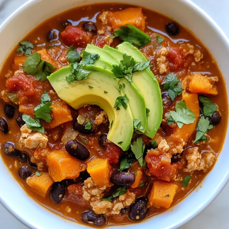- 1 lb ground turkey - 2 medium sweet potatoes, peeled and diced - 1 can (15 oz) black beans, rinsed and drained - 1 can (15 oz) diced tomatoes with green chilies - 1 onion, diced - 2 cloves garlic, minced - 1 bell pepper (red or green), diced - 2 tablespoons chili powder - 1 teaspoon cumin - 1 teaspoon smoked paprika - ½ teaspoon salt - ¼ teaspoon black pepper - 2 cups chicken broth - 1 tablespoon olive oil Ground turkey gives the chili a lean and healthy protein. Sweet potatoes add a touch of sweetness and a hearty texture. Black beans bring fiber and richness to the dish. Diced tomatoes with green chilies add tang and a bit of heat. Aromatics like onion, garlic, and bell pepper create a flavorful base. Spices and seasonings like chili powder, cumin, and smoked paprika enhance the overall taste. - Fresh cilantro - Diced avocado - Tortilla chips Garnishes make your chili even more special. Fresh cilantro adds a bright touch. Diced avocado gives a creamy contrast to the chili. Tortilla chips offer a fun crunch. You can mix and match these toppings to suit your taste! {{ingredient_image_1}} 1. Start by heating 1 tablespoon of olive oil in a large pot over medium heat. 2. Add 1 diced onion and 1 diced bell pepper to the pot. Sauté for 5-7 minutes until they soften. 3. Next, add 2 minced garlic cloves to the pot. Sauté for 1 more minute until fragrant. 4. Stir in 1 pound of ground turkey. Cook until browned, breaking it into small pieces. This takes about 5-6 minutes. 1. Once the turkey is fully cooked, add 2 diced sweet potatoes to the pot. 2. Sprinkle in 2 tablespoons of chili powder, 1 teaspoon of cumin, 1 teaspoon of smoked paprika, ½ teaspoon of salt, and ¼ teaspoon of black pepper. Stir to mix well. 3. Pour in 2 cups of chicken broth, 1 can of diced tomatoes with green chilies, and 1 can of black beans that you rinsed and drained. Mix everything together. 4. Bring the mixture to a boil. Then, reduce the heat to low. Cover the pot and let it simmer for 25-30 minutes. Stir occasionally until the sweet potatoes are tender. 1. Taste the chili and adjust the seasonings if needed. If you want more heat, add cayenne pepper or extra chili powder. 2. Remove the pot from heat and let the chili sit for a few minutes before serving. This allows the flavors to blend nicely. To achieve the perfect turkey texture, use lean ground turkey. Brown it in the pot without overcrowding. Break it into small pieces with a spatula. This gives you that nice, crumbly texture. To ensure sweet potatoes are tender, cut them into even cubes. This helps them cook at the same rate. Add them in when you mix in the spices. Let them simmer long enough, about 25-30 minutes, to become soft and creamy. To add heat, sprinkle in some cayenne pepper or extra chili powder. Start with a small amount, then taste and adjust. You can also add chopped jalapeños for a fresh kick. For toppings, consider fresh cilantro and diced avocado. They add color and creaminess. You can also add shredded cheese or a dollop of sour cream for richness. Serve the chili hot in bowls for a cozy feel. Top each bowl with fresh cilantro and diced avocado. This makes the dish pop with color. For plating, consider using a wide, shallow bowl. This allows for a beautiful spread of toppings. You can also add tortilla chips on the side for crunch and texture. Pro Tips Choose the Right Sweet Potatoes: Select firm, smooth sweet potatoes without any blemishes for the best flavor and texture in your chili. Customize the Heat: Adjust the spice level by adding more chili powder or diced jalapeños according to your preference for a spicier chili. Let It Simmer: Allowing the chili to simmer longer enhances the flavors. If you have time, let it cook for an hour on low heat. Add Toppings: Enhance your chili with toppings like shredded cheese, sour cream, or sliced green onions for added flavor and texture. {{image_2}} Making it vegetarian/vegan You can change this recipe to be vegetarian by swapping the ground turkey for lentils or mushrooms. Lentils add protein while mushrooms give a nice texture. Use vegetable broth instead of chicken broth for a full vegan version. Low-carb alternatives If you're looking for a low-carb option, skip the sweet potatoes. Instead, try cauliflower. It cooks well and absorbs the chili flavor. You can also reduce the beans for fewer carbs. Southwestern twist with different spices Want a Southwestern flavor? Use chipotle powder or smoked paprika. You can add cumin and coriander for extra depth. This gives your chili a smoky, spicy kick. Adding seasonal vegetables Feel free to add seasonal veggies to your chili. Zucchini, carrots, or even corn work well. They add color and nutrients, making your dish even more vibrant. Alternative proteins (beef, chicken, or lentils) You can swap out the turkey for ground beef or chicken. If you want a meatless option, lentils work great. They are filling and rich in protein. Using other beans or vegetables You can use any beans you like. Kidney beans or pinto beans add different flavors. For veggies, try bell peppers or carrots for added sweetness and crunch. You can store the chili in the fridge for up to five days. Make sure to let it cool down first. Place it in an airtight container to keep it fresh. When you want to eat it, just reheat it on the stove or in the microwave. For best results, freeze the chili in portions. Use freezer-safe bags or containers. Leave some space for expansion as it freezes. The chili can last for about three months in the freezer. To thaw, move the chili to the fridge overnight. For a quicker option, you can use the microwave. When reheating, make sure it heats all the way through. Stir it often to avoid hot spots. Preparing this chili ahead of time is a great idea. You can make a big batch on the weekend. Then, store it in the fridge or freezer in meal-sized portions. This way, you have easy meals ready for busy days. Just heat and enjoy! Can I use sweet potato puree instead of diced sweet potatoes? You can use sweet potato puree. It will change the chili's texture. You may need to adjust cooking time. Start with a smaller amount, then add more if you like. What can I substitute for ground turkey? You can use ground chicken, beef, or plant-based meat. Each option gives a different taste. Choose what you enjoy most. How can I make this recipe spicier? To make it spicier, add cayenne pepper or more chili powder. You can also mix in fresh jalapeños. Adjust to fit your heat level. General nutritional breakdown This chili packs protein from turkey and fiber from beans and sweet potatoes. It has vitamins A and C from sweet potatoes and peppers. Caloric content per serving Each serving has around 350-400 calories. This depends on how much turkey and beans you use. Ideal serving sizes for different appetites For small appetites, serve one cup. For larger appetites, aim for one and a half cups. Adjust based on your own hunger. Suggestions for side dishes or accompaniments Pair the chili with cornbread for a hearty meal. Tortilla chips add a fun crunch. You might also enjoy a fresh salad on the side. This chili recipe is simple and full of flavor. You need key ingredients like ground turkey, sweet potatoes, and black beans. Follow step-by-step instructions for best results. Use tips to enhance flavor and presentation. Don’t forget the options for dietary needs and ingredient swaps. In the end, chili is versatile. You can make it your own. Enjoy preparing and sharing this dish with friends or family. It's sure to please everyone.