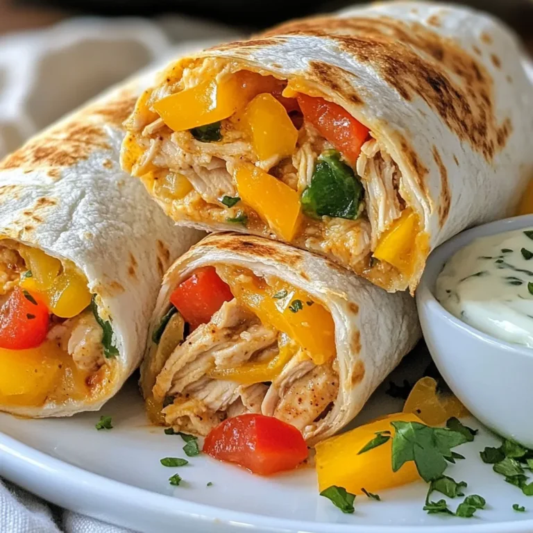 - 2 cups cooked chicken, shredded - 1 large red bell pepper, diced - 1 large yellow bell pepper, diced - 1 cup ranch dressing - 1 cup shredded cheddar cheese - 1 teaspoon garlic powder - 1 teaspoon onion powder - Β½ teaspoon smoked paprika - 4 large flour tortillas - Salt and pepper to taste - 1 cup baby spinach (adds color and nutrition) - Sliced jalapeΓ±os (for a spicy kick) - Black beans (for extra protein) - Large mixing bowl - Cutting board - Sharp knife - Skillet (for optional toasting) - Spatula or tongs (for flipping burritos) Gather all these ingredients and tools before you start. This prep makes cooking easy and fun. The chicken and bell peppers bring great flavor. The ranch dressing makes it creamy and tasty. Adding spinach or beans boosts nutrition. {{ingredient_image_1}} To start, grab a large mixing bowl. Add 2 cups of cooked, shredded chicken. Next, toss in 1 large diced red bell pepper and 1 large diced yellow bell pepper. Then, sprinkle in 1 teaspoon of garlic powder and 1 teaspoon of onion powder. Add Β½ teaspoon of smoked paprika for a nice touch. Pour in 1 cup of ranch dressing, making the mixture creamy and tasty. Finally, mix in half of the 1 cup of shredded cheddar cheese. Stir well until all the ingredients are coated. Taste the filling and add salt and pepper as needed. Now, take a large flour tortilla and lay it flat on a clean surface. If you want an extra crunch, place a handful of baby spinach in the center. Scoop about a cup of your chicken and bell pepper filling onto the tortilla. Fold the sides over the filling, then roll the tortilla tightly from the bottom. This creates a neat burrito shape. Repeat this process with the rest of the tortillas and filling until you have a delicious stack ready. For added flavor, heat a skillet over medium heat. Place each burrito in the skillet and toast for 2-3 minutes on each side. This makes the outside golden and crispy. Once done, slice each burrito in half diagonally for serving. If you like, sprinkle the remaining cheddar cheese on top. Serve with extra ranch dressing on the side for dipping. Enjoy your tasty Chicken Bell Pepper Ranch Burritos! Cooked chicken makes your burritos tasty and filling. You can use rotisserie chicken for quick prep. If you cook chicken at home, poach or grill the breasts. This keeps the meat moist. Use a meat thermometer to check the temperature. Aim for 165Β°F. This ensures the chicken is safe to eat. To roll your burritos well, start with a warm tortilla. A warm tortilla is easy to fold. Place your filling in the center but leave space on the edges. Fold the sides over the filling first. Then, roll from the bottom up. This keeps all the good stuff inside. Practice makes perfect, so donβt worry if itβs not perfect the first time. You can make your burritos even better with a few tweaks. Adding spices can boost the flavor. Try a dash of cumin for warmth. You can also mix in fresh herbs like cilantro for a fresh taste. If you love heat, add diced jalapeΓ±os to the filling. For a creamy kick, drizzle more ranch dressing inside before rolling. Pro Tips Shred Your Chicken: For the best texture, use two forks to shred the chicken into small, bite-sized pieces. This allows the chicken to mix evenly with the other ingredients. Customize Your Spice: If you enjoy a bit of heat, consider adding diced jalapeΓ±os or a dash of hot sauce to the filling for an extra kick. Make Ahead: Prepare the filling a day in advance and store it in the refrigerator. This allows the flavors to meld and makes for a quick meal the next day. Perfectly Toasted Burritos: For an extra crispy exterior, use medium heat and give the burritos a few minutes on each side in the skillet. Keep an eye on them to avoid burning. {{image_2}} You can make a tasty vegetarian version by using black beans. Swap out the chicken for 2 cups of cooked black beans. This change keeps the burrito filling hearty and satisfying. Mix the black beans with diced red and yellow bell peppers, ranch dressing, and seasonings. This way, you still get a rich flavor without meat. Cheese can change the taste of your burrito. Try using pepper jack cheese for a zesty kick or mozzarella for a milder flavor. Mix your chosen cheese in with the filling to create a melty, gooey texture. You can also sprinkle extra cheese on top before serving for added richness. If you like heat, add jalapeΓ±os to your filling. Use fresh jalapeΓ±os for a crisp texture or pickled ones for tangy flavor. Dice about half a cup and mix them in with the other ingredients. This spicy twist gives your burrito an exciting kick that spice lovers will enjoy. To keep your Chicken Bell Pepper Ranch Burritos fresh, wrap each one in foil or plastic wrap. This prevents them from drying out. Store them in the fridge for up to three days. If you have extra filling, you can store it in a separate container. This way, you can enjoy burritos again later. Freezing is a great option if you want to save burritos for later. First, let the burritos cool completely. Then, wrap each burrito tightly in plastic wrap. Place them in a freezer bag or container. This helps prevent freezer burn. You can freeze them for up to three months. When you're ready to eat, you have a few options. For the best texture, reheat in the oven. Preheat the oven to 350Β°F (175Β°C). Unwrap the burrito and place it on a baking sheet. Heat for about 15-20 minutes until warm. You can also use a microwave if you're short on time. Wrap the burrito in a damp paper towel and heat for 1-2 minutes. Just be careful, as microwaves can make them soggy. Enjoy your delicious burritos! Yes, you can make Chicken Bell Pepper Ranch Burritos in advance. Prepare the filling and store it in the fridge for up to two days. You can also wrap the burritos tightly in foil or plastic wrap and freeze them. When you're ready, just reheat them in the oven or microwave. Serve Chicken Bell Pepper Ranch Burritos with tasty sides like: - Mexican rice - Refried beans - Fresh salsa - Guacamole - A simple green salad These sides will add extra flavor and color to your meal. To keep burritos from getting soggy, follow these tips: - Use dry fillings. Drain any excess liquid from cooked veggies or meats. - Avoid overfilling the burritos. Less is often more! - Wrap them tightly in foil. This keeps moisture out. - If you can, toast the burritos after wrapping. This adds a nice crunch and helps seal in freshness. You learned about making Chicken Bell Pepper Ranch Burritos and their key components. We covered the main ingredients, optional add-ins, and essential tools for cooking. I guided you through each step, from filling to serving burritos. Tips for cooking chicken and rolling burritos helped enhance your skills. You also discovered tasty variations and storage tips. Now you can create delicious burritos with ease. Enjoy experimenting with flavors and impressing your friends and family!